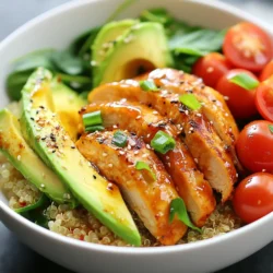 - 2 boneless, skinless chicken breasts - 1 cup cooked quinoa - 1 tablespoon olive oil - 1 teaspoon garlic powder - 1 teaspoon smoked paprika - 1/4 cup hot honey These ingredients come together to create a dish that sings with flavors. The chicken is the star, cooked to juicy perfection. Quinoa adds texture and nutrition. Olive oil helps with cooking, while garlic powder and smoked paprika add depth. Hot honey brings the sweet and spicy kick that makes this bowl unforgettable. - 1 cup cherry tomatoes, halved - 1 avocado, sliced - 1 cup baby spinach or arugula - 2 green onions, chopped Fresh ingredients brighten up the bowl. Cherry tomatoes offer a burst of sweetness. Avocado adds creaminess and healthy fats. Baby spinach or arugula provides a fresh crunch. Lastly, green onions add a lovely hint of onion flavor. - Sesame seeds for garnish - Hot sauce mix for flavor enhancement While optional, sesame seeds give a nice crunch and visual appeal. If you want more heat, feel free to add a hot sauce mix. It’s all about your taste and how spicy you like it! {{ingredient_image_1}} To start, pat the chicken breasts dry with paper towels. This step is key. It helps the chicken sear well and get crispy. Next, season both sides with garlic powder, smoked paprika, salt, and pepper. Seasoning adds depth and flavor. Without it, your chicken may taste bland. Heat a tablespoon of olive oil in a large skillet over medium-high heat. Once the oil is hot, add the seasoned chicken breasts. Cook for 6-7 minutes on each side. You want them golden brown. Use a meat thermometer to check doneness. The chicken should reach 165°F (75°C) for safe eating. Now, reduce the heat to low. Pour the hot honey over the cooked chicken in the skillet. Let it simmer for 2-3 minutes. Make sure to turn the chicken to coat it evenly in the glaze. While the chicken simmers, prepare your serving bowl. Start with a base of cooked quinoa, then add baby spinach or arugula. This layering creates a colorful and tasty bowl. Next, slice the honey-glazed chicken and place it on top of the quinoa. Add halved cherry tomatoes and sliced avocado. Finally, sprinkle chopped green onions on top. If you like, drizzle any remaining hot honey from the skillet over the entire bowl for extra flavor. - Use a meat thermometer. Cook chicken to an internal temperature of 165°F (75°C). - To get a golden-brown crust, pat the chicken dry first. Season it well. Searing in hot oil also helps. - Hot honey blends sweet and spicy. Adjust the mix to get the right balance. - You can make hot honey at home. Mix honey with a dash of your favorite hot sauce. - Layer your ingredients neatly. Start with quinoa, then add greens and toppings. - Garnish with green onions and sesame seeds. This adds color and flavor. Enjoy the visual appeal! Pro Tips Rest the Chicken: After cooking, let your chicken rest for a few minutes before slicing. This allows the juices to redistribute, making the meat more tender and flavorful. Customize the Heat: If you prefer a milder flavor, reduce the amount of hot honey or mix it with regular honey. You can always add more heat to your liking at the end! Quinoa Variations: Feel free to substitute quinoa with brown rice, farro, or even cauliflower rice for a low-carb option. Each grain will give a different texture and flavor. Fresh Toppings: Experiment with different toppings like diced cucumbers, radishes, or a sprinkle of feta cheese to add freshness and complexity to your chicken bowl. {{image_2}} You can easily swap chicken for tofu or tempeh. Both options soak up flavors well. Use firm tofu for the best texture. Cut it into chunks and season like the chicken. For tempeh, steam it first to soften. Cook both in the same way as the chicken. Then, glaze them with hot honey for a sweet and spicy kick. Try using brown rice or couscous instead of quinoa. Both grains have unique flavors and textures. Brown rice adds a nutty taste, while couscous cooks quickly. You can also mix in seasonal vegetables for freshness. Think of bell peppers, zucchini, or broccoli. These add color and nutrients to your dish. Pair your bowl with sides like roasted veggies or a crisp salad. A light cucumber salad complements the spice well. If you meal prep, divide the bowl into containers. This makes lunch easy and tasty. You can also add a side of hummus or yogurt for dipping. To keep your Hot Honey Chicken Bowl fresh, store leftovers in an airtight container. Place the chicken, quinoa, and veggies together or separately for best results. In the fridge, enjoy your meal within three days. For freezing, wrap the chicken tightly in plastic wrap, and place it in a freezer bag. You can freeze the hot honey sauce in a small container. It will stay good for up to three months. Just remember to label your containers with the date! To reheat, the best method is to use the oven. Preheat it to 350°F (175°C). Place the chicken in a baking dish and cover it with foil. Heat for about 15-20 minutes. This keeps the chicken tender and juicy. You can also use the microwave. Heat on medium power in short bursts of 1 minute. Check often to avoid overcooking. If using the microwave, add a splash of water to keep it moist. The chicken lasts about 3-4 days in the fridge. Quinoa and veggies stay fresh for the same time. If you freeze them, the chicken and sauce last about three months. Watch for signs of spoilage. If the chicken looks gray or smells off, it's best to toss it. For quinoa, look for a sour smell or unusual texture. Always trust your senses when it comes to food safety! Hot honey is a mix of honey and heat. It brings sweet and spicy flavors together. You can make it by adding a small amount of hot sauce to honey. You can also infuse honey with chili peppers. This sweet and spicy blend works well on many dishes. Use it on chicken, pizza, or even vegetables. It adds a fun twist and brightens up your meals. Yes, this recipe can be dairy-free! Check your ingredients carefully. Chicken, quinoa, and hot honey are all dairy-free. The only potential dairy comes from any sauces or toppings. If you add cheese, just skip it or use a dairy-free option. This way, everyone can enjoy the hot honey chicken bowl. You can change the spice level easily in this recipe. If you want less heat, use less hot sauce or mix in regular honey. For more heat, add more hot sauce to the honey. You can also use hotter peppers for a kick. Tasting as you go helps to find the right heat for your taste. Enjoy experimenting until you find your perfect balance! This blog post covered the key ingredients, cooking steps, and tips for a tasty chicken dish. I shared ways to enhance flavors with hot honey and how to serve everything up nicely. Remember, you can switch out ingredients to match your taste and needs, like trying a vegetarian option. Proper storage and reheating techniques help keep your meal fresh for later. With these insights, you can cook delicious meals and enjoy them again. Happy cooking!