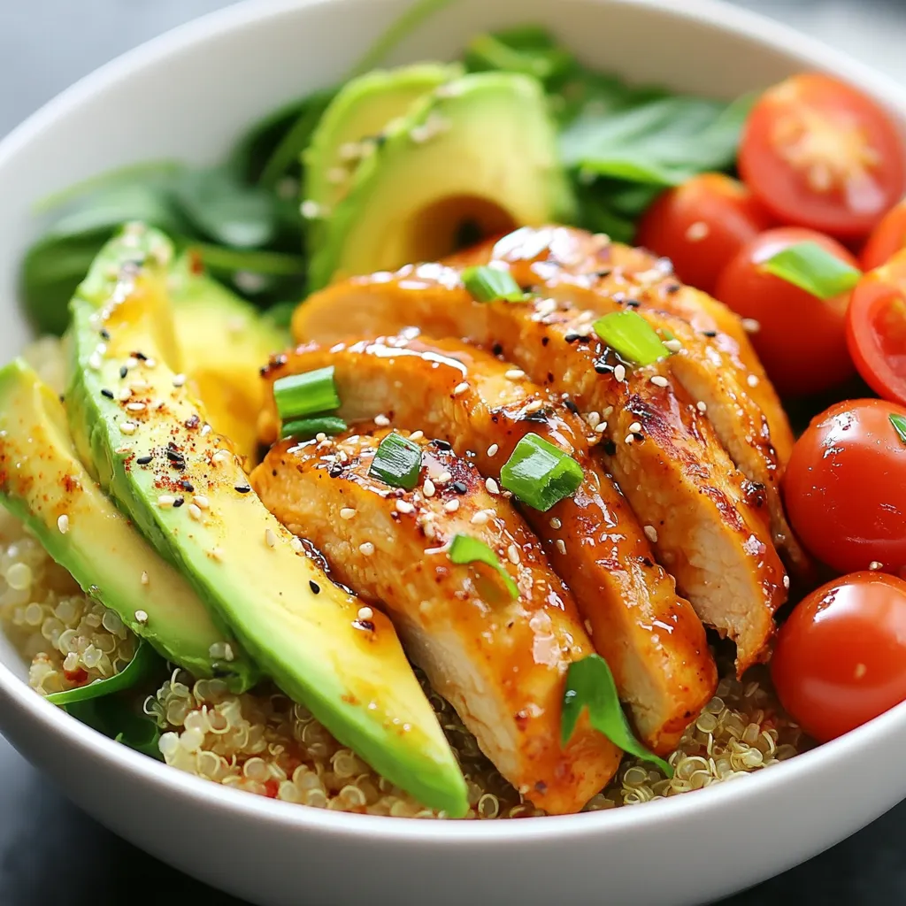 - 2 boneless, skinless chicken breasts - 1 cup cooked quinoa - 1 tablespoon olive oil - 1 teaspoon garlic powder - 1 teaspoon smoked paprika - 1/4 cup hot honey These ingredients come together to create a dish that sings with flavors. The chicken is the star, cooked to juicy perfection. Quinoa adds texture and nutrition. Olive oil helps with cooking, while garlic powder and smoked paprika add depth. Hot honey brings the sweet and spicy kick that makes this bowl unforgettable. - 1 cup cherry tomatoes, halved - 1 avocado, sliced - 1 cup baby spinach or arugula - 2 green onions, chopped Fresh ingredients brighten up the bowl. Cherry tomatoes offer a burst of sweetness. Avocado adds creaminess and healthy fats. Baby spinach or arugula provides a fresh crunch. Lastly, green onions add a lovely hint of onion flavor. - Sesame seeds for garnish - Hot sauce mix for flavor enhancement While optional, sesame seeds give a nice crunch and visual appeal. If you want more heat, feel free to add a hot sauce mix. It’s all about your taste and how spicy you like it! {{ingredient_image_1}} To start, pat the chicken breasts dry with paper towels. This step is key. It helps the chicken sear well and get crispy. Next, season both sides with garlic powder, smoked paprika, salt, and pepper. Seasoning adds depth and flavor. Without it, your chicken may taste bland. Heat a tablespoon of olive oil in a large skillet over medium-high heat. Once the oil is hot, add the seasoned chicken breasts. Cook for 6-7 minutes on each side. You want them golden brown. Use a meat thermometer to check doneness. The chicken should reach 165°F (75°C) for safe eating. Now, reduce the heat to low. Pour the hot honey over the cooked chicken in the skillet. Let it simmer for 2-3 minutes. Make sure to turn the chicken to coat it evenly in the glaze. While the chicken simmers, prepare your serving bowl. Start with a base of cooked quinoa, then add baby spinach or arugula. This layering creates a colorful and tasty bowl. Next, slice the honey-glazed chicken and place it on top of the quinoa. Add halved cherry tomatoes and sliced avocado. Finally, sprinkle chopped green onions on top. If you like, drizzle any remaining hot honey from the skillet over the entire bowl for extra flavor. - Use a meat thermometer. Cook chicken to an internal temperature of 165°F (75°C). - To get a golden-brown crust, pat the chicken dry first. Season it well. Searing in hot oil also helps. - Hot honey blends sweet and spicy. Adjust the mix to get the right balance. - You can make hot honey at home. Mix honey with a dash of your favorite hot sauce. - Layer your ingredients neatly. Start with quinoa, then add greens and toppings. - Garnish with green onions and sesame seeds. This adds color and flavor. Enjoy the visual appeal! Pro Tips Rest the Chicken: After cooking, let your chicken rest for a few minutes before slicing. This allows the juices to redistribute, making the meat more tender and flavorful. Customize the Heat: If you prefer a milder flavor, reduce the amount of hot honey or mix it with regular honey. You can always add more heat to your liking at the end! Quinoa Variations: Feel free to substitute quinoa with brown rice, farro, or even cauliflower rice for a low-carb option. Each grain will give a different texture and flavor. Fresh Toppings: Experiment with different toppings like diced cucumbers, radishes, or a sprinkle of feta cheese to add freshness and complexity to your chicken bowl. {{image_2}} You can easily swap chicken for tofu or tempeh. Both options soak up flavors well. Use firm tofu for the best texture. Cut it into chunks and season like the chicken. For tempeh, steam it first to soften. Cook both in the same way as the chicken. Then, glaze them with hot honey for a sweet and spicy kick. Try using brown rice or couscous instead of quinoa. Both grains have unique flavors and textures. Brown rice adds a nutty taste, while couscous cooks quickly. You can also mix in seasonal vegetables for freshness. Think of bell peppers, zucchini, or broccoli. These add color and nutrients to your dish. Pair your bowl with sides like roasted veggies or a crisp salad. A light cucumber salad complements the spice well. If you meal prep, divide the bowl into containers. This makes lunch easy and tasty. You can also add a side of hummus or yogurt for dipping. To keep your Hot Honey Chicken Bowl fresh, store leftovers in an airtight container. Place the chicken, quinoa, and veggies together or separately for best results. In the fridge, enjoy your meal within three days. For freezing, wrap the chicken tightly in plastic wrap, and place it in a freezer bag. You can freeze the hot honey sauce in a small container. It will stay good for up to three months. Just remember to label your containers with the date! To reheat, the best method is to use the oven. Preheat it to 350°F (175°C). Place the chicken in a baking dish and cover it with foil. Heat for about 15-20 minutes. This keeps the chicken tender and juicy. You can also use the microwave. Heat on medium power in short bursts of 1 minute. Check often to avoid overcooking. If using the microwave, add a splash of water to keep it moist. The chicken lasts about 3-4 days in the fridge. Quinoa and veggies stay fresh for the same time. If you freeze them, the chicken and sauce last about three months. Watch for signs of spoilage. If the chicken looks gray or smells off, it's best to toss it. For quinoa, look for a sour smell or unusual texture. Always trust your senses when it comes to food safety! Hot honey is a mix of honey and heat. It brings sweet and spicy flavors together. You can make it by adding a small amount of hot sauce to honey. You can also infuse honey with chili peppers. This sweet and spicy blend works well on many dishes. Use it on chicken, pizza, or even vegetables. It adds a fun twist and brightens up your meals. Yes, this recipe can be dairy-free! Check your ingredients carefully. Chicken, quinoa, and hot honey are all dairy-free. The only potential dairy comes from any sauces or toppings. If you add cheese, just skip it or use a dairy-free option. This way, everyone can enjoy the hot honey chicken bowl. You can change the spice level easily in this recipe. If you want less heat, use less hot sauce or mix in regular honey. For more heat, add more hot sauce to the honey. You can also use hotter peppers for a kick. Tasting as you go helps to find the right heat for your taste. Enjoy experimenting until you find your perfect balance! This blog post covered the key ingredients, cooking steps, and tips for a tasty chicken dish. I shared ways to enhance flavors with hot honey and how to serve everything up nicely. Remember, you can switch out ingredients to match your taste and needs, like trying a vegetarian option. Proper storage and reheating techniques help keep your meal fresh for later. With these insights, you can cook delicious meals and enjoy them again. Happy cooking!