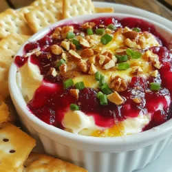 Here is a simple list of what you need for baked cranberry cream cheese dip: - 8 oz cream cheese, softened - 1 cup cranberry sauce - 1/2 cup shredded mozzarella cheese - 1/4 cup chopped green onions - 1/2 teaspoon garlic powder - 1/4 teaspoon black pepper - 1/2 teaspoon dried thyme - 1/2 cup chopped walnuts (optional) - Crackers or toasted baguette slices for serving Each ingredient plays a key role in this dish. The cream cheese forms the base, giving it a rich, creamy texture. The cranberry sauce adds a sweet and tart flavor that balances well with the cheese. Shredded mozzarella gives it a nice stretch and melts beautifully. Green onions add a fresh crunch, while garlic powder, black pepper, and dried thyme bring out robust flavors. If you want more crunch, add walnuts. Finally, serve this dip with your favorite crackers or toasted baguette slices to complete the experience. {{ingredient_image_1}} - Preheat your oven to 350°F (175°C). - In a medium mixing bowl, combine the softened cream cheese, cranberry sauce, shredded mozzarella, chopped green onions, garlic powder, black pepper, and dried thyme. Mix until well blended. - If you want more crunch, fold in walnuts at this stage. - Transfer the mixture into a small baking dish. Spread it evenly across the bottom. - Bake in the preheated oven for 25-30 minutes. Look for the dip to be bubbly and slightly golden on top. - Let the dip cool for a few minutes before serving. - Serve warm with crackers or toasted baguette slices for a tasty dip experience. To make your dip great, start with cream cheese at room temperature. This helps it blend well. Mix until smooth and creamy. Bake your dip until it is bubbly and golden on top. This gives it a nice texture and flavor. You can prepare the dip ahead of time. Just mix all the ingredients and put them in the fridge. This saves time when you are ready to bake. When it’s time to serve, bake it right from the fridge. If it’s cold, it may take a bit longer to heat through. Want to make your dip even better? Try adding herbs like rosemary or thyme. You can also mix in spices like cayenne for heat. Experiment with different cheeses too. Cheddar or goat cheese can add a unique twist to your dip. Enjoy the fun of creating your perfect flavor! Pro Tips Use Room Temperature Cream Cheese: This ensures a smoother texture and easier mixing, preventing any lumps in your dip. Experiment with Cheese: Feel free to substitute mozzarella with other cheeses like cheddar or gouda for a different flavor profile. Customize Your Toppings: Top the dip with extra walnuts, cranberries, or a drizzle of honey before serving for added visual appeal and flavor. Serve Immediately: This dip is best enjoyed warm, so serve it right after baking for the ultimate gooey experience. {{image_2}} You can swap out cream cheese for other cheeses. Try using goat cheese for a tangy taste. A blend of cream cheese and ricotta gives a light texture. For a richer flavor, use mascarpone. Nuts can also change the dip's crunch. Instead of walnuts, use pecans or almonds. Both add nice flavors and textures. If you want a nut-free option, skip them entirely. For gluten-free options, serve the dip with gluten-free crackers. You can also use veggie sticks like carrots or cucumbers for dipping. They add a fresh crunch and keep it healthy. If you want a vegan version, replace cream cheese with a plant-based cream cheese. Look for brands that taste good and have a smooth texture. This swap keeps the dip creamy and delicious. To kick up the heat, add diced jalapeños. Mix them in before baking for a spicy twist. They add a fun zing to the dip. You can also try different fruit sauces. Instead of cranberry sauce, use raspberry or cherry sauce for a new flavor. Each fruit brings its unique taste and sweetness, making the dip exciting. After you enjoy your Baked Cranberry Cream Cheese Dip, store any leftovers in the fridge. Place the dip in an airtight container. This helps keep it fresh. You can also use plastic wrap directly over the dish. The dip will stay good for about 3-4 days. You can freeze the dip if you want to keep it longer. First, let the dip cool completely. Then, transfer it to a freezer-safe container. Make sure to leave some space at the top for expansion. The dip can be frozen for up to 2 months. To thaw, move the dip to the fridge overnight. This helps it thaw slowly and safely. You can also thaw it in the microwave on low power for faster results. When you are ready to enjoy the dip again, reheat it carefully. The best method is to use the oven. Preheat your oven to 350°F (175°C). Place the dip in an oven-safe dish and cover it with foil. Heat for about 15-20 minutes. Check if it's warm and bubbly before serving. You can also use the microwave. Heat it in short bursts of 30 seconds. Stir in between each burst to keep the dip creamy. Avoid overheating to keep the dip's texture nice. The Baked Cranberry Cream Cheese Dip lasts about 3 to 5 days in the fridge. Store it in an airtight container to keep it fresh. If it sits out too long, it may spoil faster. Yes, you can make this dip ahead of time. Prepare it, then cover it tightly. You can keep it in the fridge for 1-2 days. Just bake it before serving to warm it up. You can use other fruit sauces, like raspberry or cherry sauce. You can also mix fresh cranberries with sugar and cook them down. This gives a similar sweet-tart flavor. Absolutely! To add spice, mix in some chopped jalapeños or red pepper flakes. Start with a small amount to test the heat level. You can always add more if you like it spicy. To make it healthier, use low-fat cream cheese. You can also reduce the amount of cheese and nuts. Adding more veggies, like diced bell peppers or spinach, boosts nutrition without adding many calories. This baked cranberry cream cheese dip is simple and fun to make. We covered ingredients, step-by-step instructions, tips, variations, storage, and common questions. You can use this recipe to impress guests or enjoy a tasty snack. Remember, you can tailor it to fit your taste and dietary needs. With just a few changes, you can keep it exciting every time you serve it. Enjoy this dip warm, paired with crackers or baguette slices for the best experience. You’ll love how easy and delicious it is.