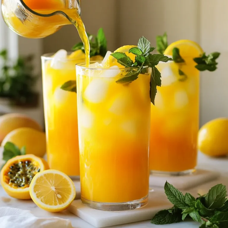 - 1 cup fresh lemon juice (about 5-6 lemons) - 1/2 cup passion fruit puree (fresh or store-bought) - 1 cup mango juice (unsweetened) - 1/2 cup coconut water - 1/4 cup honey or agave syrup (adjust to taste) - 4 cups cold water - Ice cubes - Fresh mint leaves and lemon slices for garnish Gather these fresh ingredients to make your Tropical Sunset Lemonade. Start with the fresh lemon juice. This gives the drink a bright, tangy taste. You will need about five to six lemons to get one cup of juice. Next, add the passion fruit puree. You can use fresh puree or find it in stores. This adds a unique tropical flavor. Then, pour in one cup of mango juice. Make sure it is unsweetened. The mango juice will add sweetness and a lovely golden color. Coconut water comes next. Use half a cup of it for a light, refreshing taste. It also helps keep you hydrated. For sweetness, you can choose between honey or agave syrup. A quarter cup is enough, but you can adjust it to your liking. Now, add four cups of cold water. This helps to balance the flavors and makes your drink refreshing. Don't forget the ice cubes! They keep the lemonade nice and chilled. Finally, for a beautiful finish, use fresh mint leaves and lemon slices as garnishes. They add color and enhance the drink's aroma. Enjoy the vibrant flavors of your Tropical Sunset Lemonade! {{ingredient_image_1}} 1. Combine ingredient mixture In a large pitcher, add the fresh lemon juice, passion fruit puree, mango juice, and coconut water. This mix creates a bright flavor base. 2. Stir until fully incorporated Use a spoon to stir the mixture thoroughly. Make sure the honey or agave syrup is well mixed in. This step helps the sweetener blend nicely into the drink. 3. Adjust sweetness Taste your lemonade. If it needs more sweetness, add a bit more honey or agave syrup. Everyone has a different preference, so make it your own! 4. Refrigerate for flavor blending Cover the pitcher and place it in the fridge for at least 30 minutes. Chilling helps the flavors blend and enhances the taste. 5. Serve over ice When you're ready to enjoy, fill glasses with ice cubes. Pour the chilled Tropical Sunset Lemonade over the ice. This keeps it nice and cool! 6. Garnish To make it look fancy, add fresh mint leaves and a slice of lemon to each glass. This adds a lovely touch and boosts the aroma. Enjoy your refreshing Tropical Sunset Lemonade! If you can't find fresh fruit, use frozen or canned options. For lemon juice, bottled juice works in a pinch. Passion fruit puree can be swapped for other fruit purees like guava or peach. Can't find mango juice? Pineapple juice is a great choice. For sweeteners, you can use maple syrup or stevia instead of honey or agave. Adjust to your taste preferences. To get the best flavor, mix your ingredients well. Start with the lemon juice and puree, then add the other juices. Stir until everything is blended. To chill the lemonade quickly, add ice directly to the pitcher. You can also place the pitcher in the fridge while you prepare your glasses. When serving, choose clear glasses to show off the vibrant colors. A tall glass or mason jar adds a fun touch. For garnishing, add mint leaves and a lemon slice on the rim. Use a colorful straw for extra flair. You can also add a few pieces of fresh fruit to each glass for a beautiful look. Pro Tips Use Fresh Ingredients: Opt for freshly squeezed lemon juice and ripe fruits to enhance the flavor and freshness of your lemonade. Adjust Sweetness to Taste: Depending on the tartness of your lemons, you may need more or less honey or agave syrup. Always taste as you go! Chill for Better Flavor: Letting the lemonade chill in the refrigerator for at least 30 minutes allows the flavors to meld beautifully. Garnish Creatively: Elevate your presentation by using colorful garnishes like lemon slices and fresh mint leaves to make your drink look as good as it tastes. {{image_2}} You can easily make this drink fun by adding alcohol. Rum or vodka works well. They blend nicely with the fruity flavors. For a smooth taste, use light rum. Just add about 1 to 1.5 ounces per glass. Mix it into the lemonade before serving. It adds a tropical kick that many enjoy. Feel free to play with different fruits. Pineapple and guava can add new flavors. These fruits bring sweetness and a tropical twist. You can use fresh or canned fruit. If you want, try adding a cup of diced pineapple. Just mix it in with the other ingredients. It makes the drink even more refreshing. For some fizz, try adding sparkling water or soda. This will make your lemonade bubbly and exciting. Just replace some cold water with sparkling water. You can use club soda or lemon-lime soda. It gives your drink a fun texture. Serve it right away to keep the bubbles fresh. To keep your Tropical Sunset Lemonade fresh, use a clean glass pitcher. Glass helps keep flavors intact. If you don't have a glass pitcher, a plastic one works too. Cover the container tightly with a lid or plastic wrap. This keeps out air and other smells from the fridge. Always store the lemonade in the fridge. This helps it stay cool and tasty. Your lemonade lasts about three days in the fridge. After that, the taste may fade. You can tell if it's spoiled by looking for changes. If it smells off or looks cloudy, throw it out. Keep an eye on the mint leaves too. If they turn brown, it's a sign the lemonade is past its prime. Always trust your senses! Tropical Sunset Lemonade is a bright and tasty drink. It combines fresh lemon juice, passion fruit, mango, and coconut water. This mix creates a sweet and tangy flavor. The vibrant colors remind you of a sunset. The drink feels refreshing, perfect for hot days or parties. You can serve it with ice for extra chill. Yes, you can make Tropical Sunset Lemonade ahead of time. Just prepare it and store it in the fridge. Chill it for at least 30 minutes. If you want to make it the night before, that works too. Just stir again before serving. This drink tastes better as the flavors mix. Tropical Sunset Lemonade pairs well with light foods. Think about fresh fruit, shrimp, or grilled chicken. It also goes great with spicy dishes. Serve it at summer picnics, barbecues, or tropical-themed parties. Guests will love it alongside light salads or fish tacos. This drink enhances many meals, making every bite special. Tropical Sunset Lemonade brings fresh, vibrant flavors to your table. We explored simple ingredients and easy steps to create this refreshing drink. You learned about fun variations like alcohol-infused options and sparkling versions. Remember to store leftovers properly to keep them fresh. This drink pairs well with many foods, making it perfect for any occasion. Enjoy sipping your homemade Tropical Sunset Lemonade and share it with friends and family!