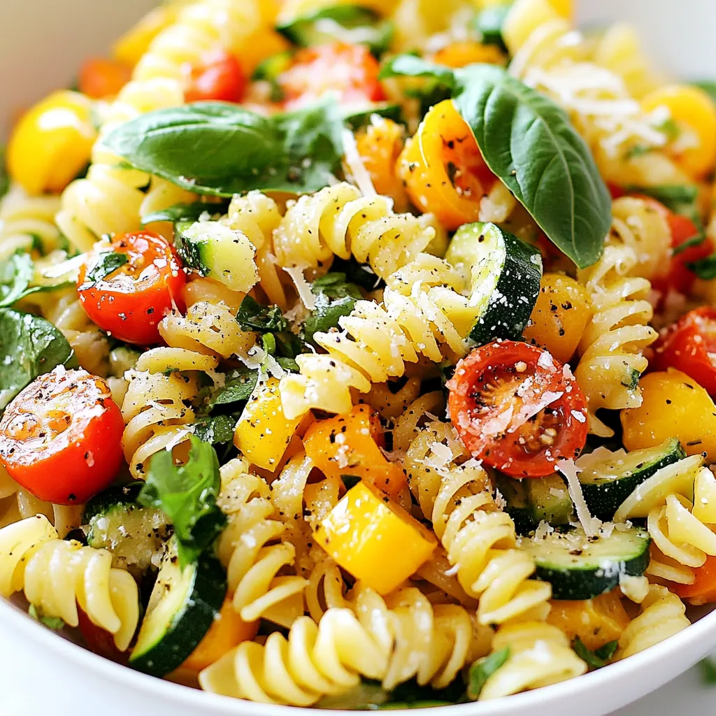 To make this dish, gather these ingredients: - 8 oz (225g) whole wheat pasta (fusilli or penne work well) - 2 tablespoons olive oil - 1 medium onion, diced - 2 cloves garlic, minced - 1 bell pepper (red or yellow), diced - 1 medium zucchini, sliced - 1 cup cherry tomatoes, halved - 1 cup fresh spinach - 2 cups vegetable broth - 1 teaspoon Italian seasoning - Salt and pepper to taste - 1/4 cup grated Parmesan cheese (optional, for serving) - Fresh basil leaves, for garnish You can add your favorite veggies to this dish. Consider these options: - Mushrooms for earthiness - Broccoli for crunch - Carrots for sweetness - Peas for a pop of color - Kale for more greens This meal is healthy and filling. Here’s a quick look: - Calories: Approximately 350 per serving - Protein: 12g - Fiber: 7g - Fat: 10g (with cheese) - Carbs: 50g This dish packs nutrients and flavor in one pot! Each bite offers a balance of taste and health. Adjust the recipe to fit your dietary needs, and enjoy the simple joy of cooking. {{ingredient_image_1}} To start, gather all your veggies. You need a medium onion, two cloves of garlic, one bell pepper, one zucchini, cherry tomatoes, and fresh spinach. Dice the onion and bell pepper. Slice the zucchini. Halve the cherry tomatoes. Mince the garlic. Having everything ready makes cooking easier and faster. First, heat two tablespoons of olive oil in a large pot over medium heat. Once hot, add the diced onion. Sauté for about three to four minutes until it’s soft. Next, add the minced garlic and cook for one more minute. This step makes the kitchen smell great! Now, toss in the bell pepper, zucchini, and cherry tomatoes. Cook these for about five minutes. You want the veggies to soften but not lose shape. Pour in two cups of vegetable broth and bring it to a boil. Once boiling, stir in eight ounces of whole wheat pasta, one teaspoon of Italian seasoning, salt, and pepper. Lower the heat to a simmer. Cover the pot and let it cook for 10 to 12 minutes. Stir occasionally. The pasta should be al dente and soak up the broth. When the pasta is ready, add one cup of fresh spinach. Stir until it wilts. Taste your dish and adjust the seasoning if needed. Finally, serve hot. You can top it with grated Parmesan cheese and fresh basil for extra flavor. For perfect pasta, follow a few simple tips. First, do not overcook the pasta. It should still be firm when you bite it. Stirring occasionally helps prevent sticking. If you find the pasta too dry, add a splash of water or broth. This keeps it moist and flavorful. Always taste as you go. This way, you can get the best flavor and texture. You can boost the flavor of your One Pot Veggie Pasta easily. Use fresh herbs like basil and parsley. Add a squeeze of lemon juice for brightness. For a spicy kick, toss in some red pepper flakes. You can also try different cheese, like feta or goat cheese, for a unique twist. When you're short on time, prep some ingredients ahead. Chop your veggies and store them in the fridge. You can even cook the pasta a bit early and mix it later. Use a large pot to cook everything together. This saves time and cuts down on dishes. You can switch ingredients based on what you have. Use any pasta you like, not just whole wheat. If you have other veggies, toss them in too. Swap cherry tomatoes for canned tomatoes if needed. You can also replace vegetable broth with water or chicken broth for a different taste. Pro Tips Use Seasonal Vegetables: Incorporating seasonal veggies not only enhances flavor but also ensures freshness and nutritional value. Al Dente Pasta: To achieve the perfect texture, cook pasta until al dente, which means it should be firm to the bite. Herb Variations: Feel free to experiment with different herbs like thyme or oregano for a unique flavor profile in your dish. Leftover Storage: Store any leftovers in an airtight container in the fridge for up to 3 days, and reheat gently to preserve texture. {{image_2}} You can boost your One Pot Veggie Pasta with protein. Chickpeas are a great choice. They add texture and make the meal filling. Just rinse and drain a can, then stir them in during the last few minutes of cooking. Tofu is another option. Press and cube it, then sauté it with the onion and garlic. This adds a nice flavor. If you prefer meat, grilled chicken works well too. Just slice it and mix it in before serving. This dish is vegetarian by nature. If you want to keep it vegan, skip the Parmesan cheese. You can use nutritional yeast instead. It gives a cheesy flavor without dairy. Look for a vegan broth to use in place of vegetable broth for a fully vegan meal. Using seasonal veggies keeps your dish fresh and exciting. In spring, add asparagus or peas. In summer, try fresh corn or eggplant. Fall is great for butternut squash or kale. Winter calls for hearty greens like Swiss chard or brussels sprouts. You can mix and match to make the dish your own, based on what you love or what you have on hand. Once you finish your meal, let the pasta cool. Place the leftovers in an airtight container. Keep it in the fridge for up to three days. Make sure to seal the container well. This helps prevent it from drying out. If you want to save it for later, freezing works well. First, let the pasta cool completely. Then, portion it into freezer bags. Squeeze out as much air as you can before sealing. Label each bag with the date. You can freeze it for up to two months. To enjoy your pasta again, thaw it in the fridge overnight. For reheating, you can use a microwave or stovetop. If using a microwave, heat in short bursts. Stir in between to warm evenly. If using the stovetop, add a splash of broth to keep it moist. Heat on low until warm. This way, your One Pot Veggie Pasta stays tasty! To make One Pot Veggie Pasta gluten-free, swap the whole wheat pasta for gluten-free pasta. Look for options made from rice or chickpeas. These types work well and cook similarly to regular pasta. Follow the same cooking steps, adjusting the time if needed. Gluten-free pasta can cook faster, so check it often. Yes, you can use many types of pasta for this dish. Fusilli and penne are great choices, but feel free to use spaghetti, farfalle, or any shape you like. Keep in mind that cooking times can change based on the pasta you choose. Always check the package for the best cooking time. You can serve One Pot Veggie Pasta with a side salad or garlic bread. A fresh green salad adds crunch and brightness. Garlic bread is perfect for dipping into the tasty sauce. For protein, consider adding grilled chicken or chickpeas. This makes the meal more filling and satisfying. One Pot Veggie Pasta is simple, tasty, and healthy. We explored the key ingredients, customizable options, and smart cooking tips. You can enhance flavor variations and use seasonal veggies to keep it fresh. Make it your own with protein choices or dietary swaps. Storing and reheating is easy, so no food goes to waste. With these tips, you can create a meal that fits your needs and tastes great. Enjoy cooking this dish, and have fun with every bite!