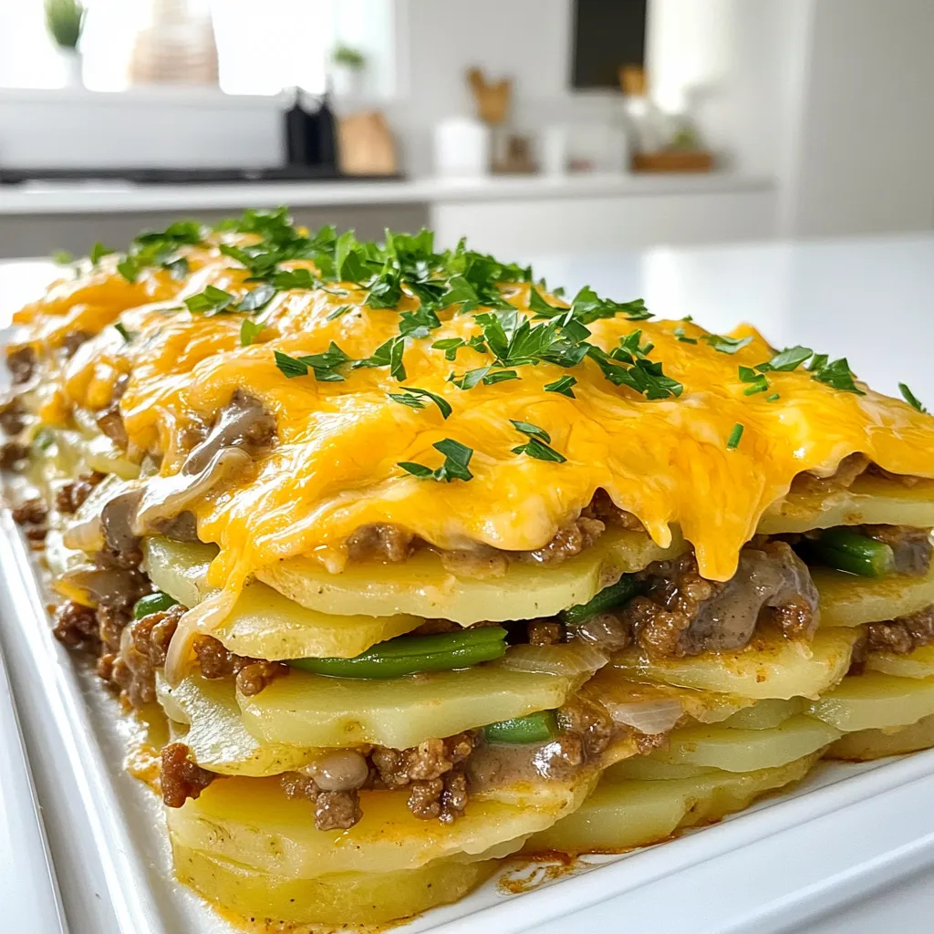 - 1 pound ground beef - 4 medium potatoes, thinly sliced - 1 medium onion, diced - 2 cloves garlic, minced - 1 can (15 oz) green beans, drained - 1 can (10.5 oz) cream of mushroom soup - 1 cup shredded cheddar cheese - 1 teaspoon salt - 1/2 teaspoon black pepper - 1 teaspoon paprika - 1 tablespoon olive oil - Fresh parsley, chopped (for garnish) When cooking, I prefer using standard measurements. Here’s a quick guide: - Pounds (lb) for meat - Ounces (oz) for canned goods - Cups for cheese and other dry ingredients - Teaspoons (tsp) for spices - Tablespoons (tbsp) for oils Choosing fresh ingredients makes a big difference. Here are my tips: - Ground Beef: Look for lean beef with less fat. It tastes better and is healthier. - Potatoes: Use medium-sized, firm potatoes. Russets or Yukon Golds work great. - Onion: Choose a fresh onion with no soft spots. A yellow onion adds good flavor. - Garlic: Fresh garlic gives a stronger taste. Avoid pre-minced garlic if you can. - Green Beans: Canned green beans should be low in sodium for a healthier option. - Cream of Mushroom Soup: Check the label for no added preservatives. - Cheddar Cheese: Freshly shredded cheese melts better than pre-shredded. Selecting quality ingredients helps your casserole shine. This dish is all about flavor and comfort! First, gather your ingredients. You will need ground beef, potatoes, onion, garlic, green beans, cream of mushroom soup, cheddar cheese, salt, pepper, paprika, and olive oil. Next, preheat your oven to 350°F (175°C). This ensures your casserole cooks evenly. In a skillet, heat one tablespoon of olive oil over medium heat. Add a diced onion and two minced garlic cloves. Sauté them for 2-3 minutes until they soften and smell great. Now, add one pound of ground beef to the skillet. Cook it until it turns brown, using a spatula to break it up. This should take about 5-7 minutes. Season the beef with one teaspoon of salt, half a teaspoon of black pepper, and one teaspoon of paprika while it cooks. In a large casserole dish, layer half of the sliced potatoes at the bottom. This gives a solid base for your casserole. Spoon the cooked beef mixture over the potatoes. Next, add one can of drained green beans on top. Pour one can of cream of mushroom soup over the beef and green beans. Spread it evenly with a spoon. Now, layer the remaining sliced potatoes on top of the soup. Finally, sprinkle one cup of shredded cheddar cheese over the top layer. Cover the casserole dish with aluminum foil. Bake it in the preheated oven for 45 minutes. After 45 minutes, remove the foil. Bake for an additional 15 minutes. This will make the cheese bubbly and golden brown. Your total cooking time will be about 1 hour. The oven temperature should stay at 350°F (175°C) throughout. After baking, let the casserole cool for a few minutes before serving. This helps the layers set and makes it easier to serve. Garnish with fresh parsley for a nice touch. Enjoy your hearty meal! To get the best texture in your casserole, layer the ingredients well. Start with thin layers of potatoes. This helps them cook evenly. Cook the ground beef until it's nicely browned. This adds flavor and keeps it tender. The cream of mushroom soup gives a creamy finish. It also helps bind the layers together. Bake covered at first to keep moisture in. Then, take off the foil to brown the cheese. This step gives you that nice, crispy top. A few errors can ruin your casserole. First, don’t skip the seasoning. Salt, pepper, and paprika are key to flavor. Next, avoid slicing the potatoes too thick. Thick slices don’t cook well and can be hard. Another mistake is not allowing the casserole to cool a bit before serving. Letting it rest helps it set, making it easier to serve. Lastly, don’t rush the baking time. Follow the full hour for the best results. Hobo Beef and Potato Casserole is filling and tasty on its own. You can serve it with a side salad for freshness. A simple green salad with vinaigrette works well. For a heartier meal, add some crusty bread. If you prefer, top the casserole with fresh parsley for color. This adds a nice touch and a bit of flavor too. Enjoy it warm for the best taste! {{image_2}} You can easily switch up ingredients in Hobo Beef and Potato Casserole. Use chicken instead of beef for a lighter dish. Sweet potatoes can replace regular potatoes for a unique twist. If you don’t have green beans, frozen peas or corn work well too. For a creamier texture, try cream of celery soup instead of mushroom. You can also add bell peppers for extra crunch and flavor. The key is to use what you enjoy or have on hand. You have several options for cooking this casserole. Besides baking in the oven, you can use a slow cooker. Just layer your ingredients as usual and cook on low for 6-8 hours. This gives flavors time to blend well. If you prefer quicker meals, try using an Instant Pot. Cook on high pressure for about 20 minutes, then let it release naturally. Both methods bring out different tastes but will still give you a hearty dish. This dish can fit many diets with some simple changes. For a gluten-free meal, use gluten-free cream of mushroom soup. Swap the cheese for a dairy-free version if you want to avoid dairy. If you are cutting carbs, try a cauliflower mash instead of potatoes. You can also add extra veggies to make it more nutritious. These easy adjustments ensure everyone can enjoy Hobo Beef and Potato Casserole without missing out on flavor. After enjoying Hobo Beef and Potato Casserole, store any leftovers in an airtight container. Let the casserole cool first. Then, place it in the fridge. It will stay fresh for up to three days. Label the container with the date, so you remember when you made it. To reheat your casserole, preheat the oven to 350°F (175°C). Place the casserole in an oven-safe dish. Cover it with foil to keep the moisture in. Bake for about 25-30 minutes until it's hot. You can also reheat individual portions in the microwave. Heat for about 2-3 minutes, stirring halfway through. If you want to save the casserole for later, freezing is a great option. First, let it cool completely before freezing. Use a freezer-safe container or wrap it tightly in plastic wrap. You can freeze it for up to three months. When you're ready to eat, thaw it in the fridge overnight before reheating. To make Hobo Beef and Potato Casserole gluten-free, swap the cream of mushroom soup for a gluten-free version. Many brands offer gluten-free soups. You can also make your own by mixing gluten-free flour with broth and mushrooms. Make sure to check the labels on all your ingredients. For the beef, fresh ground beef is naturally gluten-free. Use gluten-free cheese to avoid any gluten traces. Yes, you can cook Hobo Beef and Potato Casserole in a slow cooker. To do this, layer the ingredients in the slow cooker just like in the oven. Start with half the potatoes, then add the beef mixture, green beans, and soup. Finish with the remaining potatoes and cheese on top. Cook on low for 6-8 hours or high for 3-4 hours. Just make sure the cheese melts well before serving. Hobo Beef and Potato Casserole pairs well with a fresh salad or steamed vegetables. A simple green salad with a light vinaigrette adds crunch and freshness. You could also serve it with crusty bread to soak up the delicious sauce. For a heartier meal, try it with roasted carrots or green beans on the side. This adds color and nutrition to your plate! In this blog post, we explored the key ingredients, cooking steps, and helpful tips for making Hobo Beef and Potato Casserole. We discussed how to choose the right ingredients and avoid common mistakes. I also shared different cooking methods and storage tips to keep your dish fresh. Remember, cooking is all about practice and fun. Experiment with variations and serve your casserole with your favorite sides. Enjoy every bite you create!