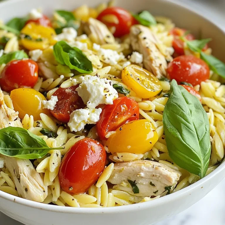 To make Tuscan Chicken Orzo, gather these key ingredients: - 2 chicken breasts, diced - 1 cup orzo pasta - 1 cup cherry tomatoes, halved - 1 cup baby spinach - 1/2 cup feta cheese, crumbled - 1/4 cup sun-dried tomatoes, chopped - 2 cloves garlic, minced - 1 teaspoon dried oregano - 1 teaspoon dried basil - 3 cups low-sodium chicken broth - 2 tablespoons olive oil - Salt and pepper to taste - Fresh basil leaves for garnish These ingredients come together to create a dish bursting with flavor. The chicken adds protein, while orzo brings a fun twist to pasta. The fresh vegetables, like tomatoes and spinach, provide color and nutrients. Feta cheese and sun-dried tomatoes give it a rich, savory note. Using low-sodium chicken broth helps control the saltiness, making this dish heart-healthy. Fresh herbs enhance the flavor profile, making each bite delightful. When you gather these ingredients, you set the stage for a quick and tasty meal. {{ingredient_image_1}} To start, you need to boil the chicken broth. Pour 3 cups of low-sodium chicken broth into a medium pot. Heat it over high heat until it bubbles. This brings out the flavor of the orzo. Next, add 1 cup of orzo pasta to the boiling broth. Cook it based on the package instructions. Usually, this takes about 8 to 10 minutes. You want the orzo to be al dente, which means it should be firm but not hard. Once done, drain the orzo and set it aside. Now, let’s move on to searing the chicken. Take a large skillet and pour in 2 tablespoons of olive oil. Heat the oil over medium heat. This step is key for getting a nice golden color on the chicken. While the skillet heats up, season 2 diced chicken breasts with salt, pepper, 1 teaspoon of dried oregano, and 1 teaspoon of dried basil. When the oil is hot, add the chicken to the skillet. Cook it for about 5 to 7 minutes. Make sure the chicken is cooked through and golden brown. Once the chicken is ready, it’s time to add more flavor. Stir in 2 cloves of minced garlic. Cook it for 1 to 2 minutes until it smells great, but don’t let it turn brown. Brown garlic can taste bitter. Next, add 1 cup of halved cherry tomatoes and 1/4 cup of chopped sun-dried tomatoes. Cook these in the skillet for another 3 to 4 minutes. You want the tomatoes to soften and release their juices. This will add a nice, rich taste. Now, let’s bring it all together. Add 1 cup of baby spinach and the cooked orzo to the skillet. Stir everything well to combine. Cook until the spinach wilts down. Finally, gently fold in 1/2 cup of crumbled feta cheese. This cheese adds creaminess and a salty kick. Mix until everything is evenly combined. Taste your dish and adjust the seasoning with more salt and pepper if needed. - Preventing overcooked orzo: To avoid mushy orzo, always check the package for cooking time. Aim for al dente, which means it should have a little bite. Drain the orzo right away when it's ready. You can also toss it with a splash of olive oil to keep it from sticking. - Perfectly searing chicken: Start with a hot skillet. Heat your olive oil until it shimmers. Add the chicken in a single layer, giving it space. Don't overcrowd the pan, or it won't brown well. Let it cook without moving it for a few minutes. This helps form a nice crust. - Suggested seasoning adjustments: Feel free to mix up your herbs! If you love thyme or rosemary, add them for a twist. Fresh herbs can also add a bright touch. Just remember to add them toward the end for the best flavor. - Incorporating fresh herbs: Fresh basil or parsley can elevate your dish. Chop them finely and sprinkle them before serving. This adds color and freshness. You can even use a mix of herbs based on what you have at home. Pro Tips Cook Orzo Al Dente: For the best texture, ensure to cook the orzo just until al dente, as it will continue to absorb moisture when combined with the other ingredients. Use Fresh Ingredients: Opt for fresh cherry tomatoes and spinach for vibrant flavor and better nutrition. Fresh ingredients make a significant difference in taste. Customize the Cheese: If feta is not your favorite, consider using goat cheese or even mozzarella for a different flavor profile while maintaining creaminess. Add a Splash of Lemon: A squeeze of fresh lemon juice just before serving can brighten the dish and enhance the flavors of the tomatoes and herbs. {{image_2}} You can make Tuscan Chicken Orzo even more exciting with a few extra ingredients. Here are some ideas: - Other vegetables to consider: You can add bell peppers, zucchini, or mushrooms. These veggies bring great color and flavor. They also add more nutrients. Just chop them and toss them in while cooking the chicken. - Protein alternatives: If you want a change, try shrimp or sausage instead of chicken. For a lighter option, use turkey. Each protein adds its unique taste to the dish, making it even more enjoyable. You can easily adjust this dish to suit your needs. - Vegetarian version: To make it vegetarian, skip the chicken. Use extra veggies like artichokes or kale. Instead of chicken broth, use vegetable broth. This keeps the flavor rich and hearty without meat. - Gluten-free options: For a gluten-free dish, swap the orzo with gluten-free pasta. Many brands offer great options. Just follow package instructions for cooking time. This way, you can enjoy the meal without worry. These variations keep your Tuscan Chicken Orzo fresh and fun! Storing Tuscan Chicken Orzo properly keeps it fresh and tasty. Here’s how to do it: - Fridge storage guidelines: Place leftovers in an airtight container. They last in the fridge for about 3 to 4 days. Make sure it cools down before sealing it. This helps avoid moisture build-up. - Freezing tips for orzo dishes: If you want to save it longer, freeze it. Use freezer-safe containers or bags. Leave some space for expansion. It can stay good for up to 2 months. When ready to eat, thaw it overnight in the fridge before reheating. To enjoy your Tuscan Chicken Orzo again, reheating it correctly is key. - Best methods to maintain flavor and texture: The microwave works well. Place the orzo in a microwave-safe bowl. Add a splash of chicken broth or water to keep it moist. Heat it in short bursts, stirring in between, until hot. Alternatively, you can use the stove. Heat a skillet over medium heat. Add a little olive oil or broth, then stir in the orzo. Cook until warmed through, stirring frequently. This method helps keep the texture nice and creamy. Can I use different pasta? Yes, you can use different pasta. Options like penne or farfalle work well. Just adjust the cooking time based on the pasta type. Ensure the pasta is cooked until al dente for the best texture. How do I make it spicy? To add spice, try using red pepper flakes. You can also add diced jalapeños for a fresh kick. Start with a small amount and taste as you go. This way, you control the heat level to your liking. What to serve with Tuscan Chicken Orzo? Pair this dish with a fresh salad. A simple green salad with a lemon vinaigrette works nicely. You can also serve garlic bread on the side for a hearty meal. Health benefits of main ingredients Chicken breast is a great source of lean protein. It helps build muscle and keeps you full. Spinach provides vitamins A and C, plus iron. Cherry tomatoes are rich in antioxidants, promoting heart health. Feta cheese adds calcium and flavor without too many calories. Caloric breakdown per serving One serving of Tuscan Chicken Orzo has about 450 calories. This includes protein, carbs, and healthy fats. The orzo and veggies provide energy, while the chicken keeps you satisfied. Adjust portions based on your dietary needs. Tuscan Chicken Orzo offers a delicious blend of flavors. We discussed key ingredients like chicken, orzo, and fresh veggies. The step-by-step guide showed how to cook each element perfectly. Remember the tips for cooking and flavor to enhance your dish. You can also modify the recipe for dietary needs. Store leftovers and reheat properly for the best taste. This dish is versatile and satisfying for any meal. Enjoy making your own Tuscan Chicken Orzo, and share your delicious results with others!