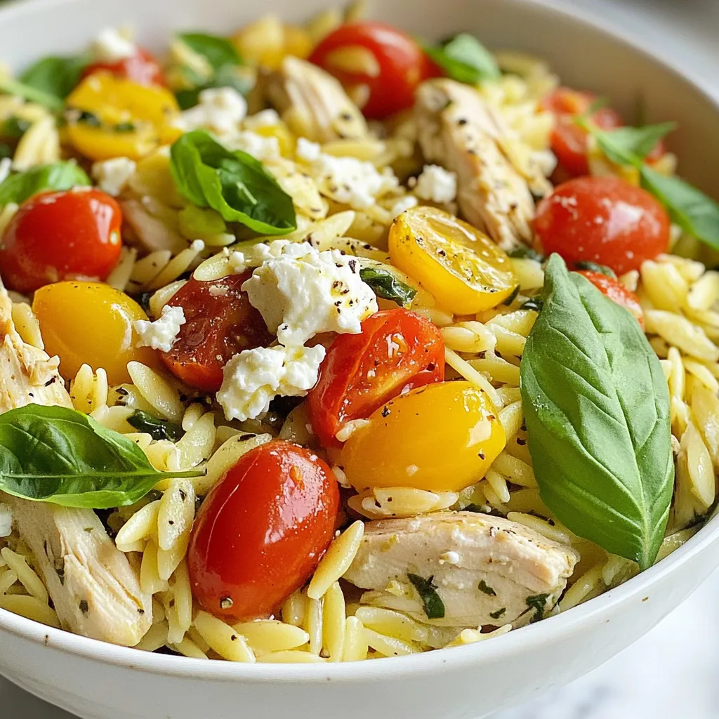 To make Tuscan Chicken Orzo, gather these key ingredients: - 2 chicken breasts, diced - 1 cup orzo pasta - 1 cup cherry tomatoes, halved - 1 cup baby spinach - 1/2 cup feta cheese, crumbled - 1/4 cup sun-dried tomatoes, chopped - 2 cloves garlic, minced - 1 teaspoon dried oregano - 1 teaspoon dried basil - 3 cups low-sodium chicken broth - 2 tablespoons olive oil - Salt and pepper to taste - Fresh basil leaves for garnish These ingredients come together to create a dish bursting with flavor. The chicken adds protein, while orzo brings a fun twist to pasta. The fresh vegetables, like tomatoes and spinach, provide color and nutrients. Feta cheese and sun-dried tomatoes give it a rich, savory note. Using low-sodium chicken broth helps control the saltiness, making this dish heart-healthy. Fresh herbs enhance the flavor profile, making each bite delightful. When you gather these ingredients, you set the stage for a quick and tasty meal. {{ingredient_image_1}} To start, you need to boil the chicken broth. Pour 3 cups of low-sodium chicken broth into a medium pot. Heat it over high heat until it bubbles. This brings out the flavor of the orzo. Next, add 1 cup of orzo pasta to the boiling broth. Cook it based on the package instructions. Usually, this takes about 8 to 10 minutes. You want the orzo to be al dente, which means it should be firm but not hard. Once done, drain the orzo and set it aside. Now, let’s move on to searing the chicken. Take a large skillet and pour in 2 tablespoons of olive oil. Heat the oil over medium heat. This step is key for getting a nice golden color on the chicken. While the skillet heats up, season 2 diced chicken breasts with salt, pepper, 1 teaspoon of dried oregano, and 1 teaspoon of dried basil. When the oil is hot, add the chicken to the skillet. Cook it for about 5 to 7 minutes. Make sure the chicken is cooked through and golden brown. Once the chicken is ready, it’s time to add more flavor. Stir in 2 cloves of minced garlic. Cook it for 1 to 2 minutes until it smells great, but don’t let it turn brown. Brown garlic can taste bitter. Next, add 1 cup of halved cherry tomatoes and 1/4 cup of chopped sun-dried tomatoes. Cook these in the skillet for another 3 to 4 minutes. You want the tomatoes to soften and release their juices. This will add a nice, rich taste. Now, let’s bring it all together. Add 1 cup of baby spinach and the cooked orzo to the skillet. Stir everything well to combine. Cook until the spinach wilts down. Finally, gently fold in 1/2 cup of crumbled feta cheese. This cheese adds creaminess and a salty kick. Mix until everything is evenly combined. Taste your dish and adjust the seasoning with more salt and pepper if needed. - Preventing overcooked orzo: To avoid mushy orzo, always check the package for cooking time. Aim for al dente, which means it should have a little bite. Drain the orzo right away when it's ready. You can also toss it with a splash of olive oil to keep it from sticking. - Perfectly searing chicken: Start with a hot skillet. Heat your olive oil until it shimmers. Add the chicken in a single layer, giving it space. Don't overcrowd the pan, or it won't brown well. Let it cook without moving it for a few minutes. This helps form a nice crust. - Suggested seasoning adjustments: Feel free to mix up your herbs! If you love thyme or rosemary, add them for a twist. Fresh herbs can also add a bright touch. Just remember to add them toward the end for the best flavor. - Incorporating fresh herbs: Fresh basil or parsley can elevate your dish. Chop them finely and sprinkle them before serving. This adds color and freshness. You can even use a mix of herbs based on what you have at home. Pro Tips Cook Orzo Al Dente: For the best texture, ensure to cook the orzo just until al dente, as it will continue to absorb moisture when combined with the other ingredients. Use Fresh Ingredients: Opt for fresh cherry tomatoes and spinach for vibrant flavor and better nutrition. Fresh ingredients make a significant difference in taste. Customize the Cheese: If feta is not your favorite, consider using goat cheese or even mozzarella for a different flavor profile while maintaining creaminess. Add a Splash of Lemon: A squeeze of fresh lemon juice just before serving can brighten the dish and enhance the flavors of the tomatoes and herbs. {{image_2}} You can make Tuscan Chicken Orzo even more exciting with a few extra ingredients. Here are some ideas: - Other vegetables to consider: You can add bell peppers, zucchini, or mushrooms. These veggies bring great color and flavor. They also add more nutrients. Just chop them and toss them in while cooking the chicken. - Protein alternatives: If you want a change, try shrimp or sausage instead of chicken. For a lighter option, use turkey. Each protein adds its unique taste to the dish, making it even more enjoyable. You can easily adjust this dish to suit your needs. - Vegetarian version: To make it vegetarian, skip the chicken. Use extra veggies like artichokes or kale. Instead of chicken broth, use vegetable broth. This keeps the flavor rich and hearty without meat. - Gluten-free options: For a gluten-free dish, swap the orzo with gluten-free pasta. Many brands offer great options. Just follow package instructions for cooking time. This way, you can enjoy the meal without worry. These variations keep your Tuscan Chicken Orzo fresh and fun! Storing Tuscan Chicken Orzo properly keeps it fresh and tasty. Here’s how to do it: - Fridge storage guidelines: Place leftovers in an airtight container. They last in the fridge for about 3 to 4 days. Make sure it cools down before sealing it. This helps avoid moisture build-up. - Freezing tips for orzo dishes: If you want to save it longer, freeze it. Use freezer-safe containers or bags. Leave some space for expansion. It can stay good for up to 2 months. When ready to eat, thaw it overnight in the fridge before reheating. To enjoy your Tuscan Chicken Orzo again, reheating it correctly is key. - Best methods to maintain flavor and texture: The microwave works well. Place the orzo in a microwave-safe bowl. Add a splash of chicken broth or water to keep it moist. Heat it in short bursts, stirring in between, until hot. Alternatively, you can use the stove. Heat a skillet over medium heat. Add a little olive oil or broth, then stir in the orzo. Cook until warmed through, stirring frequently. This method helps keep the texture nice and creamy. Can I use different pasta? Yes, you can use different pasta. Options like penne or farfalle work well. Just adjust the cooking time based on the pasta type. Ensure the pasta is cooked until al dente for the best texture. How do I make it spicy? To add spice, try using red pepper flakes. You can also add diced jalapeños for a fresh kick. Start with a small amount and taste as you go. This way, you control the heat level to your liking. What to serve with Tuscan Chicken Orzo? Pair this dish with a fresh salad. A simple green salad with a lemon vinaigrette works nicely. You can also serve garlic bread on the side for a hearty meal. Health benefits of main ingredients Chicken breast is a great source of lean protein. It helps build muscle and keeps you full. Spinach provides vitamins A and C, plus iron. Cherry tomatoes are rich in antioxidants, promoting heart health. Feta cheese adds calcium and flavor without too many calories. Caloric breakdown per serving One serving of Tuscan Chicken Orzo has about 450 calories. This includes protein, carbs, and healthy fats. The orzo and veggies provide energy, while the chicken keeps you satisfied. Adjust portions based on your dietary needs. Tuscan Chicken Orzo offers a delicious blend of flavors. We discussed key ingredients like chicken, orzo, and fresh veggies. The step-by-step guide showed how to cook each element perfectly. Remember the tips for cooking and flavor to enhance your dish. You can also modify the recipe for dietary needs. Store leftovers and reheat properly for the best taste. This dish is versatile and satisfying for any meal. Enjoy making your own Tuscan Chicken Orzo, and share your delicious results with others!
