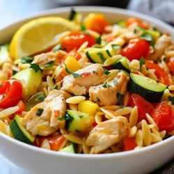 - 1 lb (450g) boneless, skinless chicken breast, diced - 1 cup orzo pasta - 2 cups chicken broth - 1 medium onion, finely chopped - 2 cloves garlic, minced - 1 red bell pepper, diced - 1 zucchini, diced - 1 cup cherry tomatoes, halved - 1/2 cup Kalamata olives, pitted and sliced - 1 teaspoon dried oregano - 1 teaspoon smoked paprika - 1/4 cup fresh parsley, chopped - Salt and pepper to taste - 2 tablespoons olive oil - Juice of 1 lemon Each ingredient plays a big role in this dish. The chicken breast is lean and full of protein. Orzo is a small, cute pasta that adds texture and heartiness. Chicken broth adds flavor and moisture. Onions and garlic boost the taste and provide health benefits. Red bell peppers and zucchini add color and vitamins. Cherry tomatoes bring sweetness and juiciness. Kalamata olives add a salty kick and healthy fats. Dried oregano and smoked paprika give a warm, earthy taste. Fresh parsley adds a bright touch and nutrients. Olive oil helps everything cook well and adds healthy fats. Lastly, lemon juice brightens the dish and balances flavors. You can easily swap out some ingredients. Use turkey or tofu instead of chicken for a different protein. Quinoa or farro can replace orzo for a whole grain. If you don’t have chicken broth, water works fine but lacks flavor. Any sweet pepper can substitute red bell pepper. Frozen vegetables work too if fresh ones are not available. For a different taste, try green olives instead of Kalamata. If you want a spicy kick, add red pepper flakes. You can skip the lemon juice but it does add brightness. {{ingredient_image_1}} To start, gather all your ingredients. This makes cooking easier. You will need chicken, orzo, broth, and veggies. Chop the onion, garlic, bell pepper, and zucchini. Halve the cherry tomatoes and slice the olives. This prep helps the dish come together smoothly. 1. Heat 2 tablespoons of olive oil in a large skillet over medium heat. 2. Add the diced chicken. Season it with salt, pepper, oregano, and smoked paprika. Cook for about 5-7 minutes until the chicken is golden. Remove it from the skillet. 3. In the same skillet, toss in the chopped onion and garlic. Sauté for about 3-4 minutes until the onion is soft. 4. Next, add the red bell pepper and zucchini. Cook them for 2-3 minutes until they are just tender. 5. Stir in the cherry tomatoes, Kalamata olives, and orzo pasta. 6. Pour in 2 cups of chicken broth. Bring it to a boil, then lower the heat. Cover and let it simmer for about 10 minutes until the orzo is tender. 7. Add the cooked chicken back into the skillet. Squeeze juice from one lemon over everything and mix well. 8. Remove from heat and sprinkle with chopped parsley before serving. - Don’t rush the chicken cooking time. It needs to be fully cooked. - Avoid overcooking the orzo. It should be tender but not mushy. - Don’t skip the lemon juice. It adds a fresh kick to the meal. - Always taste and adjust the seasoning, especially salt and pepper. To cook orzo perfectly, use plenty of water. Think of it like cooking rice. Bring the water to a boil before adding the orzo. Stir it gently to prevent sticking. Check the package for cooking time, usually around 8 to 10 minutes. Taste it a minute early to ensure it is al dente. Drain it well, but save a bit of the pasta water. This water can help if your dish needs more moisture later. To make your Mediterranean Chicken Orzo sing, try using homemade broth. Store-bought broth works, but homemade adds depth. A splash of white wine during cooking adds a nice touch. Fresh herbs, like basil or mint, can brighten the dish. For a kick, add red pepper flakes or a dash of hot sauce. You can also try different spices, like cumin or coriander, to switch things up. Serve your Mediterranean Chicken Orzo in deep bowls for a cozy feel. Top it with extra parsley for color and flavor. A wedge of lemon on the side brightens each bite. Pair it with a simple green salad drizzled with olive oil and balsamic vinegar. Crusty bread is great for soaking up the delicious juices. You could even serve it with grilled vegetables for added texture and taste. Pro Tips Perfectly Cooked Orzo: Stir the orzo occasionally while it simmers to ensure even cooking and prevent it from sticking together. Flavor Boost: For an extra depth of flavor, consider adding a splash of white wine to the skillet after cooking the vegetables before adding the broth. Vegetable Variations: Feel free to swap in seasonal vegetables such as asparagus or spinach for a different taste and texture profile. Prep Ahead: You can dice the vegetables and chicken ahead of time to save on prep work when you're ready to cook. {{image_2}} You can mix things up by adding different proteins. Shrimp cooks quickly and adds a nice flavor. Just sauté them for a few minutes until they turn pink. If you want a plant-based option, use tofu. Press it first to remove extra water. Then, cube it and sauté until golden. Both choices give your dish a new taste. To make this dish vegetarian, simply leave out the chicken. You can add more veggies instead. Try chickpeas for protein, and they blend well with the flavors. For a vegan version, skip the chicken broth and use vegetable broth. This keeps the taste rich and hearty while fitting your diet. Feel free to get creative with your veggies. Spinach or kale adds color and nutrients. You can also use broccoli or asparagus for a crunchy bite. Carrots bring sweetness, and peas add a pop of color. Mix and match to find your favorite combo. Cooking is all about trying new things! Store any leftover Mediterranean chicken orzo in a sealed container. Let it cool first. It stays fresh for up to three days in the fridge. Keep it away from strong-smelling foods to prevent flavor changes. For reheating, use the microwave or stovetop. If using a microwave, heat in short bursts. Stir between sessions to ensure even heating. On the stovetop, add a splash of chicken broth to keep it moist. Heat until warmed through, about five minutes. You can freeze Mediterranean chicken orzo for later meals. Pack it in airtight containers or freezer bags. Be sure to remove as much air as possible. It can last up to three months in the freezer. Thaw it overnight in the fridge before reheating. Mediterranean Chicken Orzo lasts about three to four days in the fridge. Store it in an airtight container. This keeps it fresh and tasty for your next meal. Yes, you can make Mediterranean Chicken Orzo in advance. Prepare the dish, cool it down, and then store it. It tastes great even after a day in the fridge. This dish offers many health benefits. It includes lean chicken packed with protein. The vegetables add vitamins, minerals, and fiber. The olives provide healthy fats, and orzo adds energy through carbs. You can use other pasta types as a substitute for orzo. Try small shapes like ditalini or even whole wheat pasta for a healthier choice. Just adjust the cooking time as needed for different pasta. This blog post covered all you need to know about Mediterranean Chicken Orzo. We explored the ingredients and their benefits, plus delicious substitutions. You learned step-by-step cooking instructions, common mistakes to avoid, and helpful tips for best results. We also discussed variations, storage info, and frequently asked questions. By keeping these points in mind, you can create a meal that impresses. Enjoy your cooking adventure and the tasty orzo dish ahead!