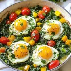 To make a tasty Spinach Egg Breakfast Skillet, you will need: - 4 large eggs - 2 cups fresh spinach, chopped - 1 bell pepper (red or yellow), diced - 1 small onion, finely chopped - 1 clove garlic, minced - 1/2 cup cherry tomatoes, halved - 1 tablespoon olive oil - Salt and pepper to taste - 1/4 teaspoon red pepper flakes (optional for spice) - Fresh parsley or chives, chopped for garnish You can customize your skillet by adding other ingredients. Try mushrooms or zucchini for extra veggies. If you enjoy cheese, sprinkle some shredded cheese on top before serving. You can also switch the eggs for tofu for a vegan version. {{ingredient_image_1}} 1. Heat the olive oil: Start by heating the olive oil in a large skillet over medium heat. This step is key for flavor. - *Tip*: Use a non-stick skillet for easier cooking and cleaning. 2. Sauté the onion: Add the chopped onion and cook for about 2-3 minutes. You want them to turn translucent. - *Tip*: Stir them often to avoid burning. 3. Add garlic and bell pepper: Next, toss in the minced garlic and diced bell pepper. Cook for another 2-3 minutes. The bell pepper should soften. - *Tip*: Keep stirring to mix the flavors well. 4. Add spinach and tomatoes: Now, add the chopped spinach and halved cherry tomatoes. Cook for 2-3 minutes. Look for the spinach to wilt and the tomatoes to soften. - *Tip*: If you like, you can add a splash of water to help steam the spinach. 5. Create wells for eggs: Use a spoon to make four small wells in the veggie mix. Crack one egg into each well. - *Tip*: Be gentle when cracking the eggs to keep the yolks intact. 6. Season the eggs: Sprinkle salt, pepper, and red pepper flakes over the eggs. This seasoning adds a nice kick. - *Tip*: Adjust the salt to your taste. 7. Cover and cook: Cover the skillet with a lid. Cook for about 5-7 minutes. The egg whites should be set, and the yolks will be cooked to your liking. - *Tip*: Check the eggs at 5 minutes to see if they are done. 8. Garnish and serve: Finally, remove the skillet from heat. Garnish with fresh parsley or chives for a pop of color. - *Tip*: Serve hot for the best taste. With these steps, you’ll have a flavorful Spinach Egg Breakfast Skillet ready to enjoy. To make the perfect egg, start with fresh eggs. Crack them gently into the skillet wells. Cook them covered. This helps the yolks stay runny, or cook them longer for firmer yolks. When sautéing vegetables, use medium heat. This keeps the veggies tender but not burnt. Add onions first, then garlic, and finally bell peppers. This order brings out the best flavors. Stir often for even cooking. To boost flavor, try adding spices. A pinch of cumin or smoked paprika works well. Fresh herbs like basil or dill also add a nice touch. For extra nutrition, toss in some chopped kale or zucchini. You can also add cooked quinoa for fiber. This makes the dish heartier and more filling. Pro Tips Fresh Ingredients: Use fresh spinach and ripe tomatoes for the best flavor and nutrition. Egg Yolk Preference: Adjust the cooking time based on how runny you like your egg yolks; less time for runny, more for firm. Spice it Up: Experiment with different spices or herbs to customize the flavor profile to your taste. One-Pan Wonder: Serve directly from the skillet for a rustic and cozy presentation, perfect for brunch. {{image_2}} You can easily swap ingredients in this dish to fit your taste. Try using different veggies. Zucchini, mushrooms, or kale work well. If you want protein, add cooked sausage or bacon. You can also use tofu for a plant-based twist. For those who prefer no dairy, leave out cheese or use dairy-free options. Nutritional yeast adds a cheesy flavor without dairy. It is a great alternative for vegans. Always taste as you add to balance flavors. This dish can take on flavors from around the world. To make it Italian, add basil and Parmesan cheese. For a Mexican flair, mix in cumin and top with avocado. You can even add salsa for a spicy kick. If you want a Middle Eastern touch, try adding sumac and feta cheese. The combination of flavors makes this dish exciting. Get creative and mix your favorite ingredients for unique meals. To store leftovers, let the skillet cool down first. Use an airtight container to keep it fresh. Divide the dish into portions. This helps with quick meals later. You can keep it in the fridge for up to three days. If you want to store it longer, consider freezing it. Freezing keeps the dish safe for up to three months. Just ensure you use freezer-safe containers. When reheating, use a skillet for the best results. Heat it on medium-low to avoid overcooking. Add a splash of water or broth to keep it moist. Cover the skillet with a lid to trap steam. You can also use a microwave if you're in a hurry. Heat it in short intervals, stirring in between. This keeps the eggs from becoming rubbery. Enjoy your leftovers just like the first time! Can I make this dish ahead of time? Yes, you can prepare this dish in advance. Cook the veggies and eggs, then store them in the fridge. You can reheat it in the skillet or microwave. Just make sure to cover it to keep it moist. What can I serve with a breakfast skillet? This breakfast skillet pairs well with toast, avocado, or a fresh salad. You can also serve it with crispy bacon or sausage for added protein. Is it possible to make this dish vegetarian? Yes, this dish is already vegetarian. It uses eggs and fresh veggies like spinach, bell peppers, and tomatoes. You can add more veggies or cheese if you want. How can I adjust the spice level? To change the spice level, simply add or reduce red pepper flakes. You can also use mild spices or fresh herbs for flavor without heat. Try adding black pepper for a little kick without too much spice. This blog guided you through creating a Spinach Egg Breakfast Skillet. We covered key ingredients, step-by-step cooking, and valuable tips. You learned about variations, storage, and common questions. Making this dish offers tasty meals that can fit your taste. Explore ingredient swaps and flavor twists to make it your own. Remember, cooking is all about having fun and trying new things. Now, you have the tools to create a perfect skillet dish every time. Enjoy your cooking journey!