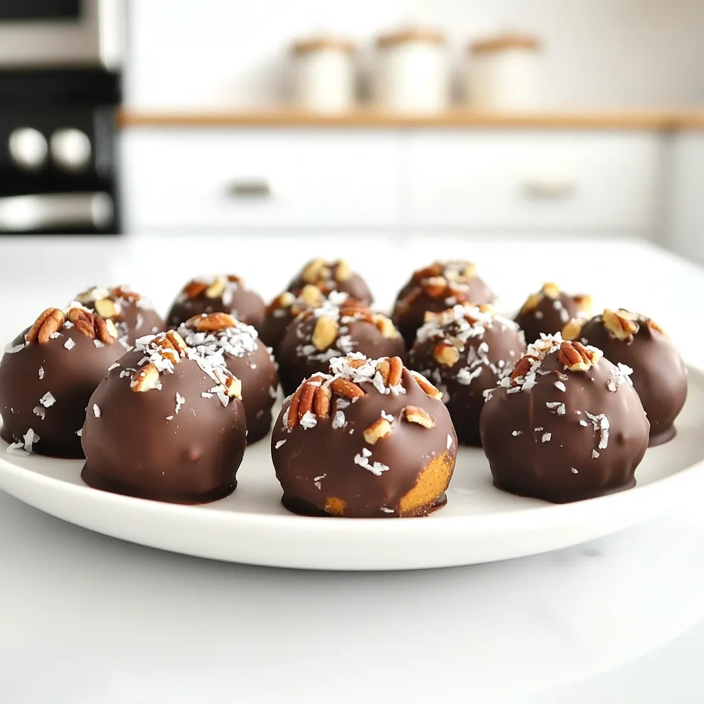 To make No Bake Pumpkin Spice Truffles, you will need: - 1 cup pumpkin puree - 1 cup almond flour - 1/2 cup maple syrup - 1 teaspoon pumpkin spice - 1/4 teaspoon sea salt - 1/2 teaspoon vanilla extract - 1/2 cup dark chocolate chips (dairy-free if desired) - 1/4 cup finely chopped pecans (for coating) - 1/4 cup shredded coconut (for coating) If you need some swaps, I have you covered. Use any nut flour instead of almond flour. You can also try honey or agave syrup in place of maple syrup. For a different flavor, you can add cinnamon or nutmeg. If you want a nut-free option, use sunflower seed flour. Want to skip the chocolate? Try a yogurt coating instead. Each truffle has about 100 calories. They are a good source of healthy fats and fiber. The pumpkin adds vitamins A and C. For a treat, these truffles are a smart choice! To start, grab a medium bowl and add the pumpkin puree, almond flour, maple syrup, pumpkin spice, sea salt, and vanilla extract. Mix these ingredients until they blend well. You want a smooth dough that holds together. This step is fast, but it sets the stage for your tasty truffles. After mixing, cover the bowl with plastic wrap. Place it in the fridge for about 30 minutes. This chilling time helps the dough firm up. It makes it easier to shape the truffles later. Patience is key here; your effort will pay off in the end. Once the mixture has chilled, it’s time to form the truffles. Use a small scoop or your hands to shape the dough into 1-inch balls. Next, melt the dark chocolate chips in a microwave-safe bowl. Do this in 30-second bursts, stirring until smooth. Dip each truffle in the melted chocolate, ensuring full coverage. Lift them with a fork and let excess chocolate drip off. While the chocolate is still wet, roll each truffle in either chopped pecans or shredded coconut. Finally, place the coated truffles on a parchment-lined baking sheet. Chill them again for 15-20 minutes to set the chocolate. Enjoy the fun and tasty process! When you mix the truffle ingredients, make sure to blend them well. This helps the flavors combine nicely. Use a sturdy spoon or spatula. If the dough feels too sticky, add a bit more almond flour. Once mixed, cover it with plastic wrap. Chilling is key! Put the bowl in the fridge for about 30 minutes. This will firm up the dough, making it easier to shape. To melt chocolate chips, use a microwave-safe bowl. Heat the chocolate in 30-second bursts. Stir after each interval to avoid burning. This method keeps the chocolate smooth and silky. If you don’t have a microwave, use a double boiler. Just place a bowl over simmering water and stir until melted. When forming the truffles, use your hands or a small scoop. Aim for balls about one inch wide. This size is perfect for a sweet bite. After dipping in chocolate, let the excess drip off. Roll the truffles in chopped pecans or coconut while the chocolate is still wet. This adds a nice crunch and flavor. Place the coated truffles on parchment paper. They will set well in the fridge. {{image_2}} You can get creative with flavors in these pumpkin spice truffles. Try adding a pinch of cinnamon or nutmeg for more warmth. If you love chocolate, mix in cocoa powder for a richer taste. Want a little heat? A dash of cayenne pepper can spice things up. You can also use flavored extracts like almond or orange for a twist. Coating options let you add fun textures to your truffles. After dipping in chocolate, roll them in crushed nuts, like walnuts or almonds. For a sweeter touch, use sprinkles or crushed cookies. You can also try to roll them in cocoa powder or powdered sugar for a different look. Each coating gives a unique flavor and feel. Making these truffles fit your diet is simple. For a vegan option, use dairy-free chocolate chips and maple syrup. To make them gluten-free, stick with the almond flour. You can also substitute the almond flour with oat flour or coconut flour for a different texture. Adjusting these ingredients allows everyone to enjoy these tasty treats. To store your no bake pumpkin spice truffles, use an airtight container. Line the bottom with parchment paper to avoid sticking. Place the truffles in a single layer, if possible. If you need to stack them, add more parchment paper between layers. This keeps them fresh and safe. These truffles last about a week in the fridge. If you want to keep them longer, freeze them. They stay fresh for up to three months in the freezer. To freeze, use a baking sheet to freeze the truffles first. Once they are solid, move them to a freezer-safe bag. This way, they won’t stick together. Serve your truffles chilled for the best taste. You can put them on a nice platter for guests. They make a great treat for parties and holidays. Pair them with a warm drink for a cozy treat. You can also sprinkle some extra pumpkin spice on top for a fun touch. No Bake Pumpkin Spice Truffles can last up to one week in the fridge. Store them in an airtight container. This keeps them fresh and tasty. Yes, you can make these truffles ahead of time. I often make them a day or two before a party. Just make sure to store them in the fridge. If you need a substitute, you can use honey or agave syrup. Both work well in this recipe. They keep the truffles sweet and moist. Yes, these truffles are gluten-free. The almond flour is a great choice for a gluten-free base. Always check labels on ingredients to ensure they are certified gluten-free. You can make these truffles without chocolate. Just skip the coating step. Instead, roll them in chopped nuts or coconut for a fun twist. In this post, we covered how to make delicious No Bake Pumpkin Spice Truffles. We explored the key ingredients and their substitutes. I provided detailed steps on preparing, chilling, and coating the truffles. You learned tips for mixing and rolling smoothly, plus various flavor and coating options. Lastly, I shared storage methods to keep your truffles fresh. Enjoy experimenting with this treat! You can easily customize these truffles to fit your taste and needs.