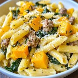 - 1 medium butternut squash, peeled and diced - 1 lb sweet Italian sausage, casings removed - 2 cups fresh spinach - 8 oz penne pasta - Olive oil for cooking - 1/2 cup vegetable broth - 3 cloves garlic, minced - 1 teaspoon dried thyme - 1 teaspoon smoked paprika - 1/4 cup heavy cream (or coconut cream for a dairy-free option) - Grated Parmesan cheese (optional for garnish) Butternut squash brings a sweet, nutty flavor to the dish. The sweet Italian sausage adds a savory touch that contrasts well with the squash. Fresh spinach adds a vibrant color and a healthy boost. For pantry staples, penne pasta is perfect for holding the sauce. Olive oil is essential for cooking and adds richness. Vegetable broth enhances the flavor without overpowering it. The garlic, dried thyme, and smoked paprika round out the dish with warmth and depth. Heavy cream or coconut cream offers a creamy finish. Grated Parmesan cheese can be a delightful garnish, adding a salty bite. Each ingredient plays a key role in making the pasta both tasty and comforting. {{ingredient_image_1}} Start by boiling a large pot of salted water. Once it boils, add 8 oz of penne pasta. Cook until al dente, about 10-12 minutes. Drain the pasta and set it aside. This keeps the pasta from sticking together. Preheat your oven to 400°F (200°C). Take 1 medium butternut squash, peel it, and dice it into small cubes. Toss the squash with olive oil, salt, and pepper on a baking sheet. Spread it out evenly. Roast in the oven for 20-25 minutes, or until it becomes tender and golden. This roasting gives it a sweet flavor. In a large skillet, drizzle some olive oil and heat it over medium heat. Add 1 lb of sweet Italian sausage, breaking it up with a spatula. Cook for about 5-7 minutes until it turns brown and is fully cooked. Next, add 3 minced garlic cloves. Sauté for one more minute until it smells good. Then, toss in 2 cups of fresh spinach and cook until it wilts. Now, stir in the roasted butternut squash, 1/2 cup of vegetable broth, 1 teaspoon of dried thyme, 1 teaspoon of smoked paprika, and 1/4 cup of heavy cream. Let the mixture simmer for about 5 minutes. This helps all the flavors come together nicely. Add the cooked penne pasta to the skillet with the sausage and veggies. Toss everything together well. This coats the pasta evenly with the sauce. Season with salt and pepper to taste. Adjust to your liking. To serve, remove the skillet from the heat. Plate the pasta in bowls. For a tasty finish, sprinkle grated Parmesan cheese on top if you wish. Serve hot and enjoy your delicious meal! - Ensuring pasta is al dente: Cook the penne pasta in boiling salted water. Follow the package instructions closely. Test it a minute early. The pasta should be tender but firm when bitten. - Roasting squash for optimal flavor: Preheat your oven to 400°F (200°C). Toss the diced butternut squash with olive oil, salt, and pepper. Roast for 20-25 minutes. Look for a golden color and a soft texture. This brings out the sweetness. - Suggested spices or herbs: Add dried thyme and smoked paprika for depth. These spices elevate the dish. You can also try fresh herbs like basil or parsley for a fresh taste. - Alternative cream options: If you want a dairy-free version, use coconut cream. It adds creaminess and a hint of sweetness. Heavy cream gives a rich taste but both options work well. - Prepping ingredients in advance: Chop the butternut squash and garlic ahead of time. This way, you save time when cooking. Store them in the fridge until you're ready. - Using pre-cooked sausage: Pre-cooked sausage cuts down cooking time. Just heat it in the skillet until warmed through. This step makes the dish quicker to prepare, perfect for busy nights. Pro Tips Use Fresh Ingredients: Fresh spinach and high-quality sausage will enhance the overall flavor of the dish. Customize Your Cream: For a lighter version, substitute heavy cream with coconut cream or use a plant-based alternative. Season Carefully: Taste as you go and adjust the seasoning with salt and pepper to suit your preference. Perfect Pasta: Be sure to cook the pasta al dente to maintain a good texture when mixed with the sauce. {{image_2}} You can make this dish vegetarian by swapping the sausage for plant-based options. Look for brands that mimic the taste and texture of sausage. Options like lentils or mushrooms work well too. They add heartiness and flavor without meat. You can use a mix of vegetables, like zucchini or eggplant, to round out the dish. If you need a gluten-free version, choose gluten-free pasta. There are many options, like rice or chickpea pasta. They cook well and still taste great. Just be sure to check the package for cooking times. This way, you keep the meal healthy without gluten. Feel free to get creative with more veggies. Bell peppers or mushrooms add color and texture. You can also try protein additions like chicken or shrimp. They enhance the meal while keeping it filling. This lets you customize the dish to fit your taste and what you have on hand. Store your leftovers in an airtight container. This keeps them fresh and tasty. Glass or plastic containers work well. Make sure to let the pasta cool before sealing. You can keep it in the fridge for up to three days. To freeze, use freezer-safe bags or containers. Portion the pasta for easy meals later. Remove as much air as you can from bags. This helps prevent freezer burn. When you’re ready to eat, thaw in the fridge overnight. Reheat on the stove or in the microwave until hot. In the fridge, your Butternut Squash Sausage Spinach Pasta lasts about three days. In the freezer, it can last up to three months. Just remember, the sooner you eat it, the better the taste! You can use coconut cream for a dairy-free option. It adds a rich flavor. Other options include half-and-half or whole milk, but these will change the texture. Yes, you can prepare the dish in advance. Cook the pasta, sausage, and squash separately. Combine them just before serving to keep everything fresh. For reheating, use a skillet over medium heat. Add a splash of broth or cream to prevent sticking. Stir until heated through. To add heat, include red pepper flakes or a dash of hot sauce. You can also use spicy Italian sausage in place of sweet sausage. This will give the dish a nice kick! This recipe combines butternut squash, sausage, and spinach for a tasty dish. We covered how to cook pasta, roast squash, and sauté vegetables step-by-step. You can even customize it for dietary needs, like gluten-free or vegetarian options. Remember to store leftovers properly and enjoy this comforting meal later. Cooking should be fun and simple. So gather your ingredients, follow the steps, and try it out! This dish is sure to impress your taste buds.