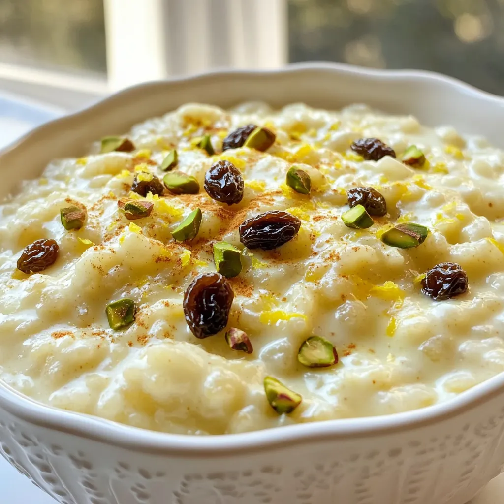 - 1 cup Arborio rice - 4 cups whole milk - 1 can (14 oz) sweetened condensed milk - 1/2 cup granulated sugar - 1 teaspoon vanilla extract - 1/2 teaspoon ground cinnamon - 1/4 teaspoon salt - 1/2 cup raisins - Zest of 1 lemon - Chopped nuts (like pistachios or almonds) - Large saucepan - Measuring cups and spoons - Stirring spoon The main ingredients create a creamy base. Arborio rice gives the pudding its unique texture. Whole milk adds richness, while sweetened condensed milk brings sweetness. You can adjust sweetness using granulated sugar. Optional ingredients like raisins and lemon zest add flavor and brightness. Chopped nuts make for a tasty garnish. For the tools, a large saucepan is key. You need measuring cups and spoons for accuracy. A stirring spoon helps keep everything smooth. With these ingredients and tools, you're ready to whip up a delightful dish that everyone will love. {{ingredient_image_1}} First, rinse the Arborio rice under cold water. This step is key! Rinsing helps remove extra starch. Too much starch can make the pudding thick and gummy. You want a creamy and smooth texture. Next, combine the rinsed rice and whole milk in a large saucepan. Stir well to mix. Place the pan over medium heat and bring it to a gentle simmer. Keep an eye on it! Stir often to prevent the rice from sticking to the bottom. Once it simmers, lower the heat to low. Let it cook for about 15 to 20 minutes. Stir frequently until the rice is tender and creamy. Now, stir in the sweetened condensed milk, granulated sugar, vanilla extract, ground cinnamon, and salt. Mix until the sugar dissolves. If you like, add raisins and lemon zest. Cook for another 5 to 10 minutes. Stir often until the pudding thickens to your liking. Remove it from the heat and let it cool for a few minutes. It will thicken more as it cools. Serve it warm or chilled in bowls. Top with chopped nuts for some crunch and a sprinkle of cinnamon if you wish. To keep your rice pudding from getting too thick, rinse the Arborio rice well. This step removes extra starch. Starch can cause your pudding to clump. Start with cold water until it runs clear. Adjusting the sweetness is easy. You can use less sugar if you prefer a lighter taste. The sweetened condensed milk adds a lot of sweetness already. Taste as you go, and make it just right for you. You can try different spices and extracts to boost flavor. A pinch of nutmeg adds warmth. You might like a splash of almond extract for a new twist. Consider adding lemon zest for a bright note. Fresh ginger can bring a nice kick. Feel free to experiment with what you enjoy most. Topping your rice pudding with nuts adds crunch. Chopped pistachios or almonds work great. They contrast nicely with the creamy texture. Fresh fruit can also brighten your dish. Berries or sliced bananas add color and flavor. You could drizzle some fruit sauce over the top too. It makes each bowl even more special! Pro Tips Rinse the Rice: Rinsing Arborio rice helps to remove excess starch, resulting in a creamier and less gummy pudding. Consistency Control: Adjust the cooking time to achieve your desired pudding thickness; cooking longer will result in a thicker pudding. Sweetness Adjustment: Feel free to adjust the amount of granulated sugar based on your sweetness preference, especially if using sweetened condensed milk. Chill Before Serving: Let the pudding cool for a few minutes before serving; it will thicken further as it cools and will enhance the flavor. {{image_2}} You can make a dairy-free rice pudding by using coconut milk or almond milk. Both options give a creamy texture without dairy. Just replace the whole milk with an equal amount of your choice. Coconut milk adds a lovely tropical flavor, while almond milk keeps it light and nutty. You can create fun twists on this classic dish. For a chocolate rice pudding, stir in cocoa powder or melted chocolate before serving. This adds a rich, sweet touch. If you prefer tropical flavors, add diced mango or pineapple for a bright, fruity taste. Both options make your pudding unique and exciting. Rice pudding can be enjoyed warm or chilled. Warm pudding feels cozy, while chilled pudding is refreshing on hot days. You can serve it in individual bowls for a personal touch or present it on a large platter for sharing. Both styles make this dessert fun and inviting! To store leftover rice pudding, let it cool completely. Place it in an airtight container. This keeps it fresh and tasty. Store it in the fridge for up to 3 days. When you want to enjoy it again, just remember to check for any signs of spoilage. Can you freeze rice pudding? Yes, you can freeze rice pudding! It freezes well and keeps its flavor. Best practices for freezing and thawing: First, let the pudding cool completely. Then, pour it into a freezer-safe container. Leave some space at the top because it will expand. Seal it tightly. Rice pudding can last in the freezer for up to 2 months. When ready to eat, move it to the fridge overnight to thaw. This helps keep the texture smooth. Best methods for reheating: The best way to reheat rice pudding is on the stove. Place it in a saucepan over low heat. Stir often to avoid sticking. You can add a splash of milk to help it soften again. Maintaining texture and flavor: Avoid using high heat. This can make the pudding thick and lumpy. If you want to use a microwave, heat it in short bursts. Stir between each burst to keep it creamy. Enjoy your warm, creamy treat! Condensed milk rice pudding can last about 4 to 5 days in the fridge. To keep it fresh, store it in an airtight container. This helps prevent it from drying out or absorbing other smells from the fridge. It’s best to let it cool before placing it in the fridge. Yes, you can make this rice pudding ahead of time. Simply prepare the pudding as instructed and let it cool completely. Then, store it in the fridge until you're ready to serve. You can reheat it gently on the stove or in the microwave. Serve it warm or chilled, depending on your taste. If you can’t find Arborio rice, you can use short-grain rice as a substitute. This type of rice has a similar starch content and will give you a creamy texture. You can also try medium-grain rice, but avoid long-grain rice as it won't yield the same results. Adjust cooking times as needed for different rice types. In this blog post, I discussed making delicious rice pudding with ingredients like Arborio rice, whole milk, and sweetened condensed milk. You learned step-by-step instructions, useful tips, and tricks for the perfect texture and flavor. I also shared variations for different diets and preferences. Remember, this dish is easy to customize and fun to make. Enjoy your rice pudding warm or chilled, topped with your favorite garnishes. With the right techniques and ingredients, you can create a comforting treat everyone will love.