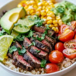 To create these tasty bowls, you need a few key ingredients: - 1 lb flank steak - 1 cup cooked brown rice or quinoa - 1 cup cherry tomatoes, halved - 1 avocado, sliced - 1 cup corn (fresh, canned, or frozen) - 1 cup black beans, rinsed and drained - ½ cup fresh cilantro, chopped These ingredients form the base of your dish, adding flavors and textures that blend well together. The flavors of the steak come from the marinade. Here’s what you need: - 2 tablespoons olive oil - 3 cloves garlic, minced - Juice of 2 limes - Zest of 1 lime - 1 teaspoon ground cumin - 1 teaspoon chili powder - Salt and pepper to taste These seasonings make the steak juicy and full of flavor. The lime juice adds brightness, while the cumin and chili powder bring warmth. To enhance your steak bowls, consider adding: - Lime wedges for serving Lime wedges give an extra burst of flavor. You can squeeze them over the steak and veggies for a fresh taste. Enjoy your meal with friends or family for a fun dining experience. {{ingredient_image_1}} First, gather your ingredients for the marinade. You will need olive oil, minced garlic, lime juice, lime zest, cumin, chili powder, salt, and pepper. In a medium bowl, mix these ingredients together. The lime juice gives a bright flavor, while the spices add depth. Next, take the flank steak and place it in the bowl. Make sure to coat the steak evenly with the marinade. Cover the bowl and let it sit in the fridge for at least 30 minutes. If you have time, let it marinate for up to 2 hours. This step is key for flavor. When you are ready to cook, heat your grill pan or skillet on medium-high heat. While it heats, remove the steak from the marinade. Let any extra marinade drip off. Place the steak on the hot grill or pan. Cook it for about 4-5 minutes on each side. You want it to reach your desired doneness. For medium-rare, aim for 135°F. Once the steak is cooked, transfer it to a cutting board. Let it rest for about 5-10 minutes. This helps the juices stay in the meat. While the steak rests, prepare your bowls. Start with a base of cooked brown rice or quinoa. Add a generous scoop to each bowl. After resting, slice the steak against the grain into thin strips. Now, it’s time to assemble! Top the rice or quinoa with the sliced steak. Add halved cherry tomatoes, sliced avocado, corn, and black beans. Finish by sprinkling chopped cilantro on top for a fresh touch. If you want, serve with lime wedges on the side for an extra burst of flavor. To get the best flavor, start with the marinade. Mix olive oil, minced garlic, lime juice, lime zest, ground cumin, chili powder, salt, and pepper in a bowl. Use fresh lime juice for a bright taste. Marinate the flank steak for at least 30 minutes. If you have more time, let it sit for two hours. This helps the flavors soak in deeply. For cooking, a grill pan or skillet works best. Heat it over medium-high heat. Remove the steak from the marinade and let the excess drip off. Grill the steak for about 4-5 minutes on each side. Use a meat thermometer to check doneness. Medium-rare is about 135°F. If you like it more cooked, go for medium at 145°F. Let the steak rest for 5-10 minutes after cooking. This keeps it juicy. When you’re ready to serve, prepare your bowls. Start with a scoop of cooked brown rice or quinoa as the base. Add the sliced steak on top. Then, layer with cherry tomatoes, sliced avocado, corn, and black beans. Finish with chopped cilantro for a fresh touch. Serve warm, and add lime wedges for an extra zing. Pro Tips Marination Time: Allow the steak to marinate for at least 30 minutes, but for best results, aim for 2 hours to fully infuse flavors. Grilling Technique: Preheat your grill pan or skillet to medium-high heat to ensure a nice sear, which locks in the juices. Slicing Against the Grain: Always slice the steak against the grain for tender slices that are easier to chew. Freshness Factor: Add the chopped cilantro just before serving to maintain its vibrant color and fresh flavor. {{image_2}} If you want a plant-based bowl, you have great options. You can swap the flank steak for grilled vegetables or tofu. Marinating grilled mushrooms in lime juice adds a tasty touch. Use extra firm tofu, cut it into cubes, and grill it for a hearty bite. You can also try jackfruit. It absorbs flavors well and adds a fun texture. These options keep the meal fresh and flavorful while catering to different diets. Choosing your base can change the dish. Quinoa offers a nutty flavor and more protein than brown rice. It cooks in about 15 minutes and looks great in bowls. Brown rice gives a chewy texture and a subtle earthy taste. It takes about 45 minutes to cook. Both are healthy choices, so pick what you enjoy more. You can even mix them for a unique twist! Toppings can make your bowl exciting. Consider adding sliced radishes for a crunchy kick. Pickled onions add a tangy flavor that brightens the meal. You might also enjoy crumbled cheese or a dollop of sour cream. For a spicy touch, add jalapeños or a drizzle of hot sauce. Don't forget to sprinkle some seeds or nuts for crunch. Customize your bowl to fit your taste and mood! Store leftover steak bowls in an airtight container. Make sure to let them cool first. Place them in the fridge. They will stay fresh for up to three days. If you want to keep them longer, freeze them. Use freezer-safe containers and label them with the date. To reheat your steak bowls, use the microwave. Place the bowl in the microwave and cover it. Heat it on medium power for about 1-2 minutes. Stir halfway through to get even heat. If the steak seems tough, add a splash of water before reheating. This helps keep it moist. Meal prep makes life easier. Start by cooking a big batch of brown rice or quinoa. Store it in the fridge. Next, marinate and grill the steak ahead of time. Cut it into strips and store it in a separate container. You can also prepare your toppings, like chopped tomatoes and sliced avocado. Keep those in the fridge too. When you’re ready to eat, just assemble your bowls. This way, you enjoy fresh flavors with less effort! The best cut for this recipe is flank steak. Flank steak has great flavor and is easy to slice. It works well with the marinade and stays tender when cooked right. You can also use skirt steak or sirloin. Both cuts have good taste and texture, making them popular choices. Yes, you can make this dish gluten-free. Use gluten-free grains like quinoa instead of brown rice. Check any canned ingredients, like beans or corn, to ensure they are gluten-free. The marinade is safe since it contains no gluten. Enjoy this fresh meal without worry! You can keep leftovers in the fridge for up to three days. Store them in an airtight container. If you want to save them longer, freeze the components separately. The steak and veggies can last up to three months in the freezer. Cilantro lime steak bowls are simple and tasty. We covered ingredients, cooking steps, and tips. You can customize these bowls with toppings or switch to vegan options. Proper storage keeps leftovers fresh. Remember, marinating the steak enhances flavor. Enjoy trying different grains like quinoa or brown rice. This dish offers endless fun for everyone at the table. Now, you’re ready to create your own delicious meal. Happy cooking!