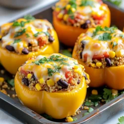 - 4 large bell peppers (any color) - 1 cup quinoa, rinsed - 2 cups vegetable broth The main ingredients are simple and tasty. You need large bell peppers, which can be any color you like. Red, yellow, and green all work well. They are sweet and colorful. Next, you will use quinoa, a great grain that cooks fluffy and has a nice bite. You will also need vegetable broth. It gives the quinoa a great flavor. - 1 can (15 oz) black beans, drained and rinsed - 1 cup corn (frozen or fresh) - 1 small red onion, finely chopped - 1 garlic clove, minced - 1 teaspoon cumin - 1 teaspoon smoked paprika - 1 teaspoon chili powder - Salt and pepper to taste For the stuffing, you will add black beans. They are healthy and add protein. Corn brings sweetness and texture. The red onion adds a bit of crunch and a sharp flavor. Garlic gives a nice aroma. For spices, cumin, smoked paprika, and chili powder pack a punch. Don’t forget salt and pepper to make everything taste great! - 1 cup diced tomatoes (canned or fresh) - 1 cup shredded cheese (cheddar, mozzarella, or your choice) - Fresh cilantro for garnish Finally, you will need toppings. Diced tomatoes add freshness and juiciness. Shredded cheese melts wonderfully on top. You can choose cheddar or mozzarella, depending on your taste. Fresh cilantro adds a bright touch. It makes the dish look pretty too! {{ingredient_image_1}} 1. Preheat your oven to 375°F (190°C). This step ensures even cooking. 2. Prep the bell peppers. Cut the tops off and remove seeds. Brush the outside lightly with olive oil. Place them cut side up in a baking dish. 3. Cook the quinoa. In a saucepan, add 1 cup of rinsed quinoa and 2 cups of vegetable broth. Bring to a boil, then reduce to a simmer. Cover and cook for about 15 minutes. The quinoa will be fluffy when done. 1. Combine all filling ingredients. In a large mixing bowl, mix the cooked quinoa, black beans, corn, chopped red onion, minced garlic, and diced tomatoes. Add cumin, smoked paprika, chili powder, and salt and pepper. Stir well until everything is evenly mixed. 2. Pack the mixture into the bell peppers. Spoon the quinoa mixture into each pepper. Press down slightly to fit it all in. 1. Cover and bake the stuffed peppers. Use aluminum foil to cover the baking dish. Bake for 25 minutes. 2. Finish with melty cheese. Remove the foil and add shredded cheese on top of each pepper. Bake for an additional 10 minutes. The cheese should be bubbly and golden. 3. Serve. Take the peppers out of the oven. Let them cool for a few minutes. Garnish with fresh cilantro before serving. How to choose the best bell peppers Look for bell peppers that are firm and shiny. They should feel heavy for their size. Choose ones with smooth skin and no blemishes. Colors like red, yellow, or green all taste great. Each color has a different level of sweetness. Red is the sweetest, while green is more bitter. Cooking quinoa perfectly every time To cook quinoa well, rinse it first. This removes a bitter coating called saponin. Use a 1:2 ratio of quinoa to vegetable broth for best results. Bring it to a boil, then lower the heat and cover. Cook for about 15 minutes until the liquid is gone. Fluff it with a fork to make it light and airy. Spice adjustments and flavor boosts You can change the spices to suit your taste. Adding more cumin or chili powder gives a kick. If you like it mild, reduce the spices. Fresh herbs like cilantro or parsley can also brighten the flavor. A squeeze of lime juice adds a nice zesty touch. Cheese alternatives for different tastes If you want to swap cheese, try feta or goat cheese for a tangy flavor. Nutritional yeast is a great vegan option. It adds a cheesy taste without any dairy. You can also skip cheese altogether for a lighter dish. Experiment to find what you like best! Pro Tips Choose Colorful Peppers: Using a mix of bell pepper colors not only makes the dish visually appealing but also adds a variety of flavors and nutrients. Cook Quinoa Perfectly: Rinse quinoa thoroughly before cooking to remove its natural coating, which can make it taste bitter. This will ensure a fluffy and delicious final product. Add Extra Veggies: Feel free to sneak in additional vegetables like zucchini or spinach into the filling for added nutrition and flavor. Customize Your Cheese: Experiment with different types of cheese like feta or pepper jack to add unique flavors to your stuffed peppers. {{image_2}} You can change stuffed bell peppers to fit your needs. For a vegetarian option, use hearty fillings. You can add lentils or mushrooms to replace meat. This keeps it filling and tasty. For gluten-free variations, focus on safe grains. Quinoa is a great choice since it is naturally gluten-free. Rice also works well if you prefer it. Both options pair nicely with the other ingredients. Explore different flavors to spice things up. For a Southwestern twist, add black beans and corn. You can also toss in some diced jalapeños for heat. A sprinkle of taco seasoning boosts the flavor profile, making it bold and exciting. If you prefer Mediterranean flavors, think about adding olives and feta cheese. You could use herbs like oregano and basil to enhance the taste. A splash of lemon juice can brighten the dish and add freshness. There are many ways to cook stuffed bell peppers. Grilling adds a smoky flavor. Simply place the stuffed peppers on a grill over medium heat. Cook until tender and slightly charred. This method gives the peppers a nice texture. You can also use an Instant Pot or slow cooker. For the Instant Pot, cook on high pressure for about 10 minutes. For a slow cooker, set it on low for 4-6 hours. Both methods make the peppers soft and easy to enjoy. To keep your stuffed bell peppers fresh, store them in the fridge. Place them in an airtight container. This helps prevent them from drying out. You can also cover them tightly with plastic wrap. How long do they last in the fridge? Leftover stuffed bell peppers stay good for about 3 to 5 days. Make sure to check for any signs of spoilage before eating. If they smell off or look strange, it's best to throw them out. Freezing stuffed peppers is a great way to meal prep. To freeze them, let the stuffed peppers cool completely first. Wrap each one in plastic wrap. Then, place them in a freezer-safe bag or container. This helps prevent freezer burn. How to reheat frozen stuffed peppers effectively? When you're ready to eat, take them out of the freezer. Let them thaw in the fridge overnight. If you're in a hurry, you can microwave them straight from the freezer. Heat them for about 5 to 7 minutes, then check if they're warm all the way through. For a crisp finish, bake them in the oven at 375°F for about 20 minutes. Enjoy your tasty stuffed peppers! Can I make stuffed bell peppers ahead of time? Yes, you can make stuffed bell peppers ahead. Prepare them up to the baking step. Store them in the fridge for up to 24 hours. When ready, just bake them. This saves time on busy days. What can I substitute for quinoa in this recipe? If you don’t have quinoa, use rice or couscous. Both work well as a base. You can also try bulgur or farro for a different texture. Each adds its own flavor to the dish. How long do I need to bake stuffed bell peppers? Bake stuffed bell peppers for about 35 minutes. Cover them with foil for the first 25 minutes. This keeps them moist. Then, uncover for 10 more minutes to brown the cheese. What’s the best way to prepare peppers so they aren’t crunchy? To avoid crunchy peppers, cook them longer. Parboil them for a few minutes before stuffing. This softens them. You can also bake them longer if you prefer softer peppers. Are stuffed bell peppers healthy? Yes, stuffed bell peppers are healthy! They are low in calories and high in fiber. The filling is packed with protein and vitamins. Plus, you can adjust the ingredients to suit your diet. How can I make them more nutritious? You can add more veggies to the filling. Try spinach, zucchini, or carrots. Use brown rice instead of white for extra fiber. Add seeds or nuts for healthy fats and crunch. Stuffed bell peppers are a tasty and flexible meal option. We discussed the main ingredients, prep steps, and various cooking methods. You can customize these peppers for any diet or taste. Remember to store leftovers properly for later enjoyment. With some tips and tricks, you can effortlessly create delicious stuffed peppers. Enjoy experimenting with flavors and making this dish your own. Happy cooking!