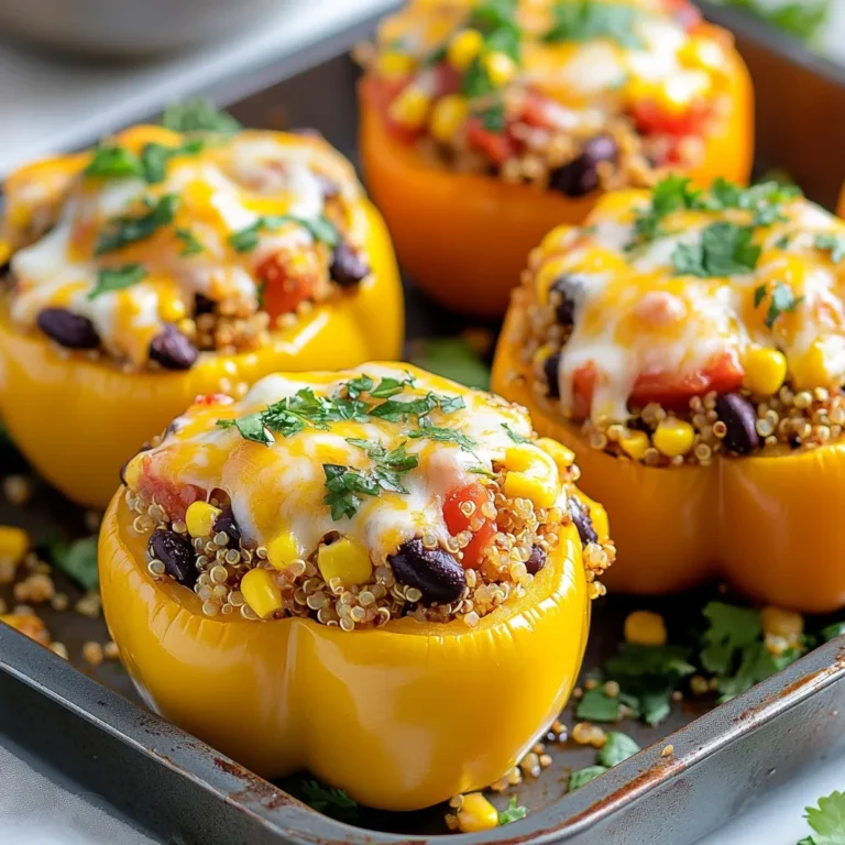 - 4 large bell peppers (any color) - 1 cup quinoa, rinsed - 2 cups vegetable broth The main ingredients are simple and tasty. You need large bell peppers, which can be any color you like. Red, yellow, and green all work well. They are sweet and colorful. Next, you will use quinoa, a great grain that cooks fluffy and has a nice bite. You will also need vegetable broth. It gives the quinoa a great flavor. - 1 can (15 oz) black beans, drained and rinsed - 1 cup corn (frozen or fresh) - 1 small red onion, finely chopped - 1 garlic clove, minced - 1 teaspoon cumin - 1 teaspoon smoked paprika - 1 teaspoon chili powder - Salt and pepper to taste For the stuffing, you will add black beans. They are healthy and add protein. Corn brings sweetness and texture. The red onion adds a bit of crunch and a sharp flavor. Garlic gives a nice aroma. For spices, cumin, smoked paprika, and chili powder pack a punch. Don’t forget salt and pepper to make everything taste great! - 1 cup diced tomatoes (canned or fresh) - 1 cup shredded cheese (cheddar, mozzarella, or your choice) - Fresh cilantro for garnish Finally, you will need toppings. Diced tomatoes add freshness and juiciness. Shredded cheese melts wonderfully on top. You can choose cheddar or mozzarella, depending on your taste. Fresh cilantro adds a bright touch. It makes the dish look pretty too! {{ingredient_image_1}} 1. Preheat your oven to 375°F (190°C). This step ensures even cooking. 2. Prep the bell peppers. Cut the tops off and remove seeds. Brush the outside lightly with olive oil. Place them cut side up in a baking dish. 3. Cook the quinoa. In a saucepan, add 1 cup of rinsed quinoa and 2 cups of vegetable broth. Bring to a boil, then reduce to a simmer. Cover and cook for about 15 minutes. The quinoa will be fluffy when done. 1. Combine all filling ingredients. In a large mixing bowl, mix the cooked quinoa, black beans, corn, chopped red onion, minced garlic, and diced tomatoes. Add cumin, smoked paprika, chili powder, and salt and pepper. Stir well until everything is evenly mixed. 2. Pack the mixture into the bell peppers. Spoon the quinoa mixture into each pepper. Press down slightly to fit it all in. 1. Cover and bake the stuffed peppers. Use aluminum foil to cover the baking dish. Bake for 25 minutes. 2. Finish with melty cheese. Remove the foil and add shredded cheese on top of each pepper. Bake for an additional 10 minutes. The cheese should be bubbly and golden. 3. Serve. Take the peppers out of the oven. Let them cool for a few minutes. Garnish with fresh cilantro before serving. How to choose the best bell peppers Look for bell peppers that are firm and shiny. They should feel heavy for their size. Choose ones with smooth skin and no blemishes. Colors like red, yellow, or green all taste great. Each color has a different level of sweetness. Red is the sweetest, while green is more bitter. Cooking quinoa perfectly every time To cook quinoa well, rinse it first. This removes a bitter coating called saponin. Use a 1:2 ratio of quinoa to vegetable broth for best results. Bring it to a boil, then lower the heat and cover. Cook for about 15 minutes until the liquid is gone. Fluff it with a fork to make it light and airy. Spice adjustments and flavor boosts You can change the spices to suit your taste. Adding more cumin or chili powder gives a kick. If you like it mild, reduce the spices. Fresh herbs like cilantro or parsley can also brighten the flavor. A squeeze of lime juice adds a nice zesty touch. Cheese alternatives for different tastes If you want to swap cheese, try feta or goat cheese for a tangy flavor. Nutritional yeast is a great vegan option. It adds a cheesy taste without any dairy. You can also skip cheese altogether for a lighter dish. Experiment to find what you like best! Pro Tips Choose Colorful Peppers: Using a mix of bell pepper colors not only makes the dish visually appealing but also adds a variety of flavors and nutrients. Cook Quinoa Perfectly: Rinse quinoa thoroughly before cooking to remove its natural coating, which can make it taste bitter. This will ensure a fluffy and delicious final product. Add Extra Veggies: Feel free to sneak in additional vegetables like zucchini or spinach into the filling for added nutrition and flavor. Customize Your Cheese: Experiment with different types of cheese like feta or pepper jack to add unique flavors to your stuffed peppers. {{image_2}} You can change stuffed bell peppers to fit your needs. For a vegetarian option, use hearty fillings. You can add lentils or mushrooms to replace meat. This keeps it filling and tasty. For gluten-free variations, focus on safe grains. Quinoa is a great choice since it is naturally gluten-free. Rice also works well if you prefer it. Both options pair nicely with the other ingredients. Explore different flavors to spice things up. For a Southwestern twist, add black beans and corn. You can also toss in some diced jalapeños for heat. A sprinkle of taco seasoning boosts the flavor profile, making it bold and exciting. If you prefer Mediterranean flavors, think about adding olives and feta cheese. You could use herbs like oregano and basil to enhance the taste. A splash of lemon juice can brighten the dish and add freshness. There are many ways to cook stuffed bell peppers. Grilling adds a smoky flavor. Simply place the stuffed peppers on a grill over medium heat. Cook until tender and slightly charred. This method gives the peppers a nice texture. You can also use an Instant Pot or slow cooker. For the Instant Pot, cook on high pressure for about 10 minutes. For a slow cooker, set it on low for 4-6 hours. Both methods make the peppers soft and easy to enjoy. To keep your stuffed bell peppers fresh, store them in the fridge. Place them in an airtight container. This helps prevent them from drying out. You can also cover them tightly with plastic wrap. How long do they last in the fridge? Leftover stuffed bell peppers stay good for about 3 to 5 days. Make sure to check for any signs of spoilage before eating. If they smell off or look strange, it's best to throw them out. Freezing stuffed peppers is a great way to meal prep. To freeze them, let the stuffed peppers cool completely first. Wrap each one in plastic wrap. Then, place them in a freezer-safe bag or container. This helps prevent freezer burn. How to reheat frozen stuffed peppers effectively? When you're ready to eat, take them out of the freezer. Let them thaw in the fridge overnight. If you're in a hurry, you can microwave them straight from the freezer. Heat them for about 5 to 7 minutes, then check if they're warm all the way through. For a crisp finish, bake them in the oven at 375°F for about 20 minutes. Enjoy your tasty stuffed peppers! Can I make stuffed bell peppers ahead of time? Yes, you can make stuffed bell peppers ahead. Prepare them up to the baking step. Store them in the fridge for up to 24 hours. When ready, just bake them. This saves time on busy days. What can I substitute for quinoa in this recipe? If you don’t have quinoa, use rice or couscous. Both work well as a base. You can also try bulgur or farro for a different texture. Each adds its own flavor to the dish. How long do I need to bake stuffed bell peppers? Bake stuffed bell peppers for about 35 minutes. Cover them with foil for the first 25 minutes. This keeps them moist. Then, uncover for 10 more minutes to brown the cheese. What’s the best way to prepare peppers so they aren’t crunchy? To avoid crunchy peppers, cook them longer. Parboil them for a few minutes before stuffing. This softens them. You can also bake them longer if you prefer softer peppers. Are stuffed bell peppers healthy? Yes, stuffed bell peppers are healthy! They are low in calories and high in fiber. The filling is packed with protein and vitamins. Plus, you can adjust the ingredients to suit your diet. How can I make them more nutritious? You can add more veggies to the filling. Try spinach, zucchini, or carrots. Use brown rice instead of white for extra fiber. Add seeds or nuts for healthy fats and crunch. Stuffed bell peppers are a tasty and flexible meal option. We discussed the main ingredients, prep steps, and various cooking methods. You can customize these peppers for any diet or taste. Remember to store leftovers properly for later enjoyment. With some tips and tricks, you can effortlessly create delicious stuffed peppers. Enjoy experimenting with flavors and making this dish your own. Happy cooking!