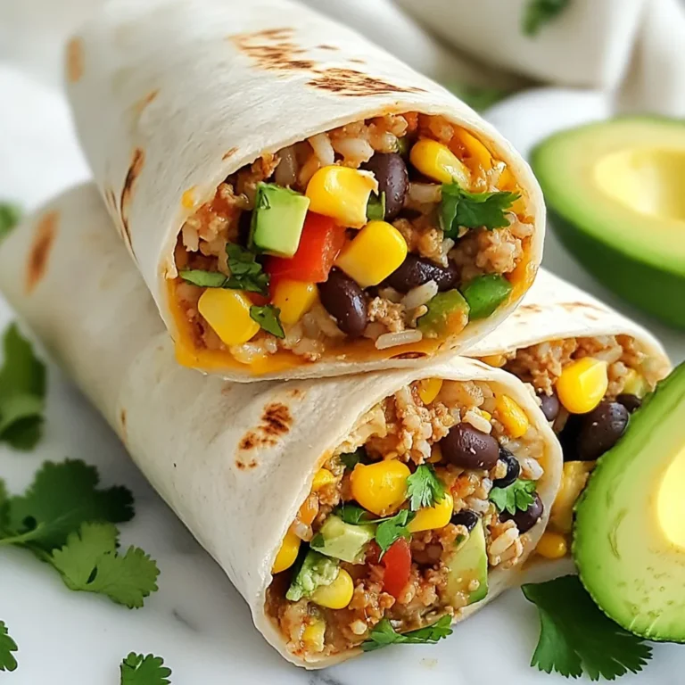 To make delicious Ground Chicken Rice Burritos, gather these simple ingredients: - 1 lb ground chicken - 1 cup cooked brown rice - 1 cup black beans, rinsed and drained - 1 bell pepper, diced (red or green) - 1 small onion, chopped - 2 cloves garlic, minced - 1 teaspoon chili powder - 1 teaspoon cumin - ½ teaspoon paprika - Salt and pepper to taste - ½ cup corn (canned or frozen) - ½ cup shredded cheese (cheddar or Monterey Jack) - 4 large tortillas - Fresh cilantro, chopped (for garnish) - 1 avocado, sliced (for topping) - Salsa or hot sauce (for serving) These ingredients let you create a flavorful meal that is easy to prepare. You can find most of them at your local grocery store. I suggest picking fresh veggies, as they add great taste. The ground chicken is lean and cooks quickly, making it a perfect base for the burrito. The brown rice provides fiber and makes it filling. Feel free to mix and match with the ingredients. You can use red beans instead of black beans or try different types of cheese. Remember, the key to a great burrito lies in the balance of flavors, so choose what you love! {{ingredient_image_1}} Sautéing Vegetables Start by heating a large skillet over medium heat. Add a drizzle of olive oil. Once the oil is hot, toss in the chopped onion and diced bell pepper. Stir them for about five minutes until they soften. This step builds the base flavor for your burritos. Next, add minced garlic. Cook for one more minute until you smell the garlic. Cooking Ground Chicken Now, add one pound of ground chicken to the skillet. Use a spoon to break it up. Cook it until it turns brown and is no longer pink, which takes about 7 to 10 minutes. This step is crucial as it ensures the chicken is fully cooked and safe to eat. Combining Ingredients Once the chicken is cooked, season it with one teaspoon of chili powder, one teaspoon of cumin, half a teaspoon of paprika, and salt and pepper to taste. Mix well. Then, add one cup of cooked brown rice, one cup of rinsed black beans, and half a cup of corn. Stir everything together and let it cook for another 2 to 3 minutes. This allows the flavors to come together nicely. Assembling the Burritos After cooking, take the skillet off the heat. Stir in half a cup of shredded cheese until it melts slightly. Now, lay out a large tortilla on a flat surface. Spoon a generous amount of the chicken mixture into the center. Fold in the sides, then roll tightly from the bottom up to create your burrito. Repeat this for the remaining tortillas and filling. Optional Grilling Instructions For extra flavor, you can grill the burritos. Heat a skillet with a bit of oil. Place the burritos seam-side down. Grill for about 2 minutes on each side. This makes the burritos crispy and delicious. Enjoy your flavorful Ground Chicken Rice Burritos hot with avocado slices, fresh cilantro, and your choice of salsa or hot sauce! - Ground Chicken Alternatives: You can use ground turkey or beef instead of chicken. Both add unique flavors. - Rice Variations: Swap brown rice for white rice or quinoa for a different texture. - Cheese Choices: Try pepper jack for a spicy kick or mozzarella for a milder taste. - How to Achieve a Crispy Burrito: Grill the burritos in a skillet with a little oil. Cook for 2 minutes on each side. This gives a crunchy texture. - Timing for Flavor Development: Let the garlic sauté for one minute. This brings out its full flavor. Mix the spices with the chicken while it cooks for even taste. - Best Sides to Pair: Serve with tortilla chips and guacamole. A fresh salad also works well. - Garnishing Ideas: Top with sliced avocado and chopped cilantro. A squeeze of lime adds brightness. Pro Tips Use Fresh Ingredients: Always opt for fresh vegetables and herbs to enhance the flavor of your burritos. Fresh cilantro and ripe avocados will make a significant difference. Customizable Heat: Adjust the spice level by adding more chili powder or including diced jalapeños for an extra kick. You can also serve with mild salsa for a family-friendly option. Make Ahead: Prepare the filling in advance and store it in the refrigerator for up to 2 days. This makes assembling the burritos quick and easy on busy nights. Grilling for Texture: If grilling the burritos, press them down slightly with a spatula to achieve a nice, crispy exterior. This adds a delightful crunch to each bite. {{image_2}} You can make these burritos meat-free. Use meat substitutes like textured vegetable protein or lentils. They add great texture and protein. For an extra crunch, add more veggies. Try zucchini, spinach, or mushrooms. They all work well in this recipe. If you like heat, add jalapeños to your filling. You can chop them fine or slice them. Mix in one or two for the right kick. Also, consider hot sauce for more spice. A few drops of your favorite brand will do the trick. Want a breakfast twist? Add eggs! Scramble some eggs and mix them with the chicken filling. You can also add breakfast sausage for more flavor. Top with cheese and avocado for a delicious morning meal. How do you store leftover burritos? After enjoying your delicious ground chicken rice burritos, place any leftovers in an airtight container. This keeps them fresh and safe to eat later. You can store them in the fridge for up to three days. If you want to keep them longer, consider freezing them. What are the best practices for freezing burritos? To freeze burritos, let them cool completely first. Wrap each burrito in plastic wrap or aluminum foil. Place them in a freezer bag or container. Make sure to remove as much air as possible. They can last in the freezer for up to three months. When you're ready to eat, just thaw them in the fridge overnight. What’s the difference between the microwave and oven for reheating? The microwave is quick and easy. Just unwrap the burrito and place it on a microwave-safe plate. Heat it for about 1-2 minutes, checking to ensure it's hot all the way through. Using the oven gives you a crispier burrito. Preheat your oven to 350°F (175°C). Wrap the burrito in foil and heat for about 15-20 minutes. This method tastes great if you like a crunchy texture! These burritos stay fresh for up to four days in the fridge. Store them in an airtight container to keep them safe. The flavors deepen over time, making them even tastier. Yes, you can make these burritos ahead of time. Just prepare the filling and assemble the burritos. Wrap them tightly and keep them in the fridge. This way, you can enjoy a quick meal later. If you don't have brown rice, you can use white rice. Quinoa is another great option. Both will still give you a hearty and tasty burrito. Absolutely! You can assemble the burritos and freeze them. Wrap each one in plastic wrap or foil. They will last for about three months in the freezer. Just thaw and reheat when you're ready to eat. You can add many fun fillings to your burritos. Try diced tomatoes, spinach, or zucchini. For more protein, add shredded chicken or beef. Black olives and jalapeños also make great additions. The choices are endless! You now have all the tools to make delicious burritos. We covered key ingredients, cooking steps, and smart tips to boost flavor. Try different variations to suit your tastes, like vegetarian or spicy options. Don't forget to store leftovers properly. Enjoy these burritos any time, whether for lunch or dinner. Get creative, share your creations, and make mealtime fun!
