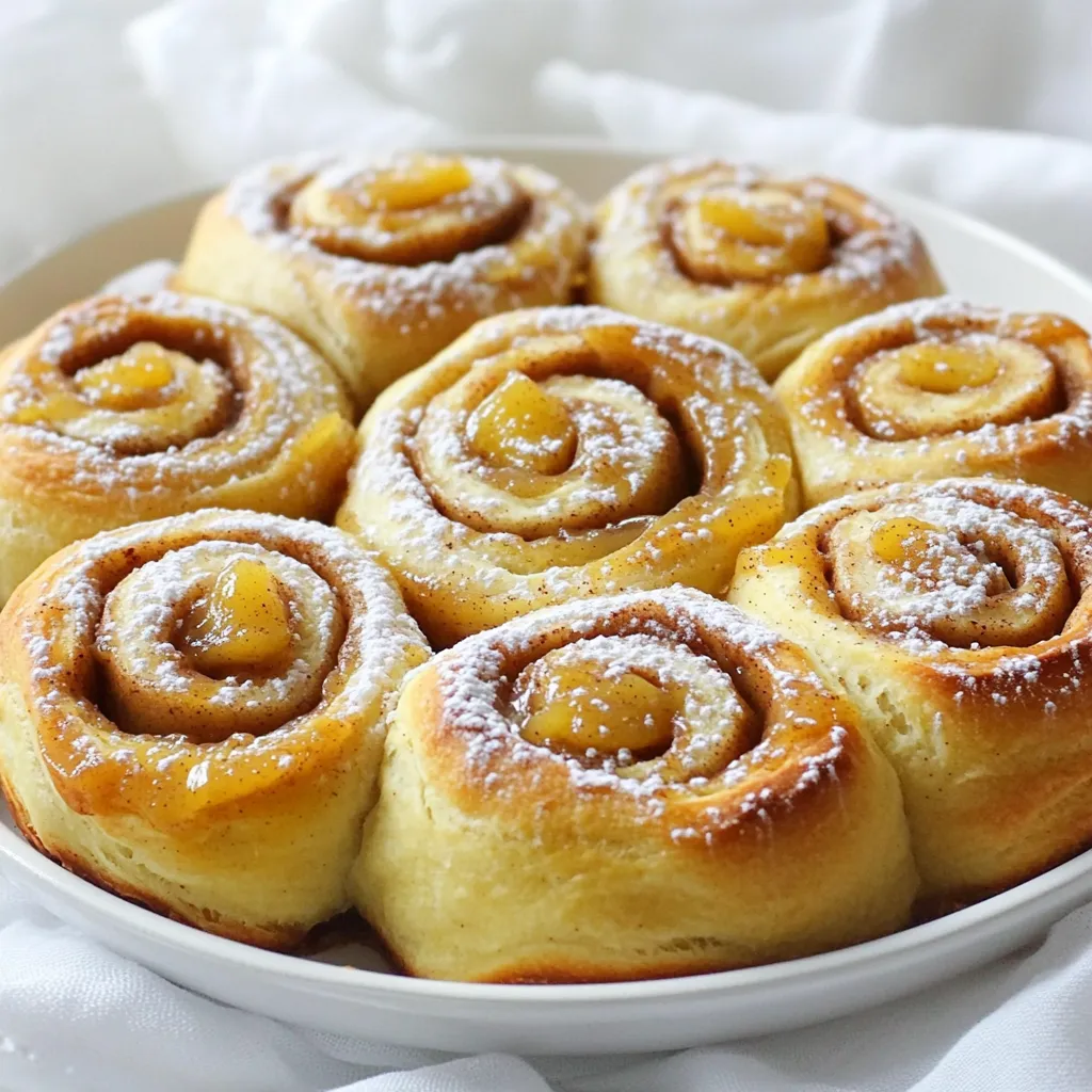 To make these delightful apple butter cinnamon rolls, you need the right ingredients. Here’s a simple list to guide you: - 2 cups all-purpose flour - 1 tablespoon granulated sugar - 1 teaspoon salt - 1 packet instant yeast - ¾ cup warm milk - 2 tablespoons melted unsalted butter - ½ teaspoon vanilla extract - ½ cup apple butter - 1 tablespoon ground cinnamon - ¼ cup brown sugar - 1 tablespoon softened unsalted butter - Optional: Powdered sugar for dusting Each ingredient plays a key role. The flour forms the base, while the sugar helps with sweetness. Salt enhances flavors, and yeast makes the rolls rise. Warm milk activates the yeast, giving us fluffy rolls. Butter adds richness, and vanilla brings a lovely aroma. Apple butter gives a sweet, fruity flavor, while cinnamon and brown sugar create that warm, cozy filling. Lastly, a dusting of powdered sugar adds a sweet finish. Feel free to gather these ingredients before starting. They are easy to find, and many might already be in your pantry! 1. Combine warm milk, sugar, and yeast. Start with ¾ cup of warm milk at 110°F. Add 1 tablespoon of sugar and 1 packet of instant yeast. Let it sit for about 5 minutes. You want it to be frothy. 2. Add melted butter and vanilla extract. Mix in 2 tablespoons of melted unsalted butter and ½ teaspoon of vanilla extract. Stir well until combined. 3. Gradually incorporate flour and salt. Add 2 cups of all-purpose flour and 1 teaspoon of salt into the bowl. Mix until the dough starts to come together. 1. Knead until a soft dough forms. Turn the dough out onto a floured surface. Knead for about 5 to 7 minutes. If the dough feels sticky, add a little more flour. 2. Cover and let it rise in a warm place. Place the dough in a greased bowl. Cover it with a damp cloth and set it in a warm spot. Let it rise for about 1 hour or until it doubles in size. 1. Mix apple butter, cinnamon, and brown sugar. In a small bowl, combine ½ cup of apple butter, 1 tablespoon of ground cinnamon, and ¼ cup of brown sugar. Stir until smooth. 2. Roll out the dough and spread the filling. Once the dough has risen, turn it out onto a floured surface. Roll it into a rectangle, about 10x14 inches. Spread 1 tablespoon of softened butter over the dough, leaving a small edge. 3. Cut and shape the rolls. Evenly spread the apple butter filling over the dough. Roll the dough up tightly from one long side. Pinch the edges to seal. Cut the log into 1-inch thick rolls and place them in a greased baking dish. To make the best dough, you must ensure the right consistency. When mixing, the dough should be soft but not sticky. Add flour slowly until it feels just right. Knead for about 5-7 minutes. This builds gluten and gives the rolls strength. For a successful rise, keep the dough warm. Find a cozy spot in your kitchen. Cover it with a damp cloth. Let it rise until it doubles in size, usually about 1 hour. Do not rush this step; it’s key for fluffiness. Checking doneness is crucial. When the rolls are golden brown, they are likely done. Use a toothpick to test the center. If it comes out clean, they are ready. Adjust your oven temperature if needed. If your rolls brown too fast, lower the heat a bit. An oven thermometer can help you ensure your temperature is accurate. For presentation, serve the rolls warm on a nice platter. Drizzle extra apple butter on top. Dust with powdered sugar for a sweet touch. This makes your rolls look as good as they taste. Pair your apple butter cinnamon rolls with warm beverages. Coffee and tea work well. They add warmth and flavor to your cozy treat. Enjoy the blend of tastes and aromas! {{image_2}} You can make your apple butter cinnamon rolls even better. Try adding nuts or dried fruit. Chopped walnuts or pecans give a nice crunch. Dried cranberries or raisins add sweetness. Mix these in with your filling for a tasty surprise. You can also substitute different spices for a unique twist. Instead of just cinnamon, try nutmeg or allspice. Each spice brings its own flavor. This keeps your rolls exciting and new each time you bake. A glaze can take your cinnamon rolls to the next level. A cream cheese glaze adds a rich, tangy flavor. Mix cream cheese with powdered sugar and a bit of milk for a smooth finish. Drizzle it over warm rolls for a sweet touch. You can also use a maple syrup drizzle. This adds warmth and richness. Just warm up some maple syrup and pour it over the rolls. It’s simple and oh-so-delicious. If you need gluten-free rolls, try using gluten-free flour. Many brands offer good blends that work well. Just follow the package instructions for the best results. For vegan options, swap out butter and milk. Use coconut oil or vegan butter for the dough. Almond milk or oat milk are great choices for the warm milk. These changes keep your rolls tasty and suitable for all diets. To keep your apple butter cinnamon rolls fresh, store them in the fridge. Place the rolls in an airtight container. This will help keep them moist and tasty. If you do not have an airtight container, wrap them tightly in plastic wrap. This method also works well. You can freeze these rolls for later. If you want to freeze unbaked rolls, place them in a greased dish after cutting. Cover them tightly with plastic wrap and foil. For baked rolls, let them cool completely before freezing. Once cooled, place them in a freezer-safe bag. To thaw, simply transfer the rolls from the freezer to the fridge overnight. When you are ready to eat, reheat them in the oven at 350°F for about 10 minutes. This warms them up nicely. At room temperature, these rolls last for about 2 days. Keep them in a cool, dry place. If you notice any signs of spoilage, like mold or an off smell, it’s best to throw them out. Enjoy your delicious apple butter cinnamon rolls while they are fresh! Can I make the dough ahead of time? Yes, you can make the dough ahead. After you knead it, place it in the fridge. Cover it well to keep it fresh. You can keep it there for up to 24 hours. When you're ready, let it sit at room temp for about 30 minutes before rolling it out. How do I know if my yeast is active? To check if yeast is active, mix warm milk and sugar. Then sprinkle in the yeast. Let it sit for 5 to 10 minutes. If it gets frothy and bubbly, your yeast is good to use. If not, it may be old and should be replaced. What to do if the rolls don't rise? If your rolls don't rise, check the temperature. Yeast likes warmth, so find a cozy spot. You can also try again by giving them more time. If the dough feels too cold, place it near a warm oven. How to fix sticky dough? If the dough is too sticky, add more flour. Do this slowly, a little at a time. Knead the dough again after adding flour. It should become smooth and soft. If you add too much flour, the rolls may be dense. Can I use store-bought apple butter? Yes, you can use store-bought apple butter. It saves time and still tastes great. Just pick a brand you like. Homemade apple butter adds a personal touch, but store-bought is a fine choice. What to serve with apple butter cinnamon rolls? You can serve these rolls with coffee or tea. They go well with a scoop of vanilla ice cream too. For a fun twist, drizzle some extra apple butter on top, or add a sprinkle of nuts for crunch. In this post, we explored how to make apple butter cinnamon rolls from scratch. We covered the simple ingredients, straightforward steps, and helpful tips. You can adapt this recipe with various flavors or dietary changes. Remember, practice makes perfect with dough cooking. Enjoy the warm, sweet rolls fresh from the oven. Don't forget to share your creations with friends and family! Happy baking!