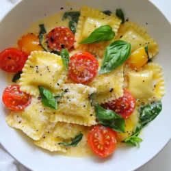 - 12 oz fresh or frozen cheese ravioli - 1 tablespoon olive oil - 3 cloves garlic, minced - 1 cup cherry tomatoes, halved - 2 cups baby spinach - 1 cup heavy cream - 1 teaspoon Italian seasoning - Salt and pepper to taste - ½ cup grated Parmesan cheese - Fresh basil leaves for garnish For this creamy Tuscan ravioli, you'll need just a few simple ingredients. The cheese ravioli is the star, bringing rich flavor and comfort. You can use fresh or frozen ravioli, depending on what you have. Olive oil adds a nice touch, while garlic gives that amazing aroma. Cherry tomatoes bring sweetness and color. Baby spinach adds a pop of green and nutrition. The heavy cream makes it all creamy and dreamy. Italian seasoning ties everything together with its warm, herby notes. You can adjust the salt and pepper to suit your taste. Don't forget the Parmesan cheese! It melts beautifully and adds depth. Finally, fresh basil leaves will make your dish look fancy and taste fresh. Gather these ingredients, and you're ready to create a delightful meal that will impress anyone. {{ingredient_image_1}} To cook the ravioli, start by bringing a large pot of salted water to a boil. Once it bubbles, add 12 ounces of fresh or frozen cheese ravioli. Cook it according to the package instructions, usually around 3 to 5 minutes. To achieve al dente texture, test the ravioli a minute before the time ends. It should be firm yet tender. After cooking, drain the ravioli and set it aside. Keep about half a cup of the pasta water for later. In a large skillet, heat 1 tablespoon of olive oil over medium heat. When it shimmers, add 3 minced garlic cloves. Sauté for about one minute until the garlic smells great. Next, add 1 cup of halved cherry tomatoes. Cook them for 3 to 4 minutes until they soften. Then, mix in 2 cups of baby spinach. Stir until the spinach wilts, which takes about 2 minutes. Now, pour in 1 cup of heavy cream. Sprinkle in 1 teaspoon of Italian seasoning, salt, and pepper to taste. Stir everything well and let it simmer for about 2 to 3 minutes. This will make the sauce creamy and slightly thick. Add the cooked ravioli to the skillet. Gently toss it to coat in the creamy sauce. If the sauce seems too thick, slowly add the reserved pasta water until you reach a smooth consistency. Finally, stir in ½ cup of grated Parmesan cheese. Mix until it melts into the sauce. Taste the dish and adjust the seasoning if needed. Serve the ravioli hot, garnished with fresh basil leaves for a pop of color and flavor. Enjoy! To get the right creamy texture, adjust the cream and pasta water. Heavy cream adds richness, but too much can make it heavy. Use a bit of pasta water to thin it if needed. Start with half a cup of reserved pasta water. Add it slowly until you reach your desired creaminess. Choosing the right ravioli is key. Fresh cheese ravioli works best for this dish. It cooks faster and holds sauce well. If you use frozen ravioli, cook it a bit longer. Follow package instructions for the best results. To boost flavor, think about adding spices or herbs. Fresh basil enhances the dish with its bright taste. You could also try adding a pinch of red pepper flakes for heat. Other herbs, like thyme or oregano, can add depth too. Balancing flavors is important. Make sure to taste as you go. If it’s too rich, a splash of lemon juice can brighten it up. A touch of salt can also help bring out all the flavors. Remember, start small, and adjust to your liking. Pro Tips Use Fresh Ingredients: For the best flavor, opt for fresh spinach and ripe cherry tomatoes. They will enhance the dish's overall taste and texture. Don’t Overcook the Ravioli: Ensure your ravioli is cooked al dente as it will continue to cook slightly when tossed in the sauce. Adjust the Creaminess: If you prefer a lighter sauce, you can substitute half of the heavy cream with low-sodium chicken or vegetable broth. Finish with Fresh Herbs: Garnish your dish with not just basil but also a sprinkle of fresh parsley or chives for an extra pop of flavor. {{image_2}} You can switch up the protein in this dish. If you love chicken, add some grilled or sautéed pieces. Shrimp works well too, adding a nice seafood twist. Just cook them in the skillet before adding the sauce. For a vegetarian option, skip the meat. Use extra veggies like bell peppers or mushrooms. They bring great flavor and texture. You can also add beans for protein. If you want a lighter sauce, try using half-and-half instead of heavy cream. This keeps it creamy but cuts the calories. You can also add vegetable broth for a fresh taste. For a dairy-free version, use coconut milk or almond milk. Just make sure to pick unsweetened options. This keeps the dish savory and delicious. To keep your creamy Tuscan ravioli fresh, store it in a sealed container. Make sure it cools down first. Refrigerate it for up to three days. When you reheat, use a skillet over medium heat. Add a splash of water or cream to avoid dryness. Stir gently to keep the ravioli intact. To freeze your prepared ravioli, let it cool completely. Place it in an airtight container or a freezer bag. Squeeze out as much air as possible. This keeps the ravioli from getting freezer burn. You can freeze it for up to three months. When ready to eat, thaw it overnight in the fridge. For reheating, place the ravioli in a skillet over low heat. Add a bit of cream or broth to help it heat evenly. Stir gently until warm. Enjoy your delicious meal anytime! Yes, you can use frozen ravioli. Just cook it according to the package instructions. Frozen ravioli is easy to use. It may take a bit longer to cook than fresh ravioli. Make sure to check it closely to avoid overcooking. You can use half-and-half or whole milk as a substitute. For a lighter option, consider using Greek yogurt or coconut milk. Each option will change the taste a bit. Adjust the seasoning to match your choice. You can cook the ravioli and sauce separately. Store them in the fridge for up to two days. When ready to serve, reheat them on the stove. Add a little pasta water to keep it creamy. - Can I add protein to this dish? Yes, you can add cooked chicken or shrimp. Just sauté them with the veggies for a complete meal. - How can I make it vegetarian-friendly? Use vegetable broth instead of chicken broth. You can also add more veggies like mushrooms or zucchini. - Can I use different types of cheese? Absolutely! Try using ricotta or goat cheese for a different flavor. Just mix it into the sauce for a creamy texture. - What if I want a lighter sauce? You can reduce the amount of cream and add more tomatoes. This will keep it fresh and light. This recipe for creamy cheese ravioli is easy and fun to make. We covered ingredients, step-by-step cooking tips, and variations. You learned how to achieve a rich, creamy sauce and enhance flavors. Feel free to experiment with proteins and sauces to fit your taste. Remember to store leftovers properly to enjoy them later. With this guide, you can cook a delightful dish for any occasion. Now, gather your ingredients and try this recipe today!