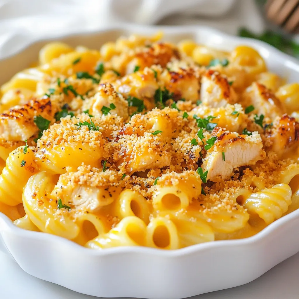 - 2 cups elbow macaroni - 1 lb boneless skinless chicken breasts, diced - 1 tablespoon olive oil - 1 teaspoon salt - 1 teaspoon black pepper - 1 teaspoon paprika - 1 tablespoon honey - 2 cups shredded sharp cheddar cheese - 1 cup milk - 1/2 cup cream cheese - 1/2 teaspoon garlic powder - 1/2 teaspoon onion powder - 1/4 cup breadcrumbs for topping - Fresh parsley, chopped for garnish Let’s dive into these ingredients. The elbow macaroni serves as the base. It holds the cheese sauce and chicken well. Diced boneless skinless chicken breasts add protein. They soak up the honey and spices for flavor. Olive oil helps cook the chicken perfectly. It keeps the meat juicy and tender. The spices season the dish. Salt and black pepper add taste, while paprika gives a bit of warmth. Honey brings sweetness that balances the dish. Cheddar cheese is key for that gooey texture. Cream cheese adds richness and creaminess. Garlic and onion powders enhance the overall flavor. Optional breadcrumbs give a nice crunch on top. Fresh parsley adds a pop of color and freshness. You can use these ingredients to create a dish your family will love! {{ingredient_image_1}} To start, boil a large pot of salted water. Add 2 cups of elbow macaroni. Cook it according to the package directions, usually around 7-9 minutes. Stir it a few times to keep it from sticking. Drain the pasta and set it aside. For perfect pasta, make sure the water is boiling before adding the macaroni. This helps keep it firm and not mushy. In a large skillet, heat 1 tablespoon of olive oil over medium heat. Add 1 pound of diced chicken breasts. Sprinkle with 1 teaspoon of salt, 1 teaspoon of black pepper, and 1 teaspoon of paprika. Drizzle in 1 tablespoon of honey. Cook the chicken for about 6-8 minutes. Stir occasionally until it’s fully cooked and caramelized. The goal is to get a nice golden color. This adds flavor and makes the dish look great. In the same skillet, lower the heat. Add 1 cup of milk and 1/2 cup of cream cheese. Stir gently until the cream cheese melts. Then, add 2 cups of shredded sharp cheddar cheese. Also, mix in 1/2 teaspoon of garlic powder and 1/2 teaspoon of onion powder. Continue stirring until the cheese is fully melted and the sauce is creamy. This sauce is the heart of the dish, so make sure it’s smooth and rich. Now, add the drained macaroni and cooked chicken to the cheese sauce. Gently fold everything together. Make sure every piece of pasta and chicken is well-coated with the sauce. This step is key for flavor. You want every bite to be cheesy and delicious. Preheat your oven to 350°F (175°C). Transfer the macaroni and cheese mixture to a baking dish. If you like, sprinkle 1/4 cup of breadcrumbs on top for extra texture. Bake it for 15-20 minutes. You want it to be bubbly and golden on top. This baking step adds a nice finish to your dish. Once out of the oven, let it cool for a few minutes before serving. This helps the dish set and makes it easier to serve. For a nice touch, garnish with fresh chopped parsley. It adds color and a hint of fresh flavor. Enjoy your Honey Pepper Chicken Mac and Cheese! To make this dish your own, adjust the spice levels. If you like it spicy, add more black pepper or paprika. For a milder taste, reduce these spices. You can also try different cheese types. Instead of sharp cheddar, use mozzarella for a softer flavor or gouda for a smoky touch. When cooking the chicken, use medium heat. This cooks it evenly and keeps it juicy. Season well to enhance the flavor. For the cheese sauce, mix the milk and cream cheese thoroughly. This helps achieve a smooth consistency. Stir in the cheddar slowly to avoid lumps. Prep your ingredients in advance. Chop the chicken and measure out the spices before you start cooking. This makes the process fast and easy. If you have leftovers, use them in salads or wraps. This way, nothing goes to waste and you enjoy another tasty meal. Pro Tips Use Fresh Ingredients: Always opt for fresh chicken and quality cheese for the best flavor and texture in your mac and cheese. Customize Your Spices: Feel free to adjust the spices according to your taste. Adding cayenne pepper can give it an extra kick! Baking for Texture: Baking the dish not only warms it up but also adds a delicious crispy topping if you use breadcrumbs. Garnish for Freshness: Always finish with fresh herbs like parsley or chives to add a pop of color and freshness to your dish. {{image_2}} You can add vegetables to your Honey Pepper Chicken Mac and Cheese. Spinach or broccoli gives it a healthy boost. These greens add color and nutrients. They also mix well with the creamy cheese. If you want a sweeter taste, try maple syrup or agave. These options work great if you want to avoid honey. Each sweetener brings its own flavor. Experiment to find your favorite! For gluten-free eaters, use gluten-free pasta. Many brands offer elbow macaroni made from rice or corn. They cook just like regular pasta. If you need dairy-free options, try vegan cheese. Many brands offer dairy-free cheddar. You can also use almond or oat milk instead of regular milk. These swaps help everyone enjoy this dish. Pair your mac and cheese with fresh salads. A simple green salad adds crunch and brightness. You can also serve garlic bread on the side. It complements the creamy cheese well. Try a light vinaigrette on the salad to balance the dish. You can mix and match sides to suit your taste. Enjoy your meal with friends and family! To store leftovers, let the dish cool at room temperature. Then, transfer it to an airtight container. This keeps the flavors fresh. I recommend using glass or plastic containers. They seal well and make reheating easy. You can store it in the fridge for up to four days. To reheat without losing flavor, use the oven. Preheat it to 350°F (175°C). Place the dish in a baking pan. Cover it with foil to keep moisture in. Heat for about 15-20 minutes, or until warmed through. You can also use the microwave. Place a single serving in a microwave-safe bowl. Cover it with a damp paper towel. Heat for 1-2 minutes, stirring halfway. This helps it warm evenly and keeps it creamy. To freeze, let the dish cool completely first. Then, portion it into freezer-safe bags or containers. Remove as much air as possible. This prevents freezer burn. You can store it in the freezer for up to three months. When ready to eat, defrost it overnight in the fridge. Then, reheat it using the oven or microwave. This method keeps the taste and texture close to fresh. To add heat, use extra black pepper or hot sauce. You can also mix in red pepper flakes. Another great option is to add diced jalapeños or a pinch of cayenne. These simple changes will kick up the spice level while enhancing the overall flavor. Yes, you can! While elbow macaroni is classic, other shapes work too. Try cavatappi, penne, or fusilli for a fun twist. Each pasta shape holds the cheese sauce well, giving you a tasty bite. To keep chicken juicy, don't overcook it. Use medium heat and cook until it reaches 165°F (75°C). Let it rest after cooking, which helps retain moisture. Marinating the chicken before cooking can also enhance its juiciness. You can safely store leftovers for up to three to five days. Place them in an airtight container to keep them fresh. Always check for any off smells or changes in color before eating. Yes, meal prepping is easy with this dish! Cook everything, then assemble it in your baking dish. Cover it and store it in the fridge. Just bake it when you’re ready to eat, adjusting the baking time if it's cold. This recipe for Honey Pepper Chicken Mac and Cheese combines comfort and flavor. You have learned about key ingredients, step-by-step cooking instructions, and useful tips. Remember, you can customize it with different cheeses or veggies. Storing and reheating your leftovers is simple, ensuring you enjoy this dish again. With the insights shared, you can create your own tasty version. Enjoy the process and make it your own!