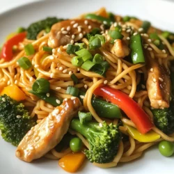 - 8 oz lo mein noodles - 1 lb boneless, skinless chicken breast, sliced thin - 2 tablespoons vegetable oil - 2 cloves garlic, minced - 1 cup broccoli florets - 1 bell pepper, sliced (red or yellow) - 1 cup snap peas - 3 green onions, chopped - 3 tablespoons soy sauce - 1 tablespoon oyster sauce (optional, can substitute with extra soy sauce) - 1 teaspoon sesame oil - Salt and pepper to taste - Sesame seeds for garnish You can swap out lo mein noodles for spaghetti or rice noodles. Chicken can be replaced with tofu or shrimp. For a vegan option, skip the oyster sauce and use more soy sauce. Any mix of vegetables works, like carrots or mushrooms. When picking vegetables, look for bright colors and firm textures. Broccoli should have tight florets and no yellowing. Choose bell peppers that are smooth and shiny. For snap peas, select ones that are crisp. Always smell the produce; it should smell fresh, not sour. {{ingredient_image_1}} Start by boiling a large pot of water. Once the water is boiling, add 8 oz of lo mein noodles. Cook them as per the package instructions. This usually takes about 3-4 minutes. Stir the noodles gently to prevent them from sticking. When they are done, drain them in a colander. Set the noodles aside while you prepare the rest of the dish. Next, take 1 lb of boneless, skinless chicken breast and slice it thin. Heat 2 tablespoons of vegetable oil in a large skillet or wok over medium-high heat. Add the sliced chicken to the skillet. Season it with salt and pepper. Stir-fry the chicken for 5-7 minutes. You want it to be golden brown and cooked through. Once cooked, remove the chicken from the skillet and set it aside. In the same skillet, add 2 cloves of minced garlic. Stir-fry for about 30 seconds until it smells great. Then, add 1 cup of broccoli florets, 1 sliced bell pepper, and 1 cup of snap peas. Cook these veggies for another 3-4 minutes. They should be tender but still crisp. This keeps them bright and fresh. Return the cooked chicken to the skillet with the veggies. Add the cooked lo mein noodles to the mix. Pour in 3 tablespoons of soy sauce, 1 tablespoon of oyster sauce (if you are using it), and 1 teaspoon of sesame oil. Toss everything together well. Make sure the noodles are nicely coated in sauce and heated through. Finally, sprinkle 3 chopped green onions over the top. Toss gently one last time. Serve hot and garnish with sesame seeds for a lovely finish. To make great Chicken Lo Mein, start with the noodles. Use fresh lo mein noodles if you can. If you use dried noodles, boil them until just tender. This usually takes about 4-5 minutes. Drain them well, but do not rinse. Rinsing removes the starch, which helps the sauce stick. You can boost the flavor of your dish in simple ways. Adding ginger can give a nice kick. Try using fresh minced ginger with the garlic. For a bit of heat, add red pepper flakes. You can also mix in some chopped bell pepper. This adds sweetness and color. A splash of lime juice can brighten the dish too. One common mistake is overcooking the chicken. Cook it until it is golden brown. It should be juicy, not dry. Another mistake is not using enough sauce. Make sure to coat the noodles well. If you skip the sesame oil, you lose a lot of flavor. Lastly, don’t overcrowd the pan when cooking. This can steam your food rather than stir-fry it. Pro Tips Prep Your Ingredients: Before you start cooking, make sure to chop and measure all your ingredients. This will streamline your cooking process and ensure everything is ready to go. Use High Heat: For stir-frying, it's essential to use high heat. This helps to quickly sear the chicken and vegetables, preserving their texture and flavor. Don’t Overcook the Vegetables: Keep your vegetables slightly crisp by cooking them just until tender. This adds a nice crunch and vibrant color to your dish. Garnish for Flavor: Don’t skip the sesame seeds and green onions! They add a wonderful flavor and a pop of color to your Chicken Lo Mein. {{image_2}} You can make a tasty vegetarian version of Chicken Lo Mein. Simply swap the chicken for tofu. Use firm tofu for the best texture. Press the tofu to remove excess water. Cut it into cubes and sauté until golden. You can also add more veggies like carrots, mushrooms, or cabbage. This keeps it colorful and nutritious. If you want more protein options, try shrimp or beef. Shrimp cooks quickly and adds a nice flavor. Just sauté them for a few minutes until they turn pink. For beef, use thinly sliced flank steak. Cook it until browned before adding the veggies. Both options give a nice twist to the dish. To spice things up, add chili paste or sriracha. Mix it in with the soy sauce for heat. You can also toss in sliced jalapeños for added flavor. If you love heat, adjust the amount to fit your taste. This version is perfect for those who enjoy a kick in their meal. To keep your Chicken Lo Mein fresh, store it in an airtight container. Make sure the dish is cool before sealing. Refrigerate it within two hours of cooking. Properly stored, it lasts about three days. When you’re ready to eat, reheat your Chicken Lo Mein in a pan. Add a splash of water or soy sauce to help it steam. Stir often over medium heat until hot. You can also use the microwave. Heat in short bursts, stirring in between to avoid hot spots. To freeze Chicken Lo Mein, let it cool completely. Place it in a freezer-safe container, leaving some space for expansion. It can be frozen for up to three months. When ready to enjoy, thaw it overnight in the fridge. Reheat it on the stove or microwave for best results. Yes, you can use other types of noodles. You can try spaghetti, rice noodles, or even egg noodles. Each type offers a unique taste and texture. Just remember to cook them according to the package instructions. Adjust the cooking time for best results. To make Chicken Lo Mein gluten-free, choose gluten-free soy sauce. You can also use rice noodles in place of traditional lo mein noodles. Always check labels for hidden gluten in sauces. This way, you can enjoy a safe and tasty meal. Chicken Lo Mein pairs well with a few side dishes. You might consider spring rolls or steamed dumplings. A simple salad with a light dressing also works well. These sides add flavor and variety to your meal. Enjoy mixing and matching to find your favorite combinations! In this post, I covered essential ingredients for Chicken Lo Mein, tips for fresh produce, and step-by-step cooking instructions. I shared helpful tips for perfect noodles and flavor boosting, plus common mistakes to avoid. You can also find several tasty variations and storage tips. Try these ideas to create your own delicious Chicken Lo Mein. With simple changes, your dish can fit any diet or taste. Enjoy cooking and have fun experimenting!