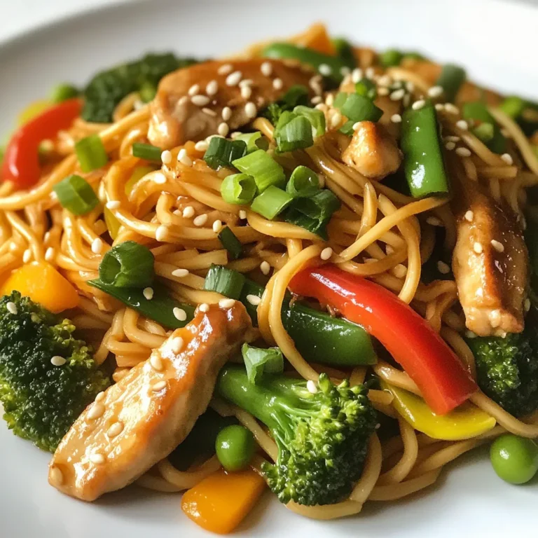 - 8 oz lo mein noodles - 1 lb boneless, skinless chicken breast, sliced thin - 2 tablespoons vegetable oil - 2 cloves garlic, minced - 1 cup broccoli florets - 1 bell pepper, sliced (red or yellow) - 1 cup snap peas - 3 green onions, chopped - 3 tablespoons soy sauce - 1 tablespoon oyster sauce (optional, can substitute with extra soy sauce) - 1 teaspoon sesame oil - Salt and pepper to taste - Sesame seeds for garnish You can swap out lo mein noodles for spaghetti or rice noodles. Chicken can be replaced with tofu or shrimp. For a vegan option, skip the oyster sauce and use more soy sauce. Any mix of vegetables works, like carrots or mushrooms. When picking vegetables, look for bright colors and firm textures. Broccoli should have tight florets and no yellowing. Choose bell peppers that are smooth and shiny. For snap peas, select ones that are crisp. Always smell the produce; it should smell fresh, not sour. {{ingredient_image_1}} Start by boiling a large pot of water. Once the water is boiling, add 8 oz of lo mein noodles. Cook them as per the package instructions. This usually takes about 3-4 minutes. Stir the noodles gently to prevent them from sticking. When they are done, drain them in a colander. Set the noodles aside while you prepare the rest of the dish. Next, take 1 lb of boneless, skinless chicken breast and slice it thin. Heat 2 tablespoons of vegetable oil in a large skillet or wok over medium-high heat. Add the sliced chicken to the skillet. Season it with salt and pepper. Stir-fry the chicken for 5-7 minutes. You want it to be golden brown and cooked through. Once cooked, remove the chicken from the skillet and set it aside. In the same skillet, add 2 cloves of minced garlic. Stir-fry for about 30 seconds until it smells great. Then, add 1 cup of broccoli florets, 1 sliced bell pepper, and 1 cup of snap peas. Cook these veggies for another 3-4 minutes. They should be tender but still crisp. This keeps them bright and fresh. Return the cooked chicken to the skillet with the veggies. Add the cooked lo mein noodles to the mix. Pour in 3 tablespoons of soy sauce, 1 tablespoon of oyster sauce (if you are using it), and 1 teaspoon of sesame oil. Toss everything together well. Make sure the noodles are nicely coated in sauce and heated through. Finally, sprinkle 3 chopped green onions over the top. Toss gently one last time. Serve hot and garnish with sesame seeds for a lovely finish. To make great Chicken Lo Mein, start with the noodles. Use fresh lo mein noodles if you can. If you use dried noodles, boil them until just tender. This usually takes about 4-5 minutes. Drain them well, but do not rinse. Rinsing removes the starch, which helps the sauce stick. You can boost the flavor of your dish in simple ways. Adding ginger can give a nice kick. Try using fresh minced ginger with the garlic. For a bit of heat, add red pepper flakes. You can also mix in some chopped bell pepper. This adds sweetness and color. A splash of lime juice can brighten the dish too. One common mistake is overcooking the chicken. Cook it until it is golden brown. It should be juicy, not dry. Another mistake is not using enough sauce. Make sure to coat the noodles well. If you skip the sesame oil, you lose a lot of flavor. Lastly, don’t overcrowd the pan when cooking. This can steam your food rather than stir-fry it. Pro Tips Prep Your Ingredients: Before you start cooking, make sure to chop and measure all your ingredients. This will streamline your cooking process and ensure everything is ready to go. Use High Heat: For stir-frying, it's essential to use high heat. This helps to quickly sear the chicken and vegetables, preserving their texture and flavor. Don’t Overcook the Vegetables: Keep your vegetables slightly crisp by cooking them just until tender. This adds a nice crunch and vibrant color to your dish. Garnish for Flavor: Don’t skip the sesame seeds and green onions! They add a wonderful flavor and a pop of color to your Chicken Lo Mein. {{image_2}} You can make a tasty vegetarian version of Chicken Lo Mein. Simply swap the chicken for tofu. Use firm tofu for the best texture. Press the tofu to remove excess water. Cut it into cubes and sauté until golden. You can also add more veggies like carrots, mushrooms, or cabbage. This keeps it colorful and nutritious. If you want more protein options, try shrimp or beef. Shrimp cooks quickly and adds a nice flavor. Just sauté them for a few minutes until they turn pink. For beef, use thinly sliced flank steak. Cook it until browned before adding the veggies. Both options give a nice twist to the dish. To spice things up, add chili paste or sriracha. Mix it in with the soy sauce for heat. You can also toss in sliced jalapeños for added flavor. If you love heat, adjust the amount to fit your taste. This version is perfect for those who enjoy a kick in their meal. To keep your Chicken Lo Mein fresh, store it in an airtight container. Make sure the dish is cool before sealing. Refrigerate it within two hours of cooking. Properly stored, it lasts about three days. When you’re ready to eat, reheat your Chicken Lo Mein in a pan. Add a splash of water or soy sauce to help it steam. Stir often over medium heat until hot. You can also use the microwave. Heat in short bursts, stirring in between to avoid hot spots. To freeze Chicken Lo Mein, let it cool completely. Place it in a freezer-safe container, leaving some space for expansion. It can be frozen for up to three months. When ready to enjoy, thaw it overnight in the fridge. Reheat it on the stove or microwave for best results. Yes, you can use other types of noodles. You can try spaghetti, rice noodles, or even egg noodles. Each type offers a unique taste and texture. Just remember to cook them according to the package instructions. Adjust the cooking time for best results. To make Chicken Lo Mein gluten-free, choose gluten-free soy sauce. You can also use rice noodles in place of traditional lo mein noodles. Always check labels for hidden gluten in sauces. This way, you can enjoy a safe and tasty meal. Chicken Lo Mein pairs well with a few side dishes. You might consider spring rolls or steamed dumplings. A simple salad with a light dressing also works well. These sides add flavor and variety to your meal. Enjoy mixing and matching to find your favorite combinations! In this post, I covered essential ingredients for Chicken Lo Mein, tips for fresh produce, and step-by-step cooking instructions. I shared helpful tips for perfect noodles and flavor boosting, plus common mistakes to avoid. You can also find several tasty variations and storage tips. Try these ideas to create your own delicious Chicken Lo Mein. With simple changes, your dish can fit any diet or taste. Enjoy cooking and have fun experimenting!