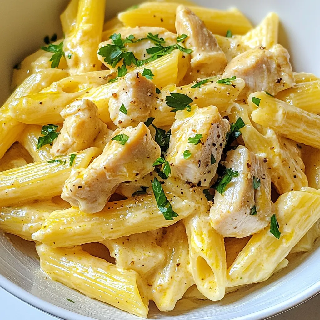 - 2 boneless, skinless chicken breasts, diced - 8 oz pasta (penne or fettuccine) - 4 cloves garlic, minced - 1 cup heavy cream - 1 cup grated Parmesan cheese - 2 tablespoons olive oil - 1 teaspoon Italian seasoning - Salt and pepper to taste - Fresh parsley, chopped, for garnish These ingredients make a tasty meal that is easy to prepare. You can choose penne or fettuccine pasta, depending on your preference. The chicken adds protein, and the garlic gives a strong flavor. Heavy cream and Parmesan cheese make a rich sauce that brings it all together. Olive oil, Italian seasoning, salt, and pepper enhance the taste. Finally, fresh parsley adds a pop of color and freshness to the dish. When you gather these ingredients, you set yourself up for success. Each part plays a role in creating a meal that is both simple and delicious. If you want to make this dish even better, you can add your favorite veggies. Spinach or broccoli work well and add nutrition. {{ingredient_image_1}} - Boil water in a large pot. Add salt for flavor. - Cook the pasta according to the package until al dente. Drain it and keep 1/2 cup of the pasta water. - Heat olive oil in a skillet over medium heat. - Add the diced chicken. Season it with salt, pepper, and Italian seasoning. Cook until browned, about 5-7 minutes. - In the same skillet, add minced garlic. Sauté it until fragrant, about 1 minute. Be careful not to burn it. - Lower the heat and pour in the heavy cream. Stir gently. - Let it simmer for 2-3 minutes. - Gradually whisk in the grated Parmesan cheese until the sauce is smooth. If the sauce is too thick, add reserved pasta water a little at a time. - Return the cooked chicken to the skillet. Add the drained pasta. - Toss everything together until well combined and heated through. - Plate the pasta. Garnish with chopped fresh parsley and extra Parmesan if you like. Always reserve some pasta water before draining. This water has starch that helps the sauce stick. If your sauce is too thin, adding this water can make it creamy and rich. Sauté minced garlic for about one minute. This time brings out its sweet flavor without burning it. Burnt garlic tastes bitter and can ruin your dish. If your sauce is too thick, add the reserved pasta water slowly. Stir until you reach the desired thickness. Remember, you want a smooth, creamy sauce that clings to your pasta well. Pro Tips Use Fresh Garlic: Freshly minced garlic will provide a more vibrant and aromatic flavor compared to pre-minced or powdered garlic. Don't Overcook the Chicken: Ensure the chicken is cooked just until it's no longer pink inside to keep it juicy and tender. Reserve Pasta Water: Always save some pasta water before draining; it helps adjust the sauce consistency and adds flavor. Experiment with Cheeses: While Parmesan is classic, mixing in other cheeses like mozzarella or pecorino can add depth to the sauce. {{image_2}} You can boost nutrition by adding vegetables. Spinach and broccoli work great here. To add spinach, toss it in during the last minute of cooking the pasta. It wilts fast and keeps its bright color. For broccoli, you can steam it while cooking the pasta. Then, mix it in with the chicken and sauce. This adds flavor and a nice crunch. If you want a change, try using shrimp or tofu. Shrimp cooks quickly and adds a sweet flavor. Sauté shrimp in olive oil until pink and firm, then set aside. Add it to the sauce before serving. Tofu is another great option for a meatless meal. Use firm tofu, press it to remove moisture, and cube it. Sauté it until golden brown and add it to the dish just like chicken. To make this dish pop, consider adding lemon zest or red pepper flakes. Lemon zest brightens the flavors. Add it to the sauce just before serving for a fresh taste. Red pepper flakes give a nice kick. Sprinkle some in while cooking the garlic or the sauce for a spicy twist. These simple changes can elevate your Garlic Parmesan Chicken Pasta to a new level! To store leftovers, let the pasta cool to room temperature. Then, place it in an airtight container. This keeps the pasta fresh. You can store it in the fridge for up to three days. Try to avoid leaving it out too long. Bacteria can grow quickly in warm food. When you reheat the pasta, add a splash of milk or cream. This helps keep the pasta creamy. Use a skillet over low heat for best results. Stir gently to warm it through. If it seems too thick, add a bit of reserved pasta water. This keeps the sauce smooth and delicious. To freeze Garlic Parmesan Chicken Pasta, first cool it completely. Use freezer-safe containers or bags. Squeeze out as much air as possible. You can freeze it for up to three months. When you're ready to eat, thaw it in the fridge overnight. Reheat it slowly on the stove, adding cream as needed for creaminess. Yes, you can use many types of pasta. While penne and fettuccine work great, other options include spaghetti, rotini, or even whole wheat pasta. Each type brings its own texture. A thicker pasta, like rigatoni, holds onto the sauce well. If you want a lighter option, try using zucchini noodles or spaghetti squash. These alternatives still taste great and are lower in carbs. You can make Garlic Parmesan Chicken Pasta lighter with simple swaps. Use whole grain pasta for more fiber. Swap heavy cream for Greek yogurt or low-fat milk. This keeps the creaminess while cutting calories. You can also use less cheese or a lower-fat version of Parmesan. Add more veggies like spinach or broccoli for extra nutrients and flavor. These small changes can make a big difference. This pasta dish pairs well with many sides. A fresh green salad adds a nice crunch. Roasted vegetables like asparagus or zucchini complement the flavors. Garlic bread is always a hit for a tasty side. If you want a light touch, serve with steamed broccoli or a simple fruit salad. These sides balance the richness of the pasta and make your meal complete. This blog post covered a creamy garlic Parmesan chicken pasta recipe. We went through all the tasty ingredients and easy steps. You learned tips for perfect pasta, flavor boosts, and fun variations. In the end, cooking can be fun and simple. You can make this dish your own by adding veggies or changing proteins. Enjoy making and sharing your creation!