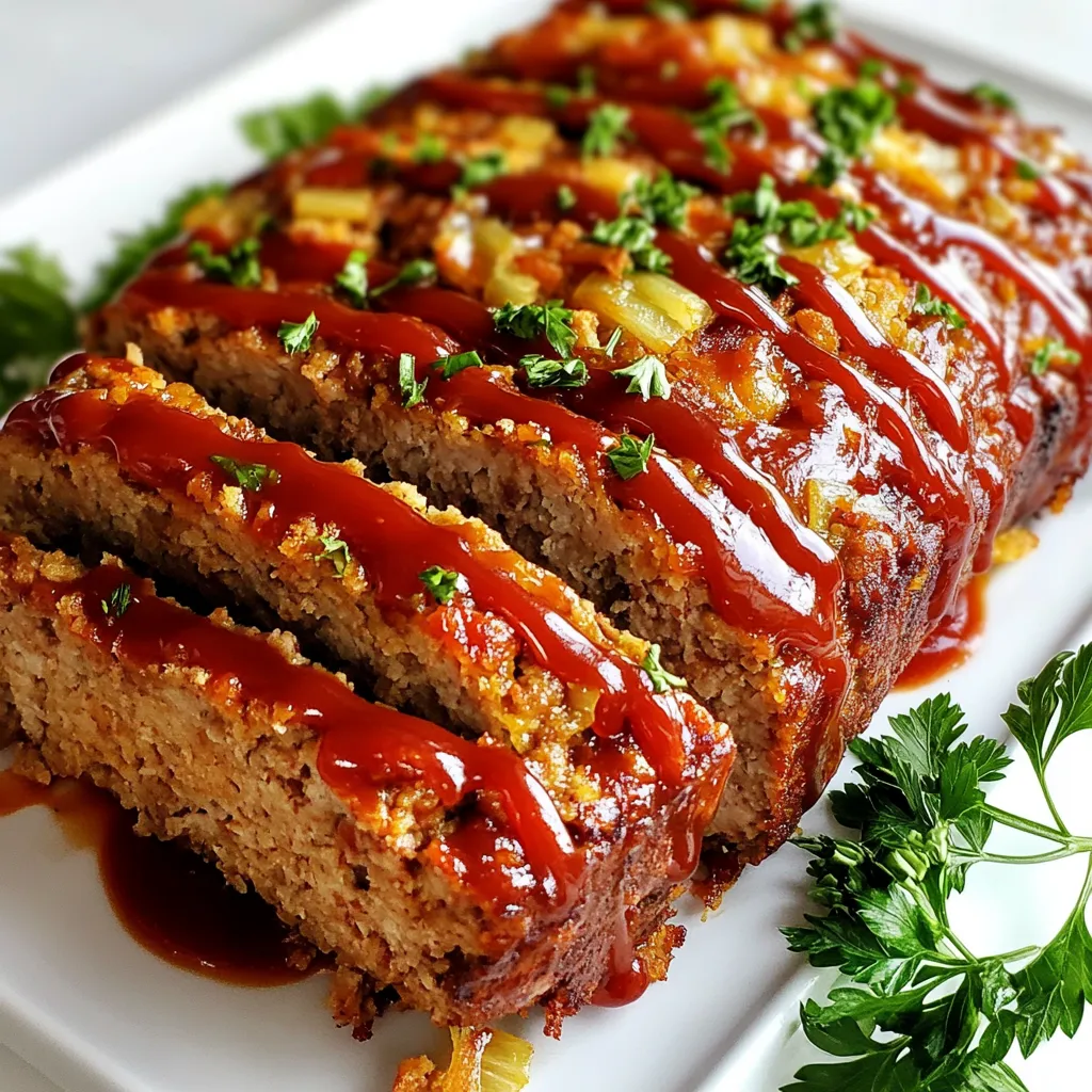 To make the best glazed meatloaf, you need: - 1 lb ground beef - 1 lb ground turkey - 1 cup breadcrumbs - 1/2 cup onion, finely chopped - 1/2 cup celery, finely chopped - 2 cloves garlic, minced - 2 large eggs - 1/4 cup milk - 1 teaspoon Worcestershire sauce - 1 teaspoon dried oregano - 1 teaspoon dried thyme - Salt and pepper to taste These ingredients work together to create a juicy and flavorful meatloaf. The mix of beef and turkey gives it a nice balance of flavor and texture. Adding breadcrumbs helps bind everything and keeps the loaf moist. For the glaze, you will need: - 1/2 cup ketchup - 2 tablespoons brown sugar - 1 tablespoon mustard - 1 tablespoon apple cider vinegar This glaze adds a sweet and tangy finish. The ketchup provides a thick base, while the brown sugar enhances the sweetness. Mustard adds depth, and vinegar balances the flavors. You can customize your meatloaf by adding: - 1/2 cup grated cheese - 1/2 cup finely chopped bell peppers - 1/4 cup chopped fresh herbs like parsley or basil These add-ins boost flavor and make your meatloaf unique. Cheese adds creaminess, while bell peppers provide crunch and color. Fresh herbs give a bright taste that elevates the dish. {{ingredient_image_1}} To start, preheat your oven to 350°F (175°C). This step warms up the oven for even cooking. Next, grab a large bowl. In this bowl, mix together 1 pound of ground beef and 1 pound of ground turkey. You can use just one type of meat if you prefer. Add 1 cup of breadcrumbs for texture. Then, toss in 1/2 cup of finely chopped onion and 1/2 cup of finely chopped celery. These veggies add flavor and moisture. Now, add 2 minced garlic cloves. Garlic gives a nice kick! Break 2 large eggs into the mix for binding. Pour in 1/4 cup of milk for richness. Don’t forget 1 teaspoon of Worcestershire sauce, 1 teaspoon of dried oregano, and 1 teaspoon of dried thyme for that savory taste. Season with salt and pepper to your liking. Mix everything well until it’s all combined. Once mixed, transfer this meat mixture to your greased loaf pan. Shape it into a loaf. Make sure it’s even for nice cooking. In a small bowl, prepare the glaze. Combine 1/2 cup of ketchup, 2 tablespoons of brown sugar, 1 tablespoon of mustard, and 1 tablespoon of apple cider vinegar. Stir it well until the mixture is smooth. This glaze adds a wonderful sweet and tangy flavor to your meatloaf. Take half of this glaze and brush it over the top of your shaped meatloaf. This first layer will caramelize while baking, creating a tasty crust. Place the meatloaf in the preheated oven. Bake it for 1 hour. You’ll know it’s ready when the internal temperature hits 160°F (70°C). For extra flavor, during the last 10 minutes, brush the remaining glaze over the meatloaf. This gives it a nice shine and a bold taste. After baking, take the meatloaf out and let it rest for about 10 minutes. This resting time helps keep it juicy. Finally, slice it up and enjoy! To make a great meatloaf, texture matters. Here are key tips: - Mix gently: Don’t overmix the meat. It can get tough. - Use moisture: The eggs and milk add moisture. They help keep it soft. - Add breadcrumbs: They soak up juices and keep the loaf from falling apart. - Shape it right: Form a loaf, but not too tight. It should breathe. I love adding twists to my meatloaf. Here are some ideas: - Cheese: Mix in shredded cheese for a rich taste. - Spices: Try adding smoked paprika or chili powder for heat. - Herbs: Fresh herbs like parsley or basil brighten the flavor. - Veggies: Grate carrots or zucchini for extra moisture and nutrition. No one likes a dry meatloaf. Keep these tips in mind: - Check the temp: Use a meat thermometer. Aim for 160°F (70°C). - Don’t overbake: Keep an eye on the time. Bake just until done. - Rest it: Let it sit for about 10 minutes after baking. This helps juices settle. - Glaze it: Apply the glaze during the last 10 minutes for added moisture. Pro Tips Use a Meat Thermometer: Check the internal temperature of the meatloaf to ensure it reaches 160°F (70°C) for safe consumption. Mix Gently: Avoid overmixing the meat mixture as it can make the meatloaf dense. Mix just until combined. Rest Before Slicing: Let the meatloaf rest for 10 minutes after baking to allow the juices to redistribute, ensuring a moist slice. Add Vegetables: Incorporate grated carrots or zucchini into the meat mixture for added moisture and nutrition. {{image_2}} You can switch up the meat for this glazed meatloaf. Instead of beef and turkey, try ground pork or chicken. These meats change the flavor and texture. You can also use a mix of meats. Just keep the total weight around two pounds. This keeps your meatloaf moist and tasty. The glaze is key to flavor. If you want a twist, try using barbecue sauce instead of ketchup. A teriyaki glaze gives a sweet and savory taste. For a spicy kick, mix in some hot sauce or sriracha. You can also add a splash of soy sauce for a deeper flavor. To make your meatloaf more colorful and healthy, add vegetables. Grated carrots or bell peppers blend well. You can also use spinach or zucchini for extra nutrients. For spices, try adding smoked paprika or cumin for warmth. Fresh herbs like parsley or basil can brighten the dish, too. Just be bold and mix in what you like! To store leftover meatloaf, let it cool first. Wrap it tightly in plastic wrap or foil. You can also place it in an airtight container. Keep it in the fridge for up to four days. This way, you keep the flavor and texture fresh. When you are ready to eat your leftover meatloaf, preheat your oven to 350°F (175°C). Place the slices in a baking dish. Add a splash of broth or water to keep it moist. Cover the dish with foil to prevent drying out. Heat for about 20 minutes or until warm. You can also use the microwave. Just cover the meatloaf and heat for one to two minutes. Check to make sure it's hot all the way through. If you want to save meatloaf for later, freezing is a great option. Slice the meatloaf into portions. Wrap each slice in plastic wrap, then in foil. This helps prevent freezer burn. Place the wrapped slices in a freezer bag. Label the bag with the date. Meatloaf can last up to three months in the freezer. When ready to eat, thaw it overnight in the fridge. Reheat as mentioned above. Enjoy your delicious meatloaf anytime! Bake your meatloaf at 350°F for 1 hour. This time helps it cook evenly. Use a meat thermometer. Aim for an internal temperature of 160°F. This ensures the meat is safe to eat. Always check near the center for the best results. Yes, you can use all ground beef. This option adds more flavor and richness. Ground turkey makes it lighter. Both choices are tasty and work well. Feel free to mix meats to find your favorite flavor. You can use crushed crackers or oats. Both options work as great substitutes. They help bind the meatloaf and keep it moist. You can also use cooked rice or cornmeal. Each choice brings its own texture and flavor. Yes, letting the meatloaf rest is important. Resting for about 10 minutes allows juices to settle. This step keeps your meatloaf moist when you slice it. If you cut too soon, you may lose those tasty juices. Enjoy every bite! We explored the best ingredients for a delicious glazed meatloaf. You learned how to prepare the meat mixture, make the glaze, and bake it perfectly. I shared tips for texture and flavor, as well as storage info for leftovers. You can also try different meat options and glaze recipes. Remember, a well-made meatloaf can be a comforting meal. With these steps, you can create a tasty dish that everyone will enjoy. Make your next meatloaf a hit!