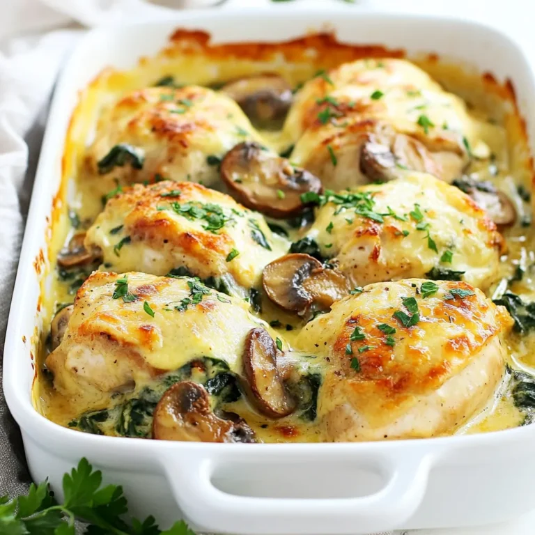 - 4 boneless, skinless chicken breasts - 2 cups mushrooms, sliced (button or cremini) - 1 cup heavy cream - 1 cup shredded mozzarella cheese - 4 cloves garlic, minced - 2 tablespoons olive oil - 1 cup spinach, chopped - 1 teaspoon dried thyme - 1 teaspoon paprika - Salt and pepper to taste - Fresh parsley In this Keto Garlic Mushroom Chicken Casserole, each ingredient plays a key role. The chicken breasts provide a lean protein base. The mushrooms add a nice earthiness and texture. Heavy cream makes the dish rich and creamy. Mozzarella cheese brings it all together with a satisfying melt. Garlic packs a punch of flavor that you can’t ignore. Olive oil helps cook the garlic and mushrooms, making them golden. Spinach gives a pop of color and nutrients. Thyme and paprika add depth with their warm notes. Salt and pepper are the trusty sidekicks that enhance every bite. Finally, fresh parsley is optional. It adds a fresh touch to your plate. You can skip it, but I think it adds a lovely look and taste. Each ingredient is chosen to make this casserole not just low-carb but also delicious and satisfying. {{ingredient_image_1}} - Preheat your oven to 375°F (190°C). - Grease a 9x13 inch casserole dish. - Heat olive oil in a large skillet over medium heat. - Add minced garlic and sauté for about 1 minute until it smells good. - Slice mushrooms and add them to the skillet. Cook until browned, about 5-7 minutes. - Stir in chopped spinach and cook until soft, around 2-3 minutes. - Season the mixture with dried thyme, paprika, salt, and pepper. - In a large bowl, mix heavy cream with half of the mozzarella cheese. - Place chicken breasts in the greased casserole dish. - Pour the mushroom and spinach mixture over the chicken. - Pour the creamy cheese mixture on top. Make sure it's even. - Sprinkle the remaining mozzarella cheese over the casserole. - Cover the dish with foil and bake for 25 minutes. - After 25 minutes, remove the foil and bake for an extra 15 minutes. - Check that the chicken is cooked through and the cheese is bubbly. - Let it cool for a few minutes before serving. - Choosing the right mushrooms: I love using button or cremini mushrooms. They add great flavor. Button mushrooms are mild, while cremini have a deeper taste. You can mix them for a fun twist. - Ensuring chicken is cooked properly: Always check the chicken's internal temp. It should reach 165°F (75°C). This keeps it safe and juicy. Use a meat thermometer for best results. - Additional herbs to try: For more taste, add herbs like rosemary or oregano. They bring out the best in the chicken and mushrooms. You can also try fresh basil for a lighter touch. - Suggestions for extra cheese: If you love cheese, feel free to add more mozzarella. A sprinkle of parmesan can also give a nice, sharp flavor. Mix them together for a creamy topping. - Best serving methods: Serve hot from the casserole dish. This looks great and keeps the dish warm. You can use a large spoon to help serve it easily. - Garnishing ideas: Fresh parsley adds color and a fresh taste. You can chop it finely and sprinkle it on top. A squeeze of lemon juice can also brighten the dish. Pro Tips Use Fresh Ingredients: Fresh mushrooms and spinach will enhance the flavor and texture of your casserole. Don’t Overcook the Chicken: Ensure your chicken breasts are just cooked through to keep them juicy and tender. Experiment with Cheese: Try using different types of cheese like gouda or cheddar for a unique flavor twist. Let It Rest: Allow the casserole to rest for a few minutes after baking to help it set and make serving easier. {{image_2}} You can use different meats for this casserole. Try turkey or pork for a change. For a vegetarian option, swap chicken with firm tofu or chickpeas. If you need dairy-free options, use coconut cream instead of heavy cream. Nutritional yeast can replace cheese for a cheesy flavor without dairy. Feel free to add more vegetables to boost nutrition. Zucchini, bell peppers, or broccoli all work well. Just chop them small for even cooking. When you add more veggies, check the cooking time. You might need to bake a bit longer to ensure everything cooks through. Spice it up! Adding cayenne pepper or Italian herbs can enhance the flavor. You might like a splash of soy sauce or Worcestershire sauce for extra depth. You can also add other proteins, like cooked shrimp or ground beef, to change the dish. Just ensure they are pre-cooked before adding them to the casserole. To store leftovers, let the casserole cool first. Place the cool casserole in an airtight container. You can also use a glass dish with a lid. This helps keep it fresh. Store it in the fridge for up to four days. If you want to freeze the casserole, use a freezer-safe container. Make sure to cover it well to avoid freezer burn. Cut the casserole into portions for easy serving later. To thaw, place it in the fridge overnight. Reheat it in the oven at 350°F (175°C) until hot. You can also use the microwave if you're in a hurry. In the fridge, the Keto Garlic Mushroom Chicken Casserole lasts for about four days. In the freezer, it can last up to three months. Always check for signs of spoilage before eating. A ketogenic diet, or keto diet, is low in carbs and high in fats. This way of eating helps your body burn fat for fuel. By cutting carbs, your body enters a state called ketosis. In ketosis, your body uses fat instead of sugar for energy. This diet can help some people lose weight and improve their health. Yes, you can prep this dish ahead of time. You can assemble the casserole and store it in the fridge for up to 24 hours. Just cover it tightly with foil. When you’re ready to bake, preheat your oven and bake as directed. You might need to add a few extra minutes to the cooking time if it's cold from the fridge. You can serve this casserole with a fresh green salad. A side of steamed broccoli or cauliflower also works well. For a bit of crunch, try some roasted Brussels sprouts. These sides balance the rich flavors of the casserole and add nutrients to your meal. To check if the chicken is cooked, use a meat thermometer. The internal temperature should reach 165°F (75°C). If you don’t have a thermometer, cut into the thickest part of the chicken. It should be white and no longer pink. If it’s still pink, return it to the oven for a few more minutes. Always ensure your chicken is fully cooked for safety. This blog post covered how to make a Keto Garlic Mushroom Chicken Casserole. We explored the key ingredients, including chicken, mushrooms, and cheese. I shared step-by-step instructions, tips for perfecting the dish, and ideas for variations. Proper storage methods ensure leftovers stay fresh. Cooking can be fun and tasty. Enjoy making this casserole for a hearty meal tonight!