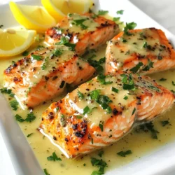 - 4 salmon fillets - 2 tablespoons olive oil - 4 cloves garlic, minced - 1 cup heavy cream - ½ cup chicken broth - 1 teaspoon Dijon mustard - 1 teaspoon lemon zest - 1 tablespoon lemon juice - 2 tablespoons fresh parsley, chopped - Salt and pepper to taste - Lemon wedges for serving - Additional garnish ideas When I make creamy garlic salmon, I focus on fresh and simple ingredients. Salmon fillets are the star of the dish. They provide rich flavor and good fat. I like to use about four fillets for a family meal. Olive oil is essential for cooking. It helps give the salmon a nice crisp skin. I prefer using two tablespoons to ensure the salmon cooks evenly. Garlic adds a punch of flavor. I use four cloves, minced, because garlic and salmon pair perfectly. The sauce is where the magic happens. I use one cup of heavy cream for a rich taste. Half a cup of chicken broth helps balance the creaminess. To brighten the dish, I add flavor enhancements. Dijon mustard gives a slight tang. One teaspoon of lemon zest and a tablespoon of lemon juice adds freshness. I finish with fresh parsley, chopped, for color and taste. Don’t forget salt and pepper to taste! For serving, I always have lemon wedges on the side. They add a nice touch. You can also think about using fresh herbs as additional garnishes. This dish is not only tasty but also looks beautiful on the plate! {{ingredient_image_1}} Start by seasoning the salmon fillets. Sprinkle salt and pepper on both sides. This simple step adds a lot of flavor. You can also let the fillets sit for a few minutes to soak in the spices. For cooking, I recommend using a heavy skillet. A cast iron or non-stick skillet works best. This helps cook the salmon evenly and gives it a nice sear. Next, heat 2 tablespoons of olive oil in your skillet over medium-high heat. Once the oil shimmers, place the salmon fillets skin-side down. This is where the magic happens! Cook the salmon for 4-5 minutes. Watch for the skin to turn golden brown and crisp. After that, gently flip the fillets and cook for another 3-4 minutes. You want the inside to be slightly pink for the best taste. To check if your salmon is done, use a fork. It should flake easily. If you want crispy skin, avoid moving the fillets too much while they cook. Now, let's make the sauce! After removing the salmon, lower the heat to medium. Add the minced garlic to the skillet. Sauté the garlic for about 30 seconds until it smells great. Next, pour in ½ cup of chicken broth. This will add depth to your sauce. Use a wooden spoon to scrape up any bits stuck to the bottom. Let it simmer for 1-2 minutes. Now it’s time to add the cream. Stir in 1 cup of heavy cream, 1 teaspoon of Dijon mustard, 1 teaspoon of lemon zest, and 1 tablespoon of lemon juice. Mix well and let this simmer for 3-5 minutes. This will help the sauce thicken up nicely. Once the sauce reaches your desired thickness, gently place the cooked salmon back in the skillet. Spoon some sauce over the salmon and let it warm for about a minute. This step makes sure everything is hot and flavorful. To ensure perfectly cooked salmon, start with high-quality fillets. The fish should be bright in color and smell fresh. Cook the salmon skin-side down first. This helps keep the fish moist. Flip it gently after 4-5 minutes. Adjust cooking time based on fillet thickness. Thicker pieces may need an extra minute or two. When choosing salmon, look for wild-caught if possible. It's often fresher and tastier than farmed. If you can’t find heavy cream, try using half-and-half or coconut cream as a substitute. Both add creaminess without losing flavor. For a restaurant-style look, plate the salmon on a clean, white dish. Pour some creamy sauce over the top, then place the salmon slightly off-center. Add a sprinkle of fresh parsley on top for color. Serve with lemon wedges on the side for brightness. This makes your dish pop and looks appealing. Pro Tips Perfectly Cooked Salmon: Use a digital meat thermometer to ensure your salmon reaches an internal temperature of 145°F (63°C) for optimal tenderness. Adjusting the Creaminess: If you prefer a lighter sauce, substitute half of the heavy cream with Greek yogurt or sour cream for a tangy twist. Flavor Variations: Experiment with herbs like dill or thyme in the sauce for a different flavor profile that complements the salmon well. Serving Suggestions: Pair the salmon with steamed vegetables or a fresh salad to create a balanced meal that enhances the creamy sauce. {{image_2}} You can change the taste of creamy garlic salmon easily. Adding herbs like thyme or dill gives it a fresh twist. These herbs add a lovely aroma and flavor. You can mix them in the sauce or sprinkle them on top. A splash of white wine can also lift the dish. As you cook the garlic, pour in a bit of wine. Let it simmer to reduce. This adds depth and richness. The wine pairs well with the creamy sauce and salmon. If you want to make this dish gluten-free, just check your chicken broth. Some brands add gluten, so pick one that is safe. The rest of the recipe is already gluten-free. You can enjoy it worry-free! For dairy-free options, swap heavy cream for coconut cream or cashew cream. Both options give creaminess without dairy. They also add a subtle flavor that works well with the garlic. You’ll still get a rich and tasty meal. This salmon dish pairs well with many sides. Rice or steamed vegetables add a nice touch. They soak up the creamy sauce and balance the richness. You can also serve creamy garlic salmon over pasta or salad. For pasta, cook it al dente and toss it with the sauce. For salad, use fresh greens and drizzle the creamy sauce on top. Each option creates a new way to enjoy this delicious meal. To keep leftover creamy garlic salmon fresh, store it in an airtight container. This helps prevent moisture loss and keeps the flavors intact. You can refrigerate it for up to three days. If you notice any off smells or changes in texture, it’s best to discard it. Freezing creamy garlic salmon is a great way to save leftovers. Wrap each piece tightly in plastic wrap, then place it in a freezer bag. This method helps avoid freezer burn. The salmon can last up to three months in the freezer. When you’re ready to enjoy it again, thaw it overnight in the fridge. To reheat without drying out the salmon, use low heat on the stove or in the oven. If using the stove, add a splash of chicken broth to the skillet. Cover it to trap steam and keep the salmon moist. If using the oven, set it to 275°F and cover the dish with foil. This keeps the salmon tender and flavorful. Cooking time for salmon depends on thickness. For fillets about 1 inch thick, cook for 4-5 minutes on one side. Then flip and cook for an additional 3-4 minutes. For thicker fillets, add a minute or two. Always check that the salmon is opaque and flakes easily with a fork. Yes, you can use frozen salmon! Just make sure to thaw it first. Place the salmon in the fridge overnight or use the cold water method. To do this, seal it in a bag and submerge it in cold water for about an hour. After thawing, cook it as you would fresh salmon. Pair this dish with simple sides. Here are some great options: - Steamed asparagus - Garlic mashed potatoes - Roasted broccoli - Quinoa salad - A fresh green salad These sides balance the rich flavors of the salmon and sauce. Look for these signs: - The salmon should be opaque in color. - It should flake easily with a fork. - The internal temperature should reach 145°F (63°C). If you see these signs, your salmon is ready to enjoy! In this post, you learned how to make creamy garlic salmon. We covered the main ingredients, cooking steps, and tips to perfect the dish. You can add flavors, adjust for dietary needs, and present it like a pro. Remember, cooking should be fun and tasty. Enjoy your delicious salmon, and don’t hesitate to experiment with variations. With practice, you’ll create meals everyone loves.
