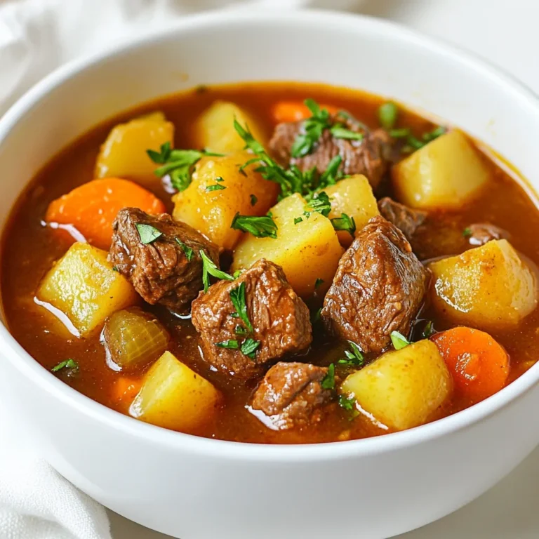 - 2 pounds beef chuck, cut into 1-inch cubes - 3 tablespoons olive oil - 1 large onion, chopped - 3 cloves garlic, minced - 4 carrots, sliced - 3 potatoes, diced - 2 cups beef broth - 1 cup diced tomatoes (canned or fresh) - 1 tablespoon tomato paste - 2 teaspoons Worcestershire sauce - 2 teaspoons dried thyme - 1 teaspoon dried rosemary - Salt and pepper to taste - 1 bay leaf - Fresh parsley for garnish The beef is the star of this stew. I use chuck because it’s tender and flavorful. The vegetables bring color and nutrition. Onions and garlic add depth to the taste. Broth and seasonings are key for flavor. Beef broth makes the stew rich. The Worcestershire sauce adds a savory kick. Thyme and rosemary give it a warm, earthy aroma. - Additional spices - Garnishes You can add a pinch of paprika for warmth or a dash of hot sauce for heat. Fresh herbs like thyme or rosemary can also enhance the flavor. Garnishing with fresh parsley adds a pop of color and freshness. You can also serve with crusty bread for soaking up the rich broth. - Dutch oven - Cooking utensils A Dutch oven is best for this stew. It can handle high heat and keeps the stew warm. Use basic utensils like a wooden spoon for stirring and a knife for chopping. Having the right tools makes cooking easier. A good cutting board helps with prep. Enjoy the process and make it fun! {{ingredient_image_1}} Start by gathering your ingredients. You’ll need: - 2 pounds beef chuck, cut into 1-inch cubes - 3 tablespoons olive oil - 1 large onion, chopped - 3 cloves garlic, minced - 4 carrots, sliced - 3 potatoes, diced - 2 cups beef broth - 1 cup diced tomatoes (canned or fresh) - 1 tablespoon tomato paste - 2 teaspoons Worcestershire sauce - 2 teaspoons dried thyme - 1 teaspoon dried rosemary - Salt and pepper to taste - 1 bay leaf - Fresh parsley for garnish Next, set up your cooking space. A large Dutch oven works best for this stew. Make sure you have a sturdy cutting board and sharp knife ready. Keep a spoon and measuring cups nearby for easy use. Heat the olive oil in the Dutch oven over medium-high heat. You want it hot but not smoking. Season the beef cubes with salt and pepper. Add the beef in batches. Brown each batch for about 5 to 7 minutes. This step adds rich flavor. Once browned, move the beef to a plate and keep it warm. In the same pot, add the chopped onion and minced garlic. Sauté them for 3 to 4 minutes. The onion should look soft and clear. Next, stir in the tomato paste and cook for 1 more minute. This thickens the stew and adds depth. Now, add the diced tomatoes, beef broth, Worcestershire sauce, thyme, rosemary, and bay leaf. Bring this mixture to a boil. Return the browned beef to the pot. Lower the heat to medium-low. Cover the pot and let it simmer for 1 hour. After 1 hour, gently stir in the sliced carrots and diced potatoes. Cover it again and keep simmering for another 30 to 45 minutes. You’ll know it’s done when the beef is tender and the veggies are cooked through. Remove the bay leaf. Taste the stew, adjusting the salt and pepper if needed. Serve hot, garnished with fresh parsley. Enjoy your hearty comfort in a bowl! To enhance flavors in your Pioneer Beef Stew, try these simple tips: - Brown the beef well: This step adds depth and richness to the stew. Use high heat and don’t crowd the pan. Brown in batches if needed. - Build layers of flavor: After browning the beef, sauté the onions and garlic until soft. This step brings out their natural sweetness. - Use fresh herbs: If possible, use fresh thyme and rosemary instead of dried. They can boost the taste greatly. Common mistakes to avoid include: - Skipping the browning step: This can lead to a stew that lacks depth. - Not tasting as you go: Always taste the stew before serving. Adjust salt and pepper for the best flavor. For presentation, ladle the stew into deep bowls. - Garnish with fresh parsley: This adds a pop of color and freshness. - Serve with crusty bread: It’s perfect for soaking up the rich broth. Pair your stew with: - A simple green salad: A light salad balances the hearty stew. - A glass of red wine: It complements the flavors of the beef well. To save time when making Pioneer Beef Stew, consider these strategies: - Make-ahead options: Prepare the stew a day before. The flavors deepen overnight. - Quick prep methods: Chop vegetables while the beef browns. This keeps things moving smoothly. Using these tips can help you create a delicious stew with ease. Enjoy cooking! Pro Tips Choose the Right Cut: For the best flavor and tenderness, use beef chuck, as it becomes melt-in-your-mouth delicious during slow cooking. Layering Flavors: Browning the beef and sautéing the onions and garlic first builds a rich base for the stew, enhancing the overall taste. Vegetable Variations: Feel free to add other root vegetables like parsnips or turnips for added flavor and texture. Make Ahead: This stew tastes even better the next day, so consider making it in advance and reheating before serving. {{image_2}} Alternative proteins If you want to switch up the beef, try using chicken or turkey. These meats cook faster. You can also use firm tofu for a vegetarian option. Just make sure to adjust cooking times to keep the dish tender and tasty. Vegetable swaps Feel free to mix in different vegetables. Sweet potatoes add a nice sweetness. Green beans or peas can bring a pop of color. You can also use parsnips or turnips for a unique flavor twist. Just remember to cut them to a similar size for even cooking. Slow cooker adaptation For a slow cooker, brown the meat first. Then, add all ingredients into the slow cooker. Set it on low for eight hours or high for four hours. This makes the meat so tender, and the flavors blend well. Instant pot version Using an Instant Pot can save you time. Brown the beef using the sauté function. Then, add all other ingredients. Seal the lid and cook on high pressure for 35 minutes. Let it naturally release pressure for 10 minutes for the best results. Different herbs and spices You can change the flavor by adding herbs. Try using oregano for a Mediterranean twist or cumin for a warm, earthy taste. Fresh herbs like basil or cilantro can brighten the stew. Incorporating regional ingredients To give it a local touch, add ingredients from your area. For example, if you live near the coast, toss in some seafood like shrimp. In the Southwest, adding corn and black beans can give your stew a unique flair. Each region has flavors that can make this dish special. To keep your Pioneer Beef Stew fresh, store it in the fridge. It stays good for about 3 to 4 days. Use airtight containers to prevent leaks and keep it tasty. Glass or plastic containers both work well. Make sure to let the stew cool before sealing it. This helps avoid extra moisture inside the container. You can freeze Pioneer Beef Stew for longer storage. Use freezer-safe containers or heavy-duty freezer bags. Leave some space at the top of the container, as the stew will expand when frozen. It’s best to freeze it within two hours of cooking. Label each container with the date. To thaw, move the stew from the freezer to the fridge. Let it sit for 8 to 12 hours before reheating. When reheating your stew, you have a few choices. The best method is to use the stove. Pour the stew into a pot and heat on low. Stir often until it’s hot. You can also use the microwave. Place the stew in a microwave-safe bowl and cover it. Heat it in short bursts, stirring in between. This helps heat it evenly. Avoid boiling to keep the meat and veggies tender. Pioneer Beef Stew is a classic dish that warms your heart. It comes from early American settlers. They needed filling meals for long days. This stew uses simple ingredients like beef, vegetables, and broth. It celebrates hearty, rustic flavors. You can enjoy this dish on cold days or family gatherings. Yes, you can make Pioneer Beef Stew ahead of time. It actually tastes better the next day. To prep in advance, cook the stew fully. Let it cool, then store it in the fridge. Use airtight containers for best results. You can also freeze it for later. Just remember to thaw it overnight before reheating. Pioneer Beef Stew pairs well with many sides. Here are some tasty options: - Crusty bread for dipping - Mashed potatoes for creaminess - A green salad for freshness - Rice to soak up the broth Choose one or more of these sides to make your meal even better. Pioneer Beef Stew lasts about 3 to 4 days in the fridge. Keep it in a sealed container to stay fresh. If you notice any off smells or colors, it’s best to throw it out. Always reheat it until it’s steaming hot to enjoy safely. Pioneer Beef Stew combines beef, fresh veggies, and rich broth to create warmth. You now know how to set up, cook, and serve this tasty dish. Remember the tips for perfecting your stew, and feel free to try different flavors. Storing and reheating is easy, so enjoy it later! Whether you stick to the classic recipe or explore variations, it's a win. Try it today and share your delicious results!