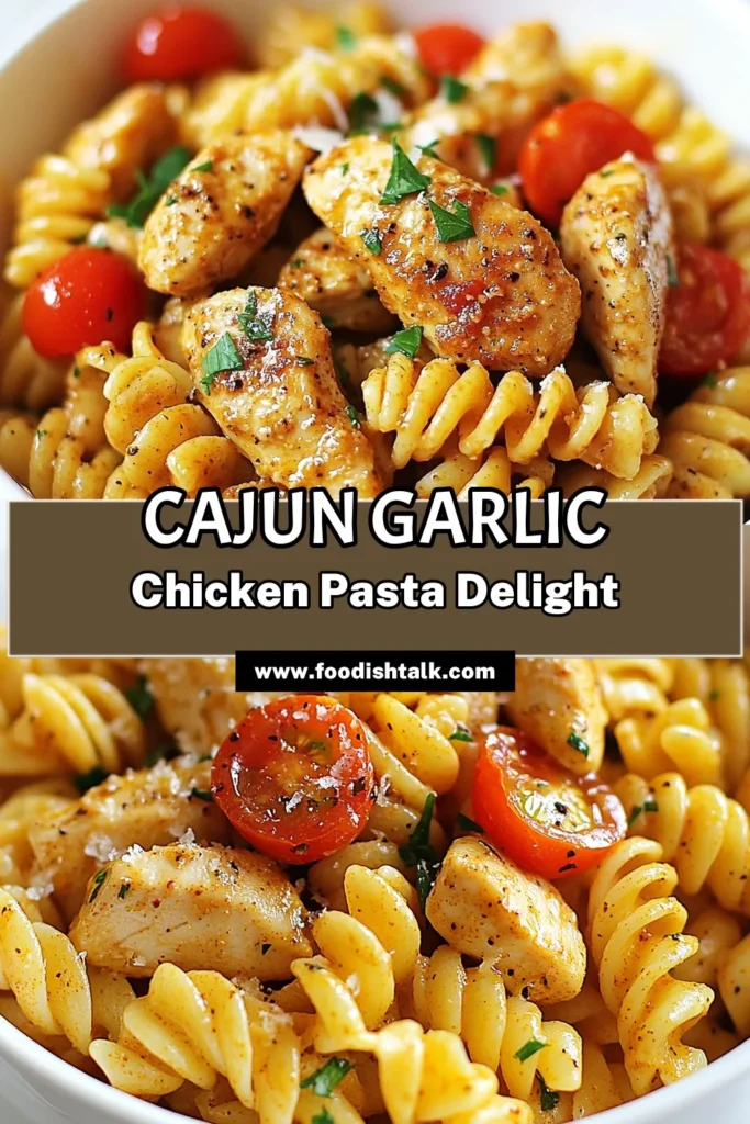 Indulge in this flavorful Cajun Garlic Chicken Rotini, a perfect easy chicken pasta dish for busy weeknights. This creamy Cajun chicken pasta features tender rotini tossed with seasoned chicken, fresh veggies, and a luscious creamy sauce. It's an irresistible Cajun chicken rotini recipe that will quickly become a family favorite! Save this recipe for a delicious meal tonight! #CajunGarlicChickenPasta #RotiniRecipes #CreamyCajunChicken #EasyChickenPastaDish