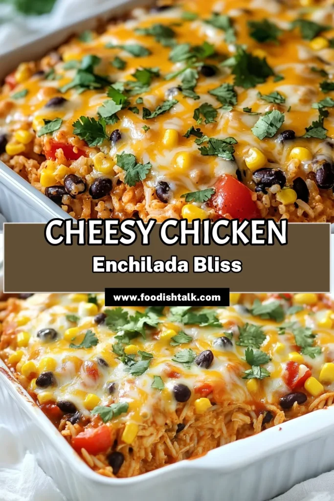 Discover the deliciousness of Chicken Enchilada Rice Casserole, a perfect dish for busy nights! This easy chicken casserole recipe combines shredded chicken, rice, black beans, and spices topped with melted cheese for a creamy chicken and rice casserole that's sure to please. Try this enchilada rice casserole recipe today and enjoy baked chicken enchiladas with minimal effort. Save and share this tasty recipe! #ChickenEnchiladaRiceCasserole #EasyCasseroleRecipes #MexicanFood #WeeknightDinners