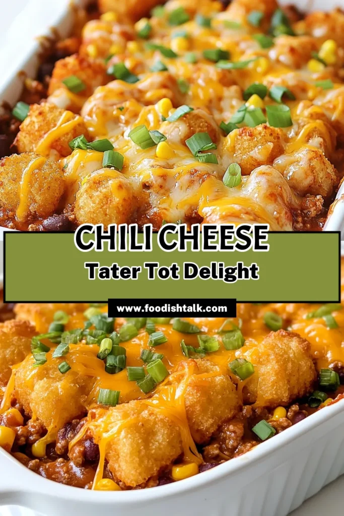 Discover the ultimate comfort food with this Chili Cheese Tater Tot Casserole! This easy Tater Tot casserole recipe combines ground beef, chili beans, and cheesy goodness for a crowd-pleasing meal. Perfect for family dinners, this cheesy chili casserole is not only delicious but quick to prepare. Try this comforting dish tonight and watch it become a family favorite! Save for later! #ChiliCheeseTaterTotCasserole #ComfortFood #EasyRecipes #CasseroleDelight
