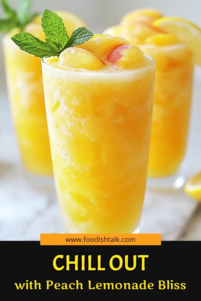 Beat the summer heat with this frosty peach lemonade recipe! This refreshing peach drink combines fresh peaches and zesty lemon for the ultimate peach lemonade slush. Perfect for gatherings, this homemade lemonade with peaches will become your go-to summer peach beverage. Don’t miss out on this easy recipe that will delight your taste buds. Try it now and save for later! #PeachLemonade #SummerDrinks #RefreshingBeverages #HomemadeLemonade