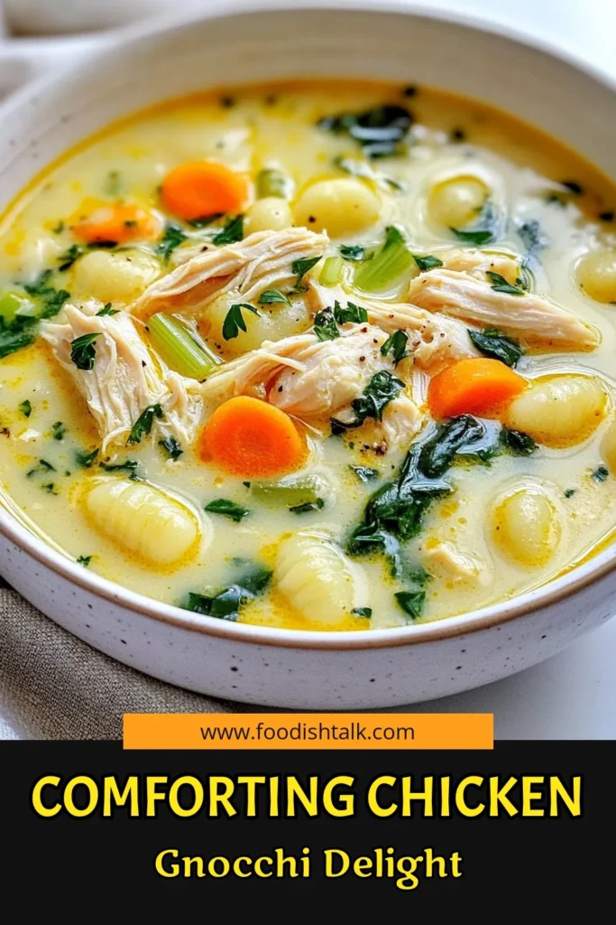 Cozy up with this delicious Cozy Chicken Gnocchi Soup, a perfect Comforting Chicken Soup for chilly days. This easy Chicken Gnocchi Soup Recipe combines tender chicken, creamy broth, and fluffy gnocchi for a hearty meal. Experience ultimate comfort with this Easy Gnocchi Soup that's sure to please everyone! Don't miss out—save this recipe for a warm and satisfying dish tonight! #ChickenGnocchiSoup #ComfortFood #EasyRecipes #SoupSeason