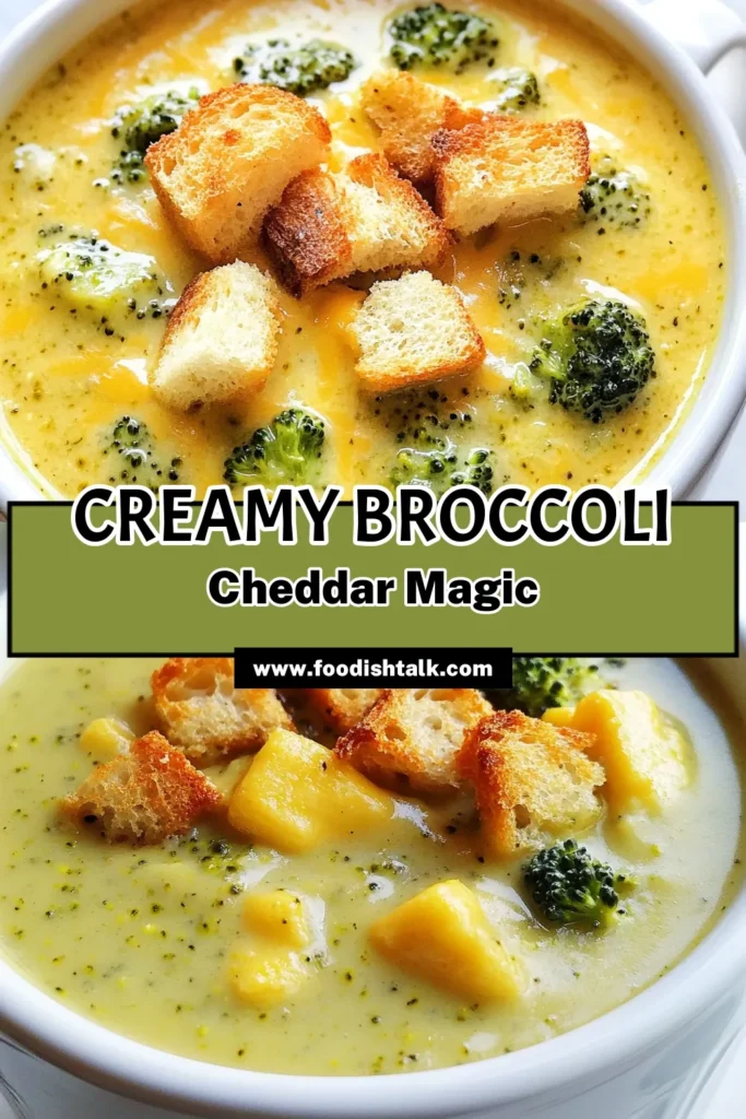 Indulge in this creamy broccoli cheddar soup that's both easy and delicious! Our easy broccoli cheddar recipe features fresh broccoli, sharp cheddar cheese, and cream for a comforting homemade broccoli cheese soup ready in just 40 minutes. Perfect as a vegetarian broccoli soup option, this cheddar cheese soup with cream is ideal for chilly days. Try it now and keep it saved for later! #BroccoliCheddarSoup #HomemadeSoup #VegetarianRecipes #CheddarCheeseSoup