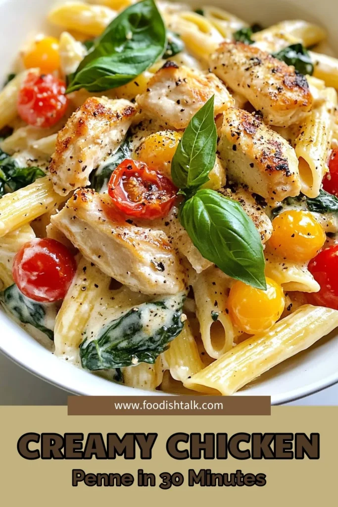 Discover the perfect Creamy Chicken Penne recipe that's sure to impress! This easy creamy pasta dish features penne pasta with chicken, fresh spinach, and juicy cherry tomatoes, all enveloped in a delicious creamy sauce. Ideal for quick dinner recipes, this comforting meal can be ready in just 30 minutes. Try it tonight and savor the flavors! Save this recipe for your next family dinner. #CreamyChickenPenne #EasyPastaDishes #QuickDinner #ChickenAndSpinachPasta