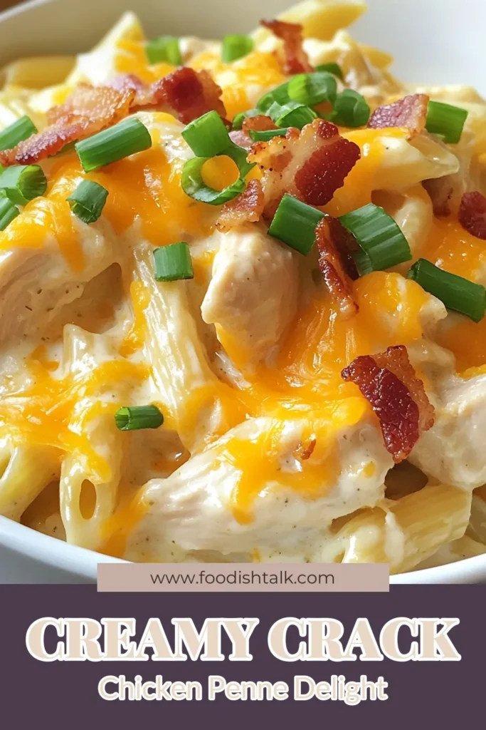 Try this mouthwatering Crack Chicken Penne recipe for a quick and easy penne pasta dish that combines creamy chicken pasta with ranch seasoning chicken flavor. This delicious chicken and bacon pasta recipe is perfect for busy nights or family gatherings. In just 25 minutes, you'll have a comforting meal everyone will love. Grab your ingredients and make this delightful dish today! #CrackChickenPenne #CreamyChickenPasta #EasyPastaDish #ChickenAndBaconPasta