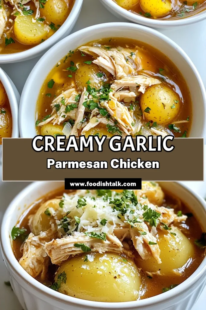 Discover the mouthwatering flavors of Garlic Parmesan Chicken with this easy Crockpot Chicken recipe! Perfect for busy weeknights, this dish combines tender chicken and Parmesan Garlic Potatoes for a satisfying meal. In just a few simple steps, you’ll create an unforgettable chicken and potato recipe that makes dinner a breeze. Save this for your next easy chicken dinner! #CrockpotChickenRecipes #GarlicParmesanChicken #EasyChickenDinner #ChickenAndPotatoRecipes
