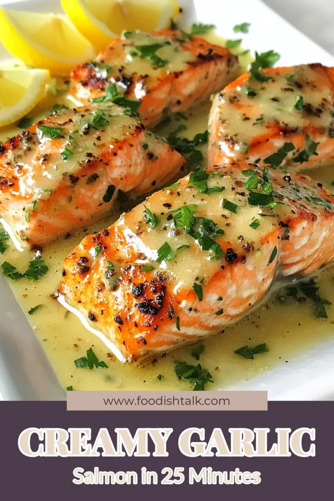 Indulge in this delicious Creamy Garlic Salmon Recipe that's perfect for an Easy Salmon Dinner! With rich Garlic Butter Salmon Fillets coated in a luscious Lemon Cream Salmon sauce, this dish is sure to impress. Whip it up in just 25 minutes and savor the Best Salmon Cream Sauce for your weeknight meals. Don't miss out on this mouthwatering recipe; save it for later! #SalmonRecipe #DinnerIdeas #CreamySauce #HealthyEating