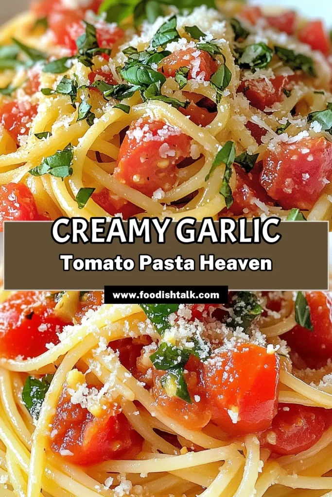 Whip up this creamy garlic tomato pasta for a delightful meal! This easy pasta recipe features a delicious tomato cream sauce that perfectly coats spaghetti with garlic. Ready in just 25 minutes, it's ideal for quick dinner recipes. Perfectly seasoned with oregano and topped with fresh basil and Parmesan, this dish will impress everyone. Save this recipe now and enjoy a comforting bowl of goodness tonight! #CreamyGarlicTomatoPasta #EasyPastaRecipe #QuickDinnerRecipes #TomatoCreamSauce