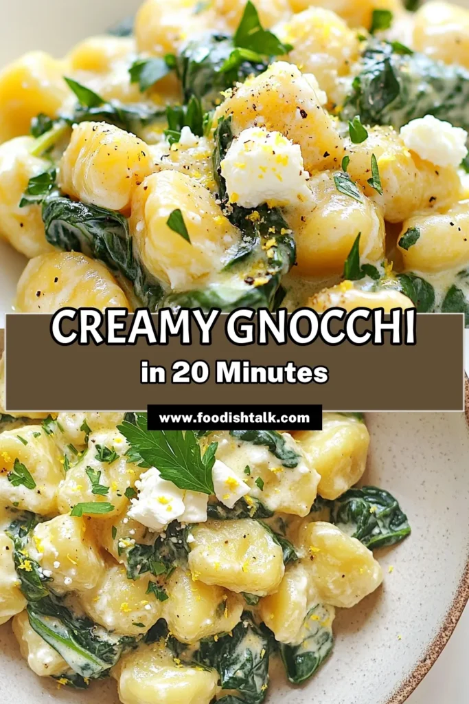 Savor the flavors of this creamy gnocchi recipe featuring spinach and feta! This easy gnocchi with cream comes together in just 20 minutes, making it a perfect vegetarian gnocchi dish for busy weeknights. Brighten your plate with lemon spinach gnocchi that’s both delicious and satisfying. Don’t forget to save this recipe for your next meal! #CreamyGnocchi #SpinachFetaGnocchi #EasyGnocchi #VegetarianRecipes