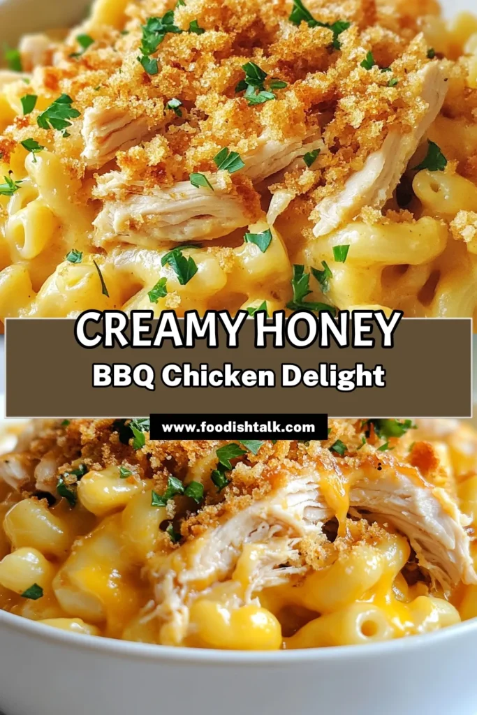 Indulge in the ultimate comfort food with this Honey BBQ Chicken Mac and Cheese! This cheesy BBQ chicken pasta combines creamy macaroni and cheese with tender chicken, all smothered in a sweet honey BBQ sauce. It's a baked mac and cheese recipe you won’t forget. Perfect for family dinners or gatherings, this dish will satisfy everyone’s cravings. Save this recipe for your next meal! #HoneyBBQChickenMacAndCheese #ComfortFood #CheesyPasta #BakedMacAndCheese