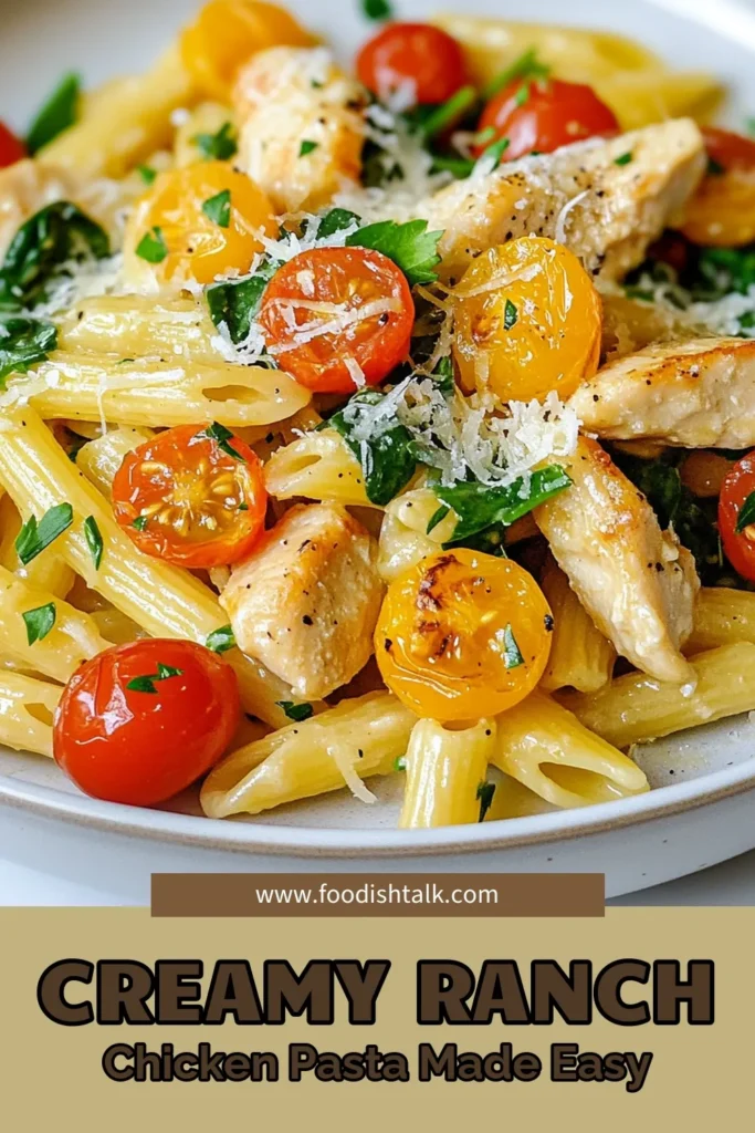 Craving an easy chicken pasta recipe? Try this Creamy Ranch Chicken Pasta! In just 30 minutes, whip up a delicious one-pot chicken pasta meal featuring tender chicken, fresh spinach, and vibrant cherry tomatoes all coated in a dreamy ranch dressing pasta sauce. Perfect for busy nights, this creamy pasta with chicken and spinach is sure to impress. Save this recipe for a weeknight dinner that the whole family will love! #ChickenPasta #EasyDinner #OnePotMeal #PastaRecipe