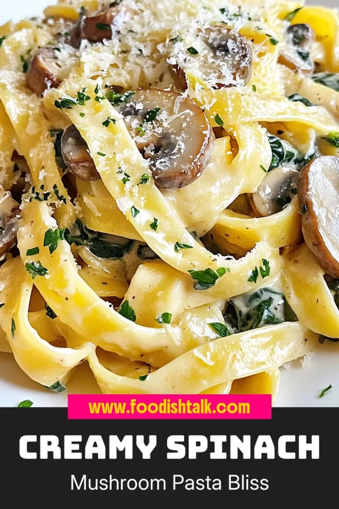 Indulge in this creamy mushroom spinach pasta that's perfect for any night! This easy spinach pasta recipe combines tender fettuccine with sautéed mushrooms and fresh spinach in a rich fettuccine cream sauce. Enjoy the delightful flavors of this vegetarian pasta with mushrooms, topped with Parmesan for extra creaminess. Ready in just 25 minutes, it’s a must-try! Save this delicious Parmesan mushroom pasta recipe for your next meal! #PastaRecipe #Vegetarian #CreamyPasta #MushroomRecipe