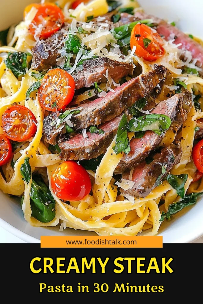 Indulge in this easy creamy pasta recipe featuring creamy steak pasta that the whole family will love! This fettuccine with steak combines tender flank steak, fresh spinach, and cherry tomatoes in a luxurious sauce. Perfect for busy weeknights, this one-pot steak pasta meal is quick to make and packed with flavor. Discover the joy of a flank steak pasta dish that's ready in just 30 minutes. Save this recipe for your next dinner! #CreamySteakPasta #EasyPastaRecipe #WeeknightDinner #OnePotMeals