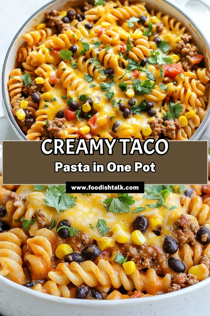 Discover the ultimate one-pot creamy taco pasta recipe that's perfect for a quick dinner! This easy taco pasta recipe features ground beef, flavorful taco seasoning, and creamy goodness, making it a hit for any night of the week. Ready in just 30 minutes, this creamy pasta dish is a family favorite. Try it out and bring a burst of flavor to your dinner table! Save this quick dinner recipe for later. #OnePotPasta #QuickDinner #TacoRecipe #CreamyPasta