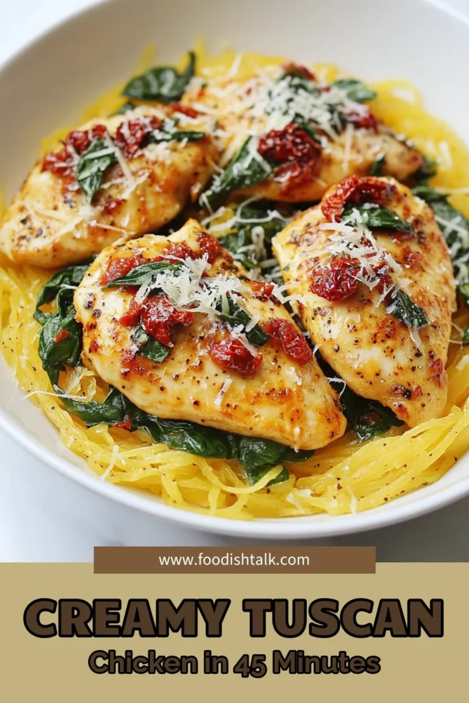 Indulge in this delicious Tuscan chicken recipe featuring tender chicken breasts smothered in a creamy sun-dried tomato sauce, served over roasted spaghetti squash. This healthy Italian chicken dish is an easy chicken dinner recipe sure to impress. Perfect for weeknight meals, it's packed with flavor and nutrition. Try this spaghetti squash chicken dish for a satisfying dinner tonight! Save this recipe for later! #TuscanChicken #SpaghettiSquash #EasyDinner #HealthyRecipes
