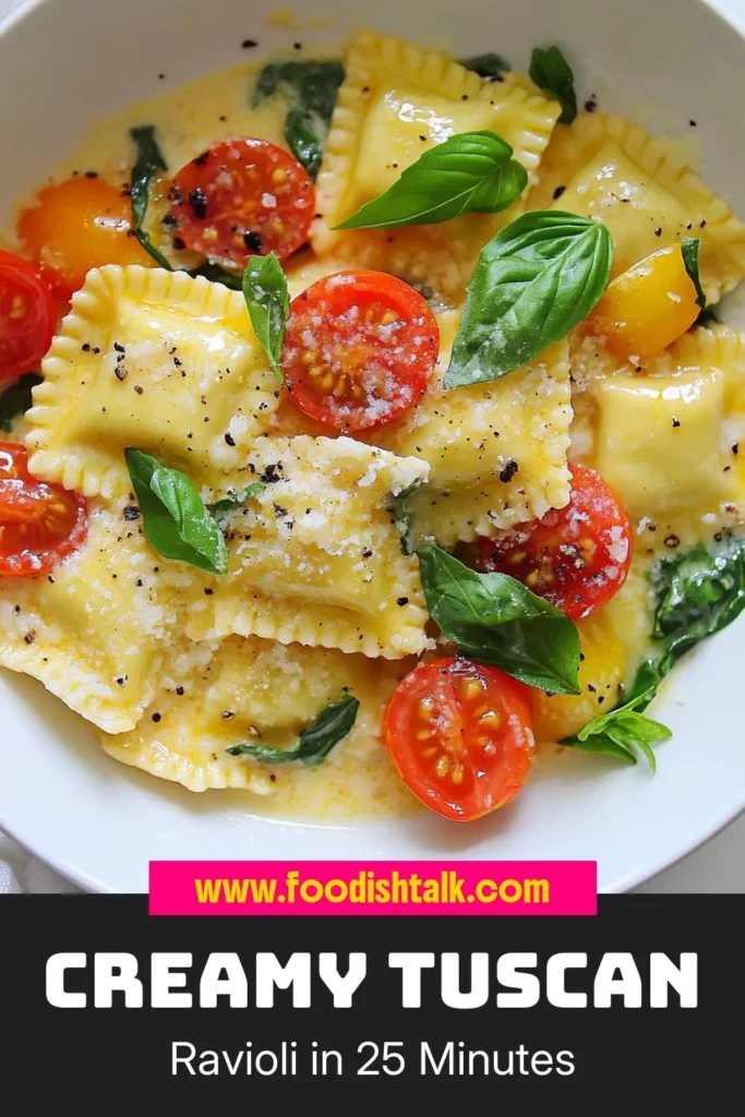 Indulge in this Creamy Tuscan Ravioli, an easy ravioli recipe that's perfect for a quick dinner! This Italian pasta dish features spinach and tomato ravioli, bathed in a rich, creamy sauce with garlic, tomatoes, and Parmesan. In just 25 minutes, you can serve a delightful meal that’s sure to impress. Try this delicious recipe and make your dinner memorable! Save this for later! #CreamyTuscanRavioli #EasyRavioliRecipe #ItalianPastaDish #QuickDinnerRecipes
