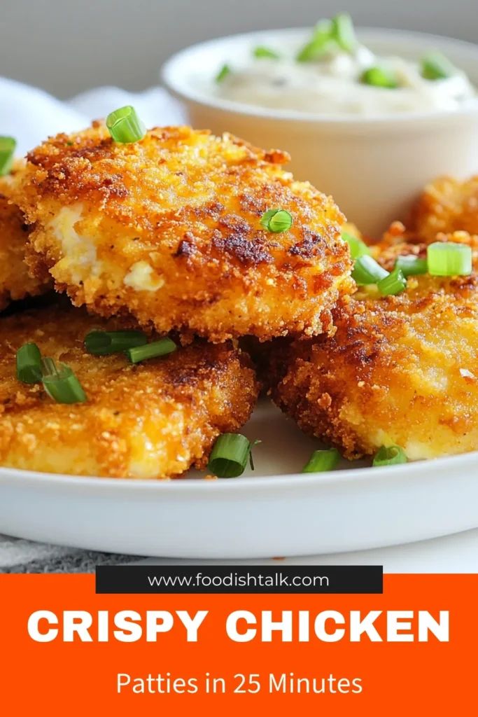 Discover how to make crispy canned chicken patties with this easy chicken patties recipe! These delicious fried chicken patties are perfect for any meal and use simple canned chicken recipes to create a flavorful dish. In just 25 minutes, you can enjoy golden brown, crunchy panko chicken patties that everyone will love. Try this recipe today and elevate your mealtime! #CannedChickenRecipes #EasyChickenPatties #PankoChickenPatties #ChickenPattiesRecipe