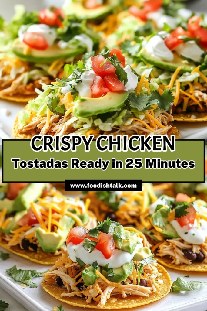 Indulge in these Crunchy Chicken Tostadas, a perfect blend of flavors for a quick and easy dinner! This Easy Chicken Tostada Recipe features delicious Mexican Tostadas with Refried Beans, topped with shredded lettuce, fresh tomatoes, and creamy avocado. Explore these Quick Dinner Tostada Ideas and customize with your favorite Tasty Chicken Tostada Toppings. Save this recipe for your next meal! #ChickenTostadas #EasyDinner #MexicanRecipe #TostadaToppings