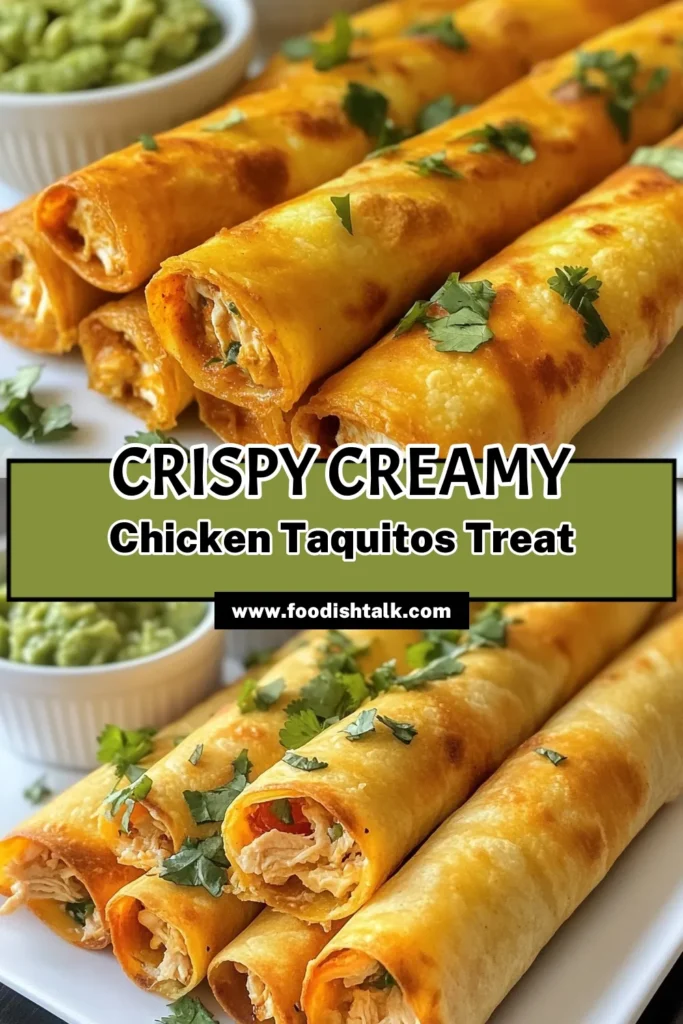 Savor the deliciousness of Creamy Chicken Taquitos with this easy chicken taquitos recipe. These baked taquitos with cream cheese are perfect for a quick meal or a party appetizer. Packed with shredded chicken and flavorful spices, they're irresistible when paired with salsa. Try this homemade taquitos recipe for a delightful twist on dinner. Click for the full recipe and save for later! #ChickenTaquitos #EasyRecipes #Taquitos #Foodie