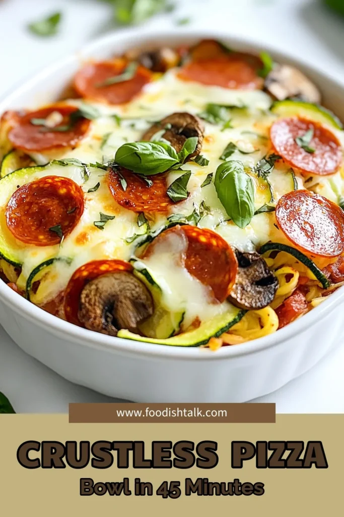 Enjoy a scrumptious low-carb dinner with this Low-Carb Crustless Pizza Bowl! This delicious crustless pizza recipe features a flavorful zucchini pizza bowl filled with fresh veggies, mozzarella, and your choice of pepperoni. A healthy pizza alternative that's perfect for any weeknight meal. Try this easy recipe today and delight in a guilt-free pizza experience! Save this for your next low-carb dinner recipe! #LowCarbPizzaBowl #HealthyRecipes #CrustlessPizza #ZucchiniPizzaBowl